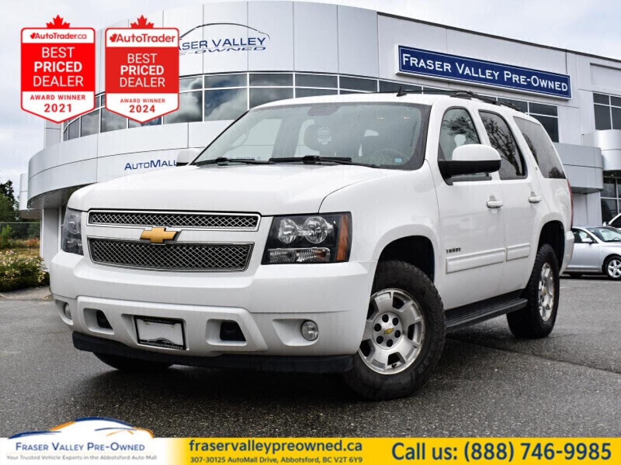 Steering Wheel Controls, Remote Start, Bluetooth, Remote Keyless Entry, SiriusXM, OnStar, Aluminum Wheels, Air Conditioning, Fog Lamps
 
 This Chevrolet Tahoe is a real contender if youre shopping for a large, truck-based SUV with three row seating and impressive towing capacity. This 2012 Chevrolet Tahoe is for sale today in Abbotsford. 
 
Chevrolet Tahoe is a full-size SUV that offers spaciousness and a strong towing capability. It also delivers surprising fuel efficiency. A fuel-saving transmission contributes to the Tahoe&rsquo;s highway fuel efficiency via reduced engine speed. Its easy to see why the Chevy Tahoe is a consistent leader in the full-size SUV segment. This SUV has 258,200 km. Its White in colour. It has a 6 Speed Automatic transmission and is powered by a 320HP 5.3L 8 Cylinder Engine. 
 
 Our Tahoes trim level is LT. Tahoe LT provides you the power to go from urban jungles to rugged terrains. Features include foglamps, a locking rear differential, tri-zone automatic climate control, driver memory functions, leather upholstery, remote vehicle start, rear parking assist, power adjustable pedals, leather-appointed first and second row seats, heated front seats, Bluetooth, SiriusXM, OnStar, and a 9-speaker Bose sound system.
 
To apply right now for financing use this link: https://www.fraservalleypreowned.ca/abbotsford-car-loan-application-british-columbia
 
 

| Our Quality Guarantee: We maintain the highest standard of quality that is required for a Pre-Owned Dealership to operate in an Auto Mall. We provide an independent 360-degree inspection report through licensed 3rd Party mechanic shops. Thus, our customers can rest assured each vehicle will be a reliable, and responsible purchase.  |  Purchase Disclaimer: Your selected vehicle may have a differing finance and cash prices. When viewing our vehicles on third party  marketplaces, please click over to our website to verify the correct price for the vehicle. The Sale Price on third party websites will always reflect the Finance Price of our vehicles. If you are making a Cash Purchase, please refer to our website for the Cash Price of the vehicle.  | All prices are subject to and do not include, a $995 Finance Fee, a $995 Document Fee, and a $150 GPS Lot Security fee.   These fees as well as taxes, are included in all listed listed payment quotes. Please speak with Dealer for full details and exact numbers.  o~o