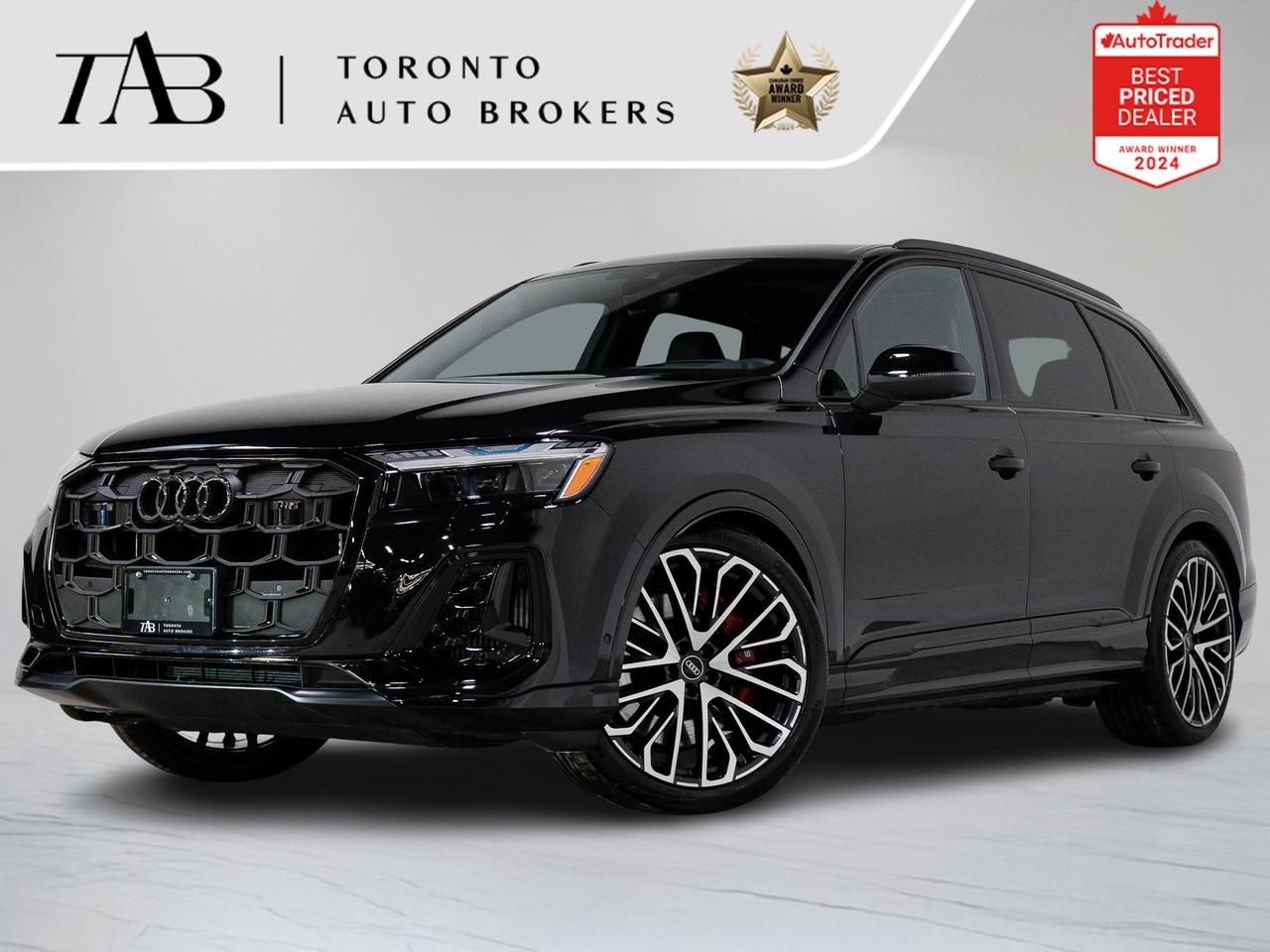 This 2025 Audi SQ7 4.0T Black Optics is a local Ontario vehicle with a clean Carfax report and remaining manufacturer warranty valid until June 1st, 2029 or up to 80,000 km, offering peace of mind alongside uncompromising performance and luxury.

Top Key Features:

1. Twin-Turbocharged 4.0L V8 Engine
2. Black Optics Package
3. quattro All-Wheel Drive 
4. 7-Passenger Seating Configuration
5. Panoramic Sunroof
6. Head-Up Display 
7. Audi Virtual Cockpit Plus 
8. Dual Touchscreen MMI Infotainment System with Navigation
9. Heated & Ventilated Front Seats
10. Valcona Leather Upholstery
11. Power Adjustable Front Seats with Driver Memory
12. Four-Zone Automatic Climate Control
13. Bang & Olufsen 3D Premium Sound System
14. Wireless Apple CarPlay & Android Auto
15. Wireless Charging & Multiple USB-C Ports
16. 360-Degree Camera System with Front & Rear Parking Sensors
17. 22-Inch Black Alloy Wheels
18. Matrix LED Headlights
19. Adaptive Air Suspension with Drive Select


NOW OFFERING 3 MONTH DEFERRED FINANCING PAYMENTS ON APPROVED CREDIT. 

WE OFFER THE BEST FINANCE RATES, AND DONT CHARGE ANY FINANCING FEE 

Looking for a top-rated pre-owned luxury car dealership in the GTA? Look no further than Toronto Auto Brokers (TAB)! Were proud to have won multiple awards, including the 2024 AutoTrader Best Priced Dealer, the 2024 CarGurus Award, the 2025 Top Choice Award, the 2025 Consumer Satisfaction Award, the 2025 Canadian Choice Award, the 2025 Three Best Rated Dealer Award, and many more!

With 30 years of experience serving the Greater Toronto Area, TAB is a respected and trusted name in the pre-owned luxury car industry. Our 30,000 sq.Ft indoor showroom is home to a wide range of luxury vehicles from top brands like BMW, Mercedes-Benz, Audi, Porsche, Land Rover, Jaguar, Aston Martin, Bentley, Maserati, and more. And we dont just serve the GTA, were proud to offer our services to all cities in Canada, including Vancouver, Montreal, Calgary, Edmonton, Winnipeg, Saskatchewan, Halifax, and more.

At TAB, were committed to providing a no-pressure environment and honest work ethics. As a family-owned and operated business, we treat every customer like family and ensure that every interaction is a positive one. Come experience the TAB Lifestyle at its truest form, luxury car buying has never been more enjoyable and exciting!

We offer a variety of services to make your purchase experience as easy and stress-free as possible. From competitive and simple financing and leasing options to extended warranties, aftermarket services, and full history reports on every vehicle, we have everything you need to make an informed decision. We welcome every trade, even if youre just looking to sell your car without buying, and when it comes to financing or leasing, we offer same day approvals, with access to over 50 lenders, including all of the banks in Canada. Feel free to check out your own Equifax credit score without affecting your credit score, simply click on the Equifax tab above and see if you qualify.

Call us today or visit our website to learn more about our inventory and services. And remember, all prices exclude applicable taxes and licensing, and vehicles can be certified at an additional cost of $999.