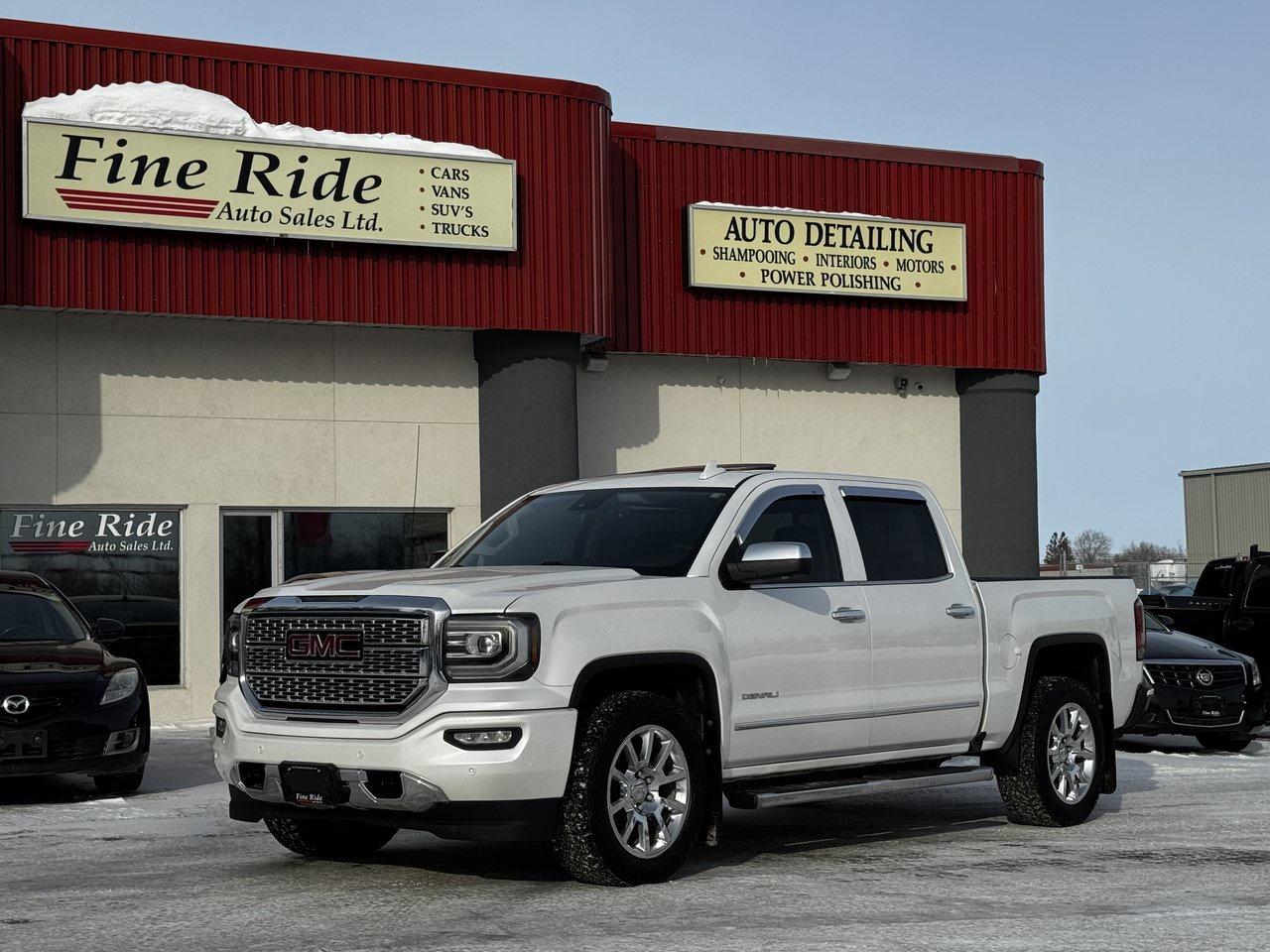<p>2018 GMC Sierra 1500 Denali Crew Cab 4X4</p><p>6.2LTR V8<br>A/C<br>Telescopic tilt steering<br>Cruise<br>Power locks<br>Power heated folding mirrors<br>Memory seat (drivers)<br>Power seats<br>Power pedals<br>Heated & air-conditioned seats<br>Power sliding rear window<br>5 passengers<br>AM/FM radio<br>INTELLINK  /  Bluetooth  /  NAV<br>242,000 HIGHWAY kms!<br>Front & rear parking sensors<br>Factory remote starter<br>Spray in box liner<br>20 chrome wheels<br>Back up camera<br>5.5ft box<br>Step bars<br>Fog lights<br>Sunroof<br>Original Manitoba truck!</p><p>GVW: 7,200LBS<br>Gear ratio: 3.23<br>Transmission: 8 speed, 8L90<br>Towing: Approximately 11,500LBS</p><p>$28,975 Safetied<br>Financing and Warranty Available at Fine Ride Auto Sales Ltd<br>www.FineRideAutoSales.ca</p><p>Call: 204-415-3300 or 1-855-854-3300<br>Text: 204-226-1790<br>View in person at: Unit 3-3000 Main Street</p><p>DLR# 4614<br>**Plus applicable taxes**</p><p></p><p><span style=color:#000000;><span style=font-family:book antiqua, palatino, serif;font-size:14pt;>Monday                9am to 6pm</span></span><br><span style=color:#000000;><span style=font-family:book antiqua, palatino, serif;font-size:14pt;>Tuesday               9am to 6pm</span></span><br><span style=color:#000000;><span style=font-family:book antiqua, palatino, serif;font-size:14pt;>Wednesday               9am to 6pm</span></span><br><span style=color:#000000;><span style=font-family:book antiqua, palatino, serif;font-size:14pt;>Thursday                9am to 6pm</span></span><br><span style=color:#000000;><span style=font-family:book antiqua, palatino, serif;font-size:14pt;>Friday                9am to 5pm</span></span><br><span style=color:#000000;><span style=font-family:book antiqua, palatino, serif;font-size:14pt;>Saturday                             10am to 2pm</span></span><br><span style=color:#000000;><span style=font-family:book antiqua, palatino, serif;font-size:14pt;>Sunday                    CLOSED</span></span></p>