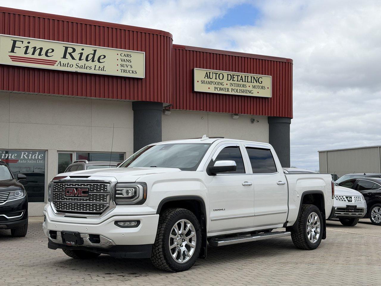 <p>2018 GMC Sierra 1500 Denali Crew Cab 4X4</p><p>6.2LTR V8<br>A/C<br>Telescopic tilt steering<br>Cruise<br>Power locks<br>Power heated folding mirrors<br>Memory seat (drivers)<br>Power seats<br>Power pedals<br>Heated & air-conditioned seats<br>Power sliding rear window<br>5 passengers<br>AM/FM radio<br>INTELLINK  /  Bluetooth  /  NAV<br>242,000 HIGHWAY kms!<br>Front & rear parking sensors<br>Factory remote starter<br>Spray in box liner<br>20 chrome wheels<br>Back up camera<br>5.5ft box<br>Step bars<br>Fog lights<br>Sunroof<br>Original Manitoba truck!</p><p>GVW: 7,200LBS<br>Gear ratio: 3.23<br>Transmission: 8 speed, 8L90<br>Towing: Approximately 11,500LBS</p><p>$27,475 Safetied<br>Financing and Warranty Available at Fine Ride Auto Sales Ltd<br>www.FineRideAutoSales.ca</p><p>Call: 204-415-3300 or 1-855-854-3300<br>Text: 204-226-1790<br>View in person at: Unit 3-3000 Main Street</p><p>DLR# 4614<br>**Plus applicable taxes**</p><p></p><p style=text-align:center;><span style=color:#000000;><i><span style=font-family:book antiqua, palatino, serif;font-size:14pt;><strong><u>***NEW SUMMER HOURS EFFECTIVE MAY 15, 2026***</u></strong></span></i></span></p><p style=text-align:center;><span style=color:#000000;><span style=font-family:book antiqua, palatino, serif;font-size:14pt;>Monday                9am to 6pm</span></span><br><span style=color:#000000;><span style=font-family:book antiqua, palatino, serif;font-size:14pt;>Tuesday               9am to 6pm</span></span><br><span style=color:#000000;><span style=font-family:book antiqua, palatino, serif;font-size:14pt;>Wednesday               9am to 8pm</span></span><br><span style=color:#000000;><span style=font-family:book antiqua, palatino, serif;font-size:14pt;>Thursday                9am to 6pm</span></span><br><span style=color:#000000;><span style=font-family:book antiqua, palatino, serif;font-size:14pt;>Friday                9am to 6pm</span></span><br><span style=color:#000000;><span style=font-family:book antiqua, palatino, serif;font-size:14pt;>Saturday                               CLOSED</span></span><br><span style=color:#000000;><span style=font-family:book antiqua, palatino, serif;font-size:14pt;>Sunday                                 CLOSED</span></span></p>