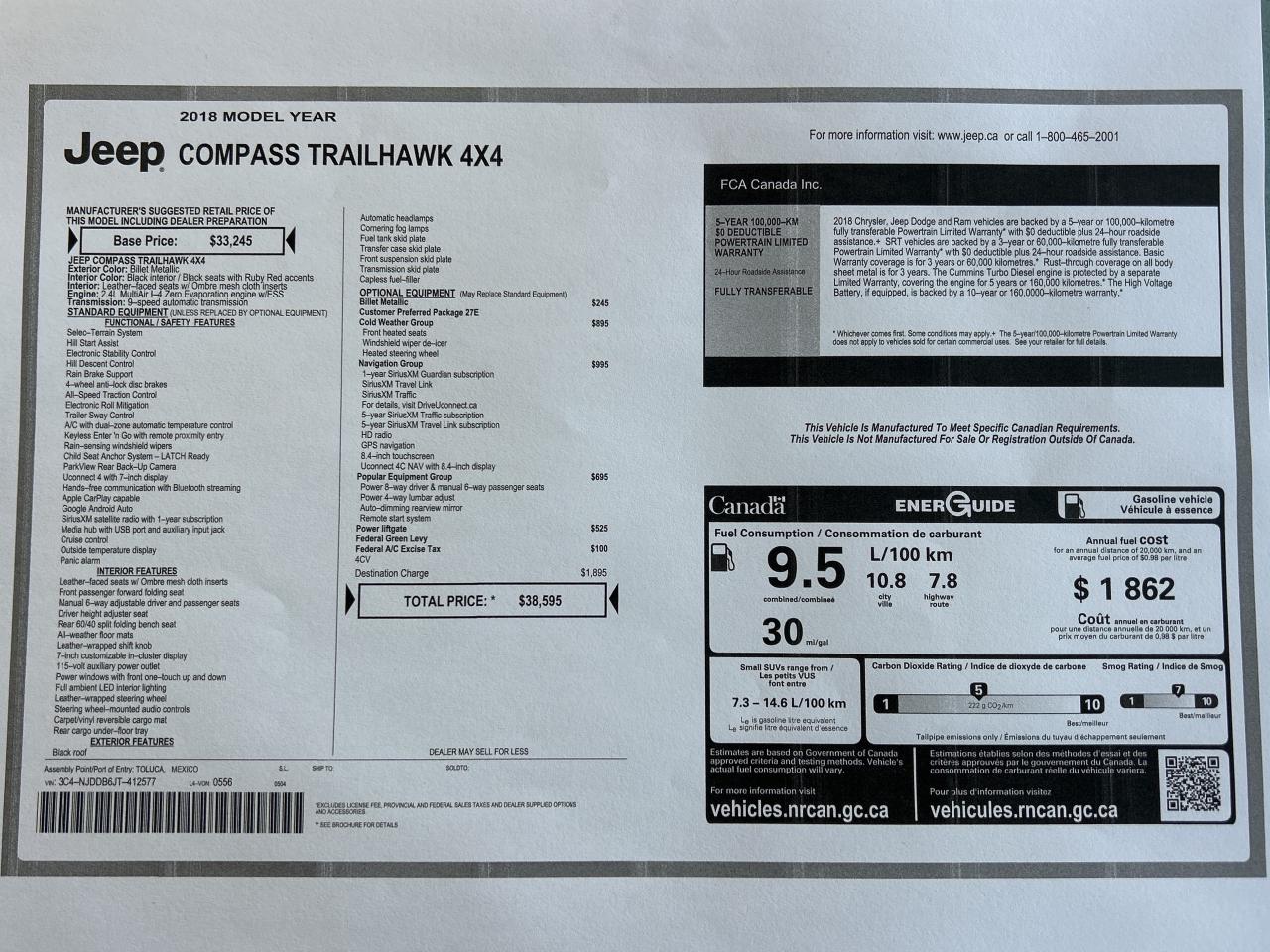 2018 Jeep Compass Trailhawk  4x4  ** SWEET  JEEP ! ** Photo