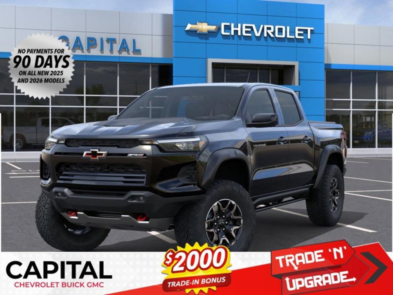 This Chevrolet Colorado boasts a Turbocharged Gas I4 2.7L/ engine powering this Automatic transmission. ZR2 PREFERRED EQUIPMENT GROUP includes standard equipment, TRANSMISSION, 8-SPEED AUTOMATIC (STD), TECHNOLOGY PACKAGE includes (KSG) Adaptive Cruise Control, (UKK) Rear Pedestrian Alert and (UV2) HD Surround Vision (Includes (UQA) Bose Premium Audio System.).* This Chevrolet Colorado Features the Following Options *REAR AXLE, 3.42 RATIO, LPO, PREMIER SOFT ROLL-UP TRUCK BED COVER BY REALTRUCK ADVANTAGE (dealer-installed), LPO, FLEXIBLE OFF-ROAD SPLASH GUARDS (dealer-installed), LPO, ALL-WEATHER FLOOR LINER, 1ST AND 2ND ROWS includes Chevrolet logo, (dealer-installed), ENGINE, TURBOMAX (310 hp [231 kW] @ 5600 rpm, 430 lb-ft of torque [583 Nm] @ 3000 rpm) (STD), ENGINE BLOCK HEATER, 3 YEARS SIRIUSXM, Wireless phone projection, for Apple CarPlay and Android Auto, Wireless Phone Charging (Not compatible with all phones or devices. Compliant devices include Qi technologies. Reference your mobile device manual to confirm what type of wireless power it uses.), Windshield, solar absorbing.* Visit Us Today *Come in for a quick visit at Capital Chevrolet Buick GMC Inc., 13103 Lake Fraser Drive SE, Calgary, AB T2J 3H5 to claim your Chevrolet Colorado!