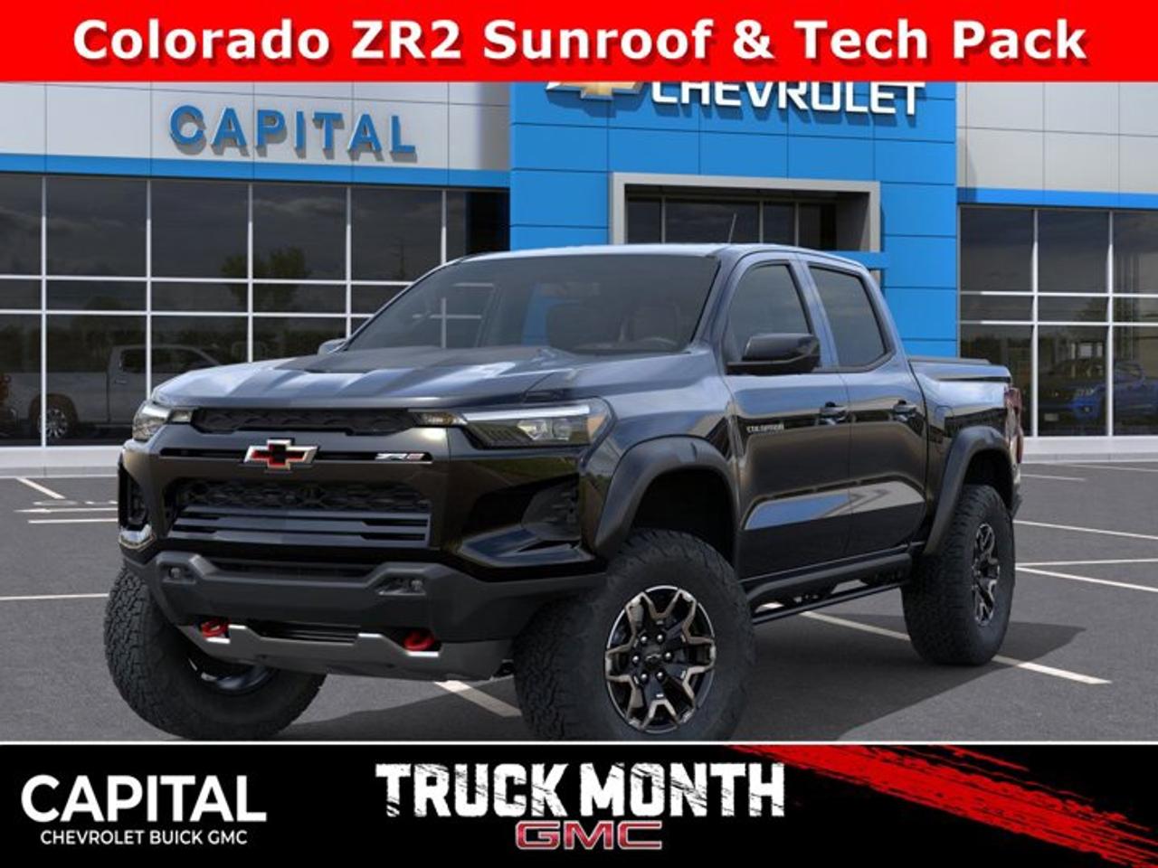 This Chevrolet Colorado boasts a Turbocharged Gas I4 2.7L/ engine powering this Automatic transmission. ZR2 PREFERRED EQUIPMENT GROUP includes standard equipment, TRANSMISSION, 8-SPEED AUTOMATIC (STD), TECHNOLOGY PACKAGE includes (KSG) Adaptive Cruise Control, (UKK) Rear Pedestrian Alert and (UV2) HD Surround Vision (Includes (UQA) Bose Premium Audio System.).* This Chevrolet Colorado Features the Following Options *REAR AXLE, 3.42 RATIO, LPO, PREMIER SOFT ROLL-UP TRUCK BED COVER BY REALTRUCK ADVANTAGE (dealer-installed), LPO, FLEXIBLE OFF-ROAD SPLASH GUARDS (dealer-installed), LPO, ALL-WEATHER FLOOR LINER, 1ST AND 2ND ROWS includes Chevrolet logo, (dealer-installed), ENGINE, TURBOMAX (310 hp [231 kW] @ 5600 rpm, 430 lb-ft of torque [583 Nm] @ 3000 rpm) (STD), ENGINE BLOCK HEATER, 3 YEARS SIRIUSXM, Wireless phone projection, for Apple CarPlay and Android Auto, Wireless Phone Charging (Not compatible with all phones or devices. Compliant devices include Qi technologies. Reference your mobile device manual to confirm what type of wireless power it uses.), Windshield, solar absorbing.* Visit Us Today *Come in for a quick visit at Capital Chevrolet Buick GMC Inc., 13103 Lake Fraser Drive SE, Calgary, AB T2J 3H5 to claim your Chevrolet Colorado!