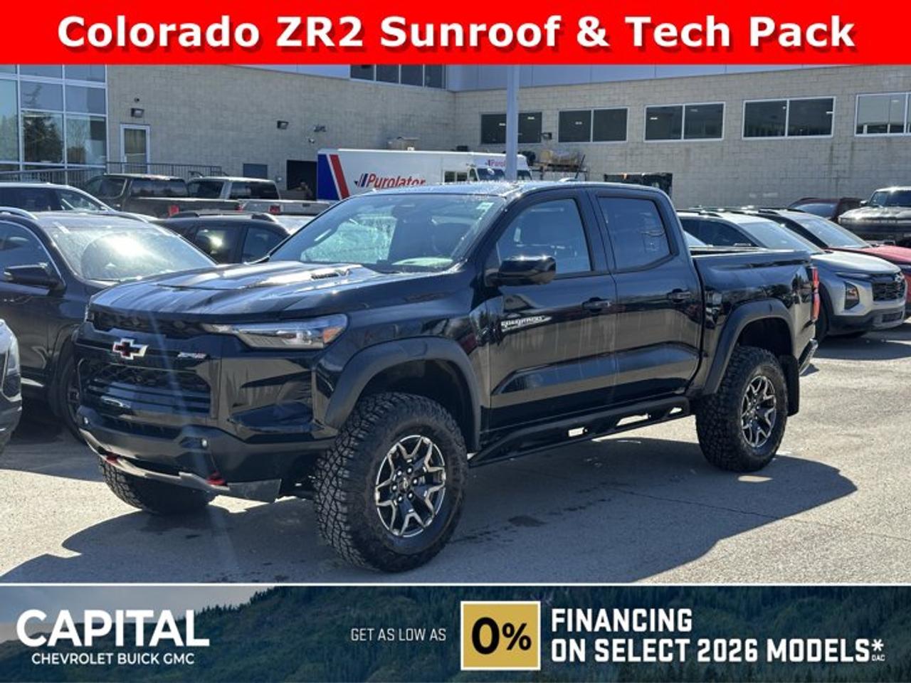 This Chevrolet Colorado boasts a Turbocharged Gas I4 2.7L/ engine powering this Automatic transmission. ZR2 PREFERRED EQUIPMENT GROUP includes standard equipment, TRANSMISSION, 8-SPEED AUTOMATIC (STD), TECHNOLOGY PACKAGE includes (KSG) Adaptive Cruise Control, (UKK) Rear Pedestrian Alert and (UV2) HD Surround Vision (Includes (UQA) Bose Premium Audio System.).* This Chevrolet Colorado Features the Following Options *REAR AXLE, 3.42 RATIO, LPO, PREMIER SOFT ROLL-UP TRUCK BED COVER BY REALTRUCK ADVANTAGE (dealer-installed), LPO, FLEXIBLE OFF-ROAD SPLASH GUARDS (dealer-installed), LPO, ALL-WEATHER FLOOR LINER, 1ST AND 2ND ROWS includes Chevrolet logo, (dealer-installed), ENGINE, TURBOMAX (310 hp [231 kW] @ 5600 rpm, 430 lb-ft of torque [583 Nm] @ 3000 rpm) (STD), ENGINE BLOCK HEATER, 3 YEARS SIRIUSXM, Wireless phone projection, for Apple CarPlay and Android Auto, Wireless Phone Charging (Not compatible with all phones or devices. Compliant devices include Qi technologies. Reference your mobile device manual to confirm what type of wireless power it uses.), Windshield, solar absorbing.* Visit Us Today *Come in for a quick visit at Capital Chevrolet Buick GMC Inc., 13103 Lake Fraser Drive SE, Calgary, AB T2J 3H5 to claim your Chevrolet Colorado!