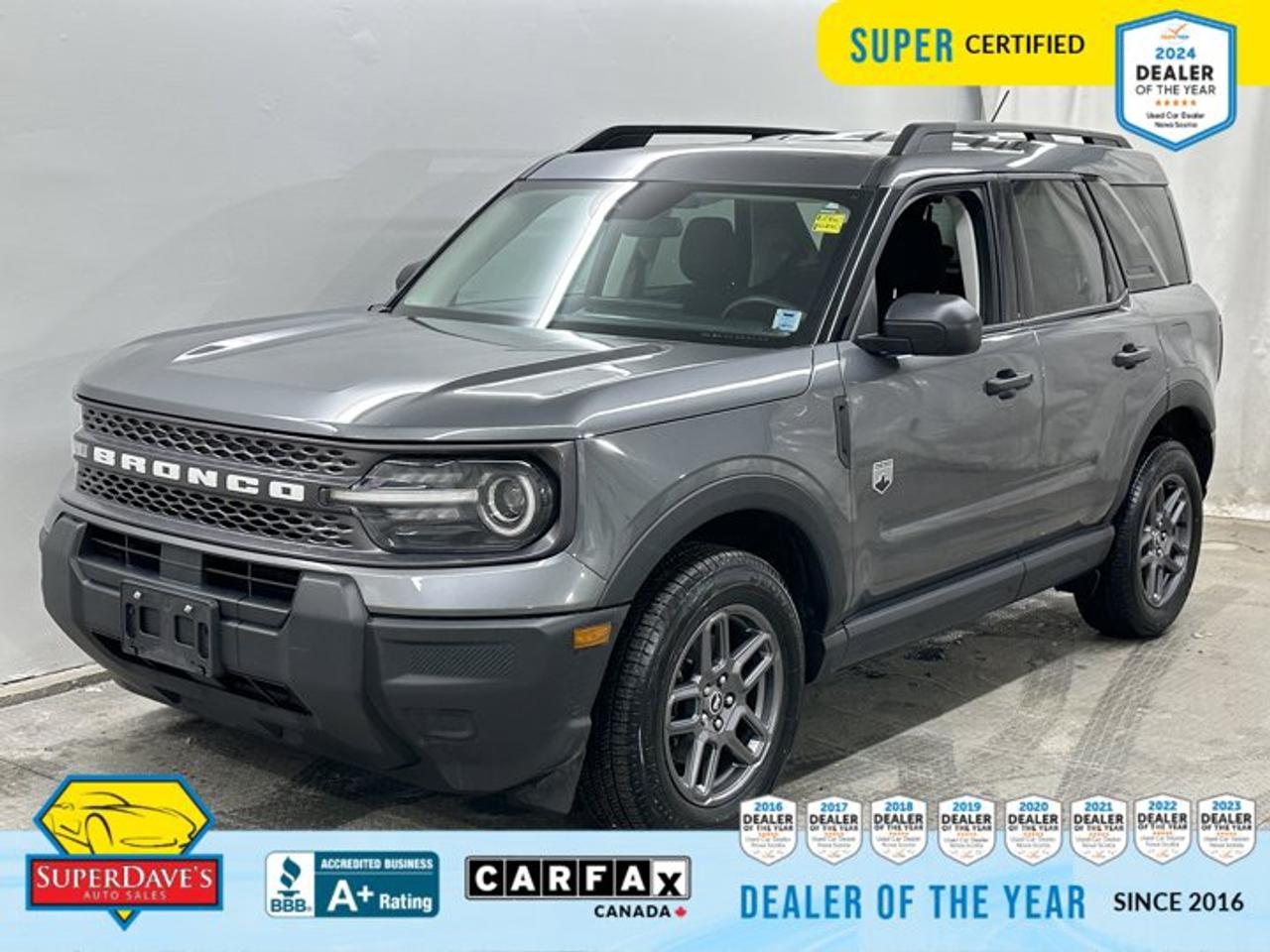 <p> ENGINE: 1.5L ECOBOOST  -inc: auto start-stop technology (STD), Compass, Wheels: 17 Carbonized Grey-Painted High Gloss -inc: Aluminum, Voice Activated Automatic Air Conditioning, Transmission: 8-Speed Automatic, Transmission w/Driver Selectable Mode, Tires: 225/65R17 102H All-Season BSW, Tire Specific Low Tire Pressure Warning, Tire Mobility Kit, SYNC 4 -inc: 13.2 LCD capacitive touchscreen in centre stack w/swipe capability, wireless phone connection, cloud connected, 911 Assist and wireless Apple CarPlay and Android Auto compatibility. This Ford BRONCO SPORT has a powerful Intercooled Turbo Regular Unleaded I-3 1.5 L/91 engine powering this Automatic transmission. </p> <p>These Packages Will Make Your Ford BRONCO SPORT BIG BEND The Envy of Your Friends <br /> Streaming Audio, Speed Sensitive Rain Detecting Variable Intermittent Wipers, Smart Device Remote Engine Start, Smart Device Integration, SiriusXM -inc: a 3-month trial subscription, All SiriusXM services require a subscription, sold separately by SiriusXM after the trial period, Your SiriusXM service will automatically stop at the end of your trial unless you decide to subscribe, If you decide to continue service, the subscription plan chosen will automatically renew and be charged according to your chosen payment method at the then-current rates, Fees and taxes apply, See the SiriusXM customer agreement and privacy policy at http://www.siriusxm.ca for full terms and how to cancel, which includes online methods or calling 1-888-539-7474, Visit http://www.siriusxm.ca/FAQS for most current service area information, Availability of some services and features is subject to device capabilities and location restrictions, All fees, content and features are subject to change, SiriusXM, Pandora and all related logos are trademarks of Sirius XM Radio Inc, and its respective subsidiaries, Side Impact Beams, Short And Long Arm Rear Suspension w/Coil Springs, Securilock Anti-Theft Ignition (pats) Immobilizer, Seats w/Cloth Back Material, Safety Canopy System Curtain 1st And 2nd Row Airbags, Remote Keyless Entry w/Integrated Key Transmitter, Illuminated Entry, Illuminated Ignition Switch and Panic Button, Redundant Digital Speedometer, Rear Parking Sensors, Rear Cross-Traffic Braking, Rear Child Safety Locks, Radio: AM/FM Stereo -inc: 6 speakers, speed-compensated volume and dual smart charging USB ports, Radio w/Seek-Scan, Clock, Steering Wheel Controls and Radio Data System, Quasi-Dual Stainless Steel Exhaust, Proximity Key For Doors And Push Button Start, Pre-Collision Assist with Automatic Emergency Braking (AEB). </p><br><p>THE SUPER DAVES ADVANTAGE</p> <p>BUY REMOTE - No need to visit the dealership. Through email, text, or a phone call, you can complete the purchase of your next vehicle all without leaving your house!</p> <p>DELIVERED TO YOUR DOOR - Your new car, delivered straight to your door! When buying your car with Super Daves, well arrange a fast and secure delivery. Just pick a time that works for you and well bring you your new wheels!</p> <p>PEACE OF MIND WARRANTY - Every vehicle we sell comes backed with a warranty so you can drive with confidence.</p> <p>EXTENDED COVERAGE - Get added protection on your new car and drive confidently with our selection of competitively priced extended warranties.</p> <p>WE ACCEPT TRADES - We&rsquo;ll accept your trade for top dollar! We&rsquo;ll assess your trade in with a few quick questions and offer a guaranteed value for your ride. We&rsquo;ll even come pick up your trade when we deliver your new car.</p> <p>SUPER CERTIFIED INSPECTION - Every vehicle undergoes an extensive 120 point inspection, that ensure you get a safe, high quality used vehicle every time.</p> <p>FREE CARFAX VEHICLE HISTORY REPORT - If youre buying used, its important to know your cars history. Thats why we provide a free vehicle history report that lists any accidents, prior defects, and other important information that may be useful to you in your decision.</p> <p>METICULOUSLY DETAILED &ndash; Buying used doesn&rsquo;t mean buying grubby. We want your car to shine and sparkle when it arrives to you. Our professional team of detailers will have your new-to-you ride looking new car fresh.</p> <p>(Please note that we make all attempt to verify equipment, trim levels, options, accessories, kilometers and price listed in our ads however we make no guarantees regarding the accuracy of these ads online. Features are populated by VIN decoder from manufacturers original specifications. Some equipment such as wheels and wheels sizes, along with other equipment or features may have changed or may not be present. We do not guarantee a vehicle manual, manuals can be typically found online in the rare event the vehicle does not have one. Please verify all listed information with our dealership in person before purchase. The sale price does not include any ongoing subscription based services such as Satellite Radio. Any software or hardware updates needed to run any of these systems would also be the responsibility of the client. All listed payments are OAC which means On Approved Credit and are estimated without taxes and fees as these may vary from deal to deal, taxes and fees are extra. As these payments are based off our lenders best offering they may be subject to change without notice. Please ensure this vehicle is ready to be viewed at the dealership by making an appointment with our sales staff. We cannot guarantee this vehicle will be on premises and ready for viewing unless and appointment has been made.)</p>