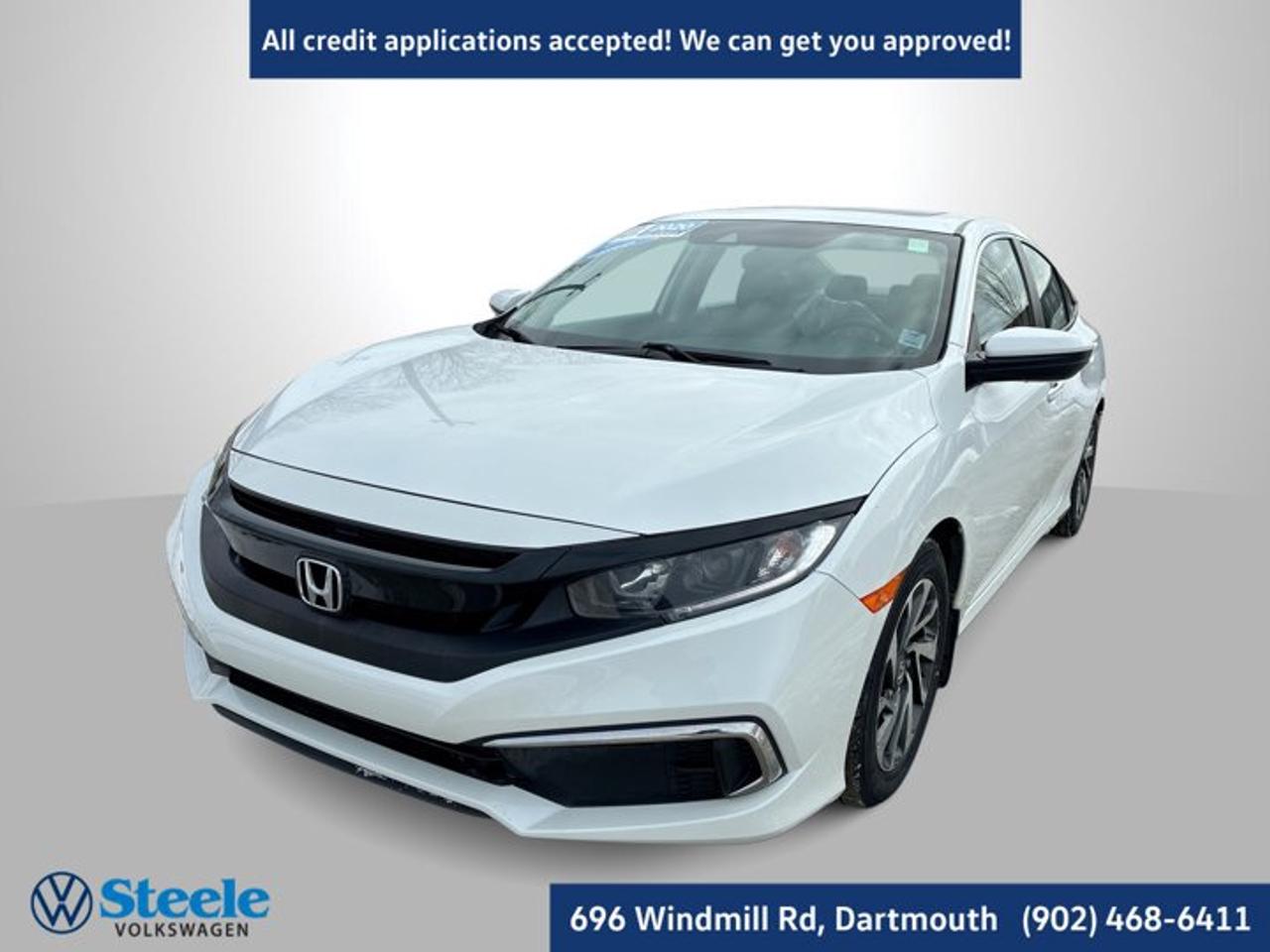THIS VEHICLE COMES WITH HONDA PLUS WARRANTY GOOD UNTIL 06/23/2027 OR 160,000KMS!2020 Honda Civic EX 4D Sedan White FWD CVT 2.0L I4 DOHC 16V i-VTECAt Steele Volkswagen, we have financing options available for all credit situations!, Black Cloth.This 2020 Honda Civic EX will not last long!! Call Now to reserve your Test Drive appointment!! 1-902-468-6411 or chat with us online at www.steelevw.ca.Odometer is 3651 kilometers below market average!Reviews:* This generation of Civic attracted shoppers with Hondas reputation for safety and reliability, and many owners report that good looks, a thoughtful and handy interior, and plenty of feature content for the money helped seal the deal. Headlight performance is highly rated, as is a smooth and punchy performance from the turbocharged engine. Source: autoTRADER.ca