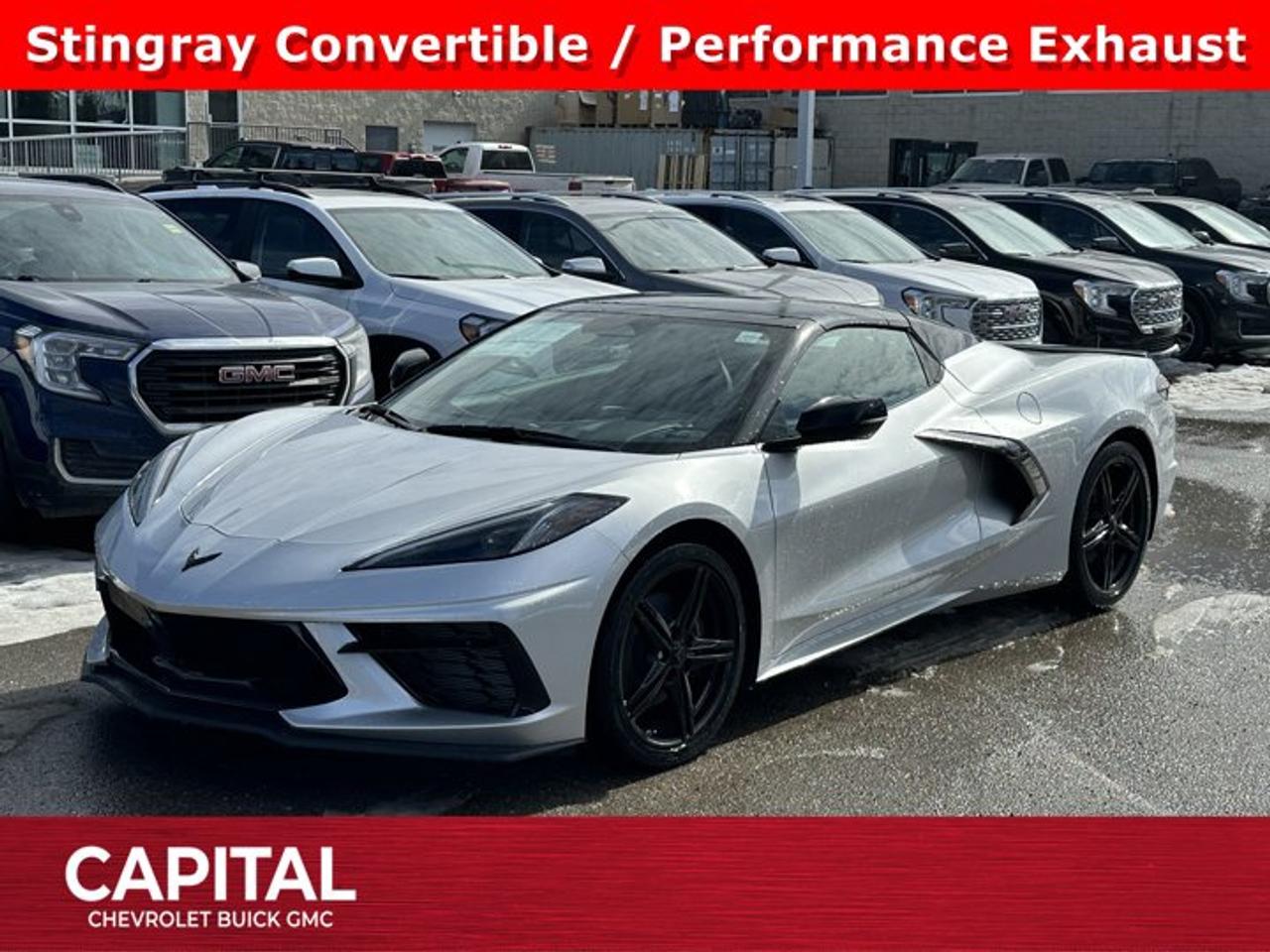 This Chevrolet Corvette delivers a Gas V8 6.2L/ engine powering this Automatic transmission. WHEELS, 19 X 8.5 (48.3 CM X 21.6 CM) FRONT AND 20 X 11 (50.8 CM X 27.9 CM) REAR 5-SPLIT-SPOKE GLOSS BLACK FORGED ALUMINUM, TRANSMISSION, 8-SPEED DUAL CLUTCH, INCLUDES MANUAL AND AUTO MODES (STD), SEATS, GT1 BUCKET (STD).* This Chevrolet Corvette Features the Following Options *CARBON FLASH METALLIC-PAINTED OUTSIDE MIRRORS AND SPOILER (WHEN EQUIPPED) includes (DRG) Carbon Flash Metallic-painted outside mirrors (Also includes Carbon Flash Metallic-painted spoiler when (Z51) Z51 Performance Package or (TVS) low-profile rear spoiler and front splitter is ordered., BATTERY PROTECTION PACKAGE , LPO, DARK STEALTH CROSSED FLAGS EMBLEM, FRONT Genuine Corvette Accessory, LPO, CUSTOM SPLASH GUARDS, BLACK Genuine Corvette Accessory, LOW-PROFILE REAR SPOILER AND FRONT SPLITTER, ENGINE, 6.2L V8 DI, HIGH-OUTPUT Variable Valve Timing (VVT), Active Fuel Management (AFM) (490 hp [365.4 kW] @ 6450 rpm, 465 lb-ft of torque [627.8 N-m] @ 5150 rpm) (STD), CONVERTIBLE TOP, CARBON FLASH-PAINTED NACELLES AND ROOF, BLADE SILVER METALLIC, 1LT PREFERRED EQUIPMENT GROUP includes standard equipment, Wireless Phone Charging wireless charging pad for phone or portable devices, located on centre console.* Visit Us Today *Test drive this must-see, must-drive, must-own beauty today at Capital Chevrolet Buick GMC Inc., 13103 Lake Fraser Drive SE, Calgary, AB T2J 3H5.