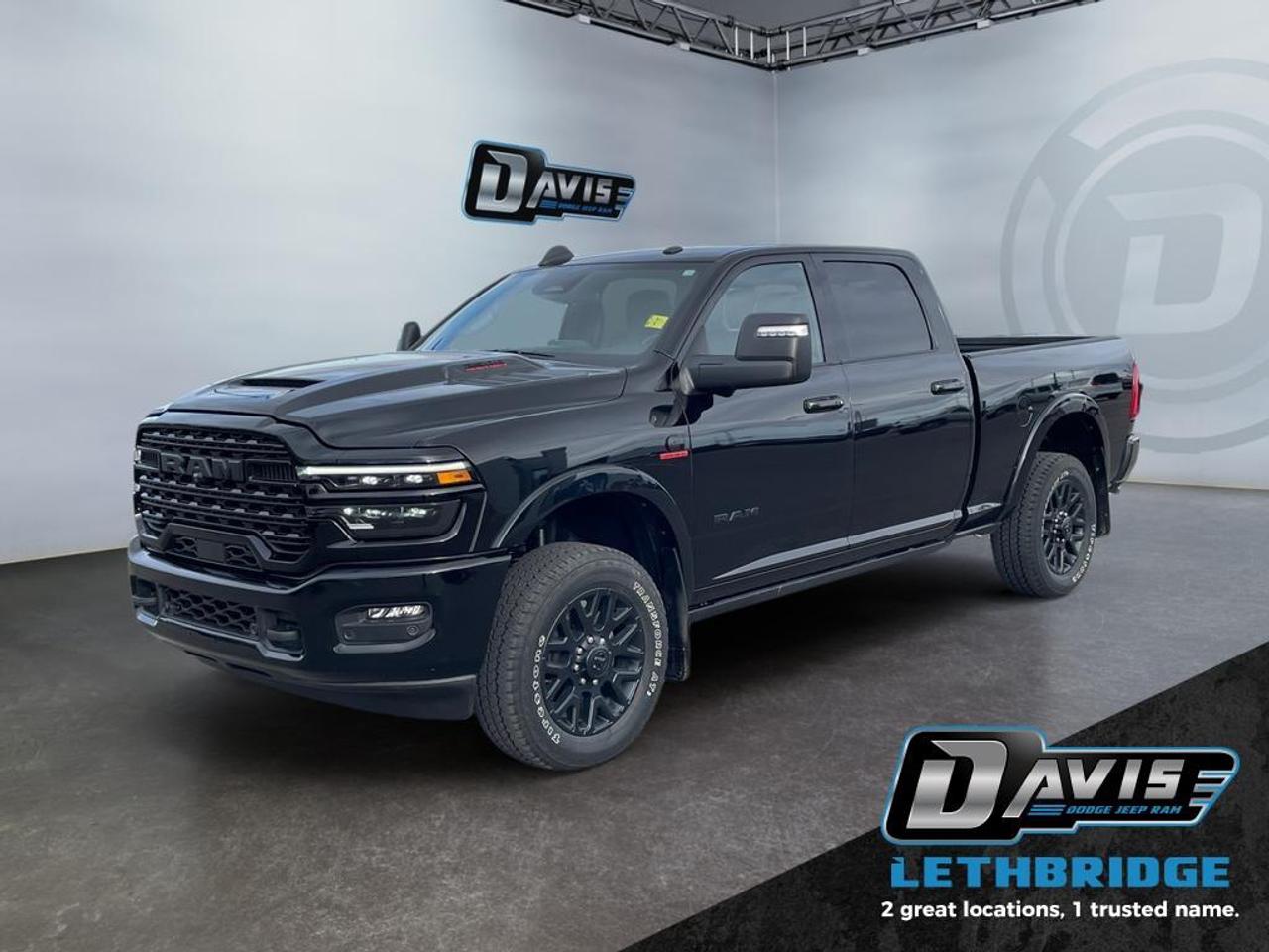 <b>Premium Audio, Wireless Charging, Navigation, Heated Seats, Blind Spot Detection!<br /> <br /></b><br /> The 2025 Ram 2500 Limited is a heavy-duty powerhouse built for work and luxury. Featuring the 6.7L Cummins HO Turbo Diesel engine paired with an 8-speed TorqueFlite HD automatic, this 4x4 crew cab offers exceptional towing, payload, and off-road capability with heavy-duty suspension, electronic locking differentials, and trailer sway damping.<br /><br />Its bold exterior includes a sport performance hood, body-color fender flares, black Limited badging, 20-inch Night Edition wheels, and LED lighting throughout. The cabin combines craftsmanship and comfort with ultra-premium leather seats, ventilated and heated front seats, wood and leather accents, heated steering wheel, and a full-length upgraded floor console.<br /><br />Technology and safety are highlighted with a 14.4-inch Uconnect 5 NAV touchscreen, Apple CarPlay, Android Auto, Alexa built-in, 360° Surround View Camera, adaptive cruise control, ParkSense front/rear assist, blind-spot monitoring, trailer tire pressure monitoring, and active lane management.<br /><br />The 2025 Ram 2500 Limited delivers unmatched capability, refined luxury, and advanced techperfect for heavy-duty work or weekend adventures.<br /> <br />To apply right now for financing use this link: <a href=https://lethbridge.davisdodge.ca/free-credit-check/ target=_blank rel=nofollow noopener noreferrer>https://lethbridge.davisdodge.ca/free-credit-check/</a><br /><br /> <br /><br />Locally Owned & Trusted for Over 35 Years  Davis Dodge in Lethbridge, AB <br /><br /> At Davis Dodge, weve proudly served the Lethbridge community for more than 35 years, offering an unparalleled car buying experience. Dont just take our word for itour Google reviews speak volumes about our commitment to exceptional service. <br /><br /> Delivery & At-Home Test Drives: Convenient options to suit your lifestyle. <br /><br /> Flexible Financing for Everyone: Get the vehicle you need with financing solutions tailored to your situation. <br /><br /> Full Mechanical Inspections & Professional Cleaning: Every vehicle is thoroughly inspected and cleaned before it hits our lot.<br /><br /> We take all makes and models on trade and offer competitive pricing with inventory that changes daily. Whether you're shopping for a Chrysler, Dodge, Jeep, RAM, or FIAT, our AMVIC Licensed dealership makes it easy to browse, buy, and drive away.<br /><br /> Located in Lethbridge, AB, we proudly serve customers in Fort Macleod, Taber, Claresholm, and Coaldale. Shop online or visit us today to experience the best in sales, service, and selection. Standard bank rates apply; taxes are additional.<br /><br /> Vehicle pricing offer shown expires 2026-04-30. <br /> Come by and check out our fleet of 80+ used cars and trucks and 110+ new cars and trucks for sale in Lethbridge. o~o