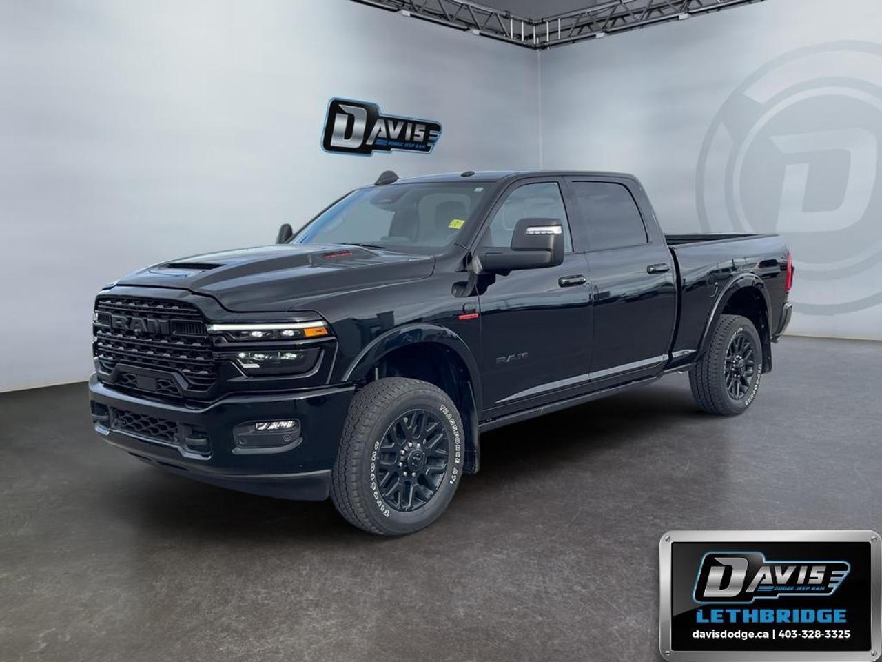 <b>Premium Audio, Wireless Charging, Navigation, Heated Seats, Blind Spot Detection!<br /> <br /></b><br /> The 2025 Ram 2500 Limited is a heavy-duty powerhouse built for work and luxury. Featuring the 6.7L Cummins HO Turbo Diesel engine paired with an 8-speed TorqueFlite HD automatic, this 4x4 crew cab offers exceptional towing, payload, and off-road capability with heavy-duty suspension, electronic locking differentials, and trailer sway damping.<br /><br />Its bold exterior includes a sport performance hood, body-color fender flares, black Limited badging, 20-inch Night Edition wheels, and LED lighting throughout. The cabin combines craftsmanship and comfort with ultra-premium leather seats, ventilated and heated front seats, wood and leather accents, heated steering wheel, and a full-length upgraded floor console.<br /><br />Technology and safety are highlighted with a 14.4-inch Uconnect 5 NAV touchscreen, Apple CarPlay, Android Auto, Alexa built-in, 360° Surround View Camera, adaptive cruise control, ParkSense front/rear assist, blind-spot monitoring, trailer tire pressure monitoring, and active lane management.<br /><br />The 2025 Ram 2500 Limited delivers unmatched capability, refined luxury, and advanced techperfect for heavy-duty work or weekend adventures.<br /> <br />To apply right now for financing use this link: <a href=https://lethbridge.davisdodge.ca/free-credit-check/ target=_blank rel=nofollow noopener noreferrer>https://lethbridge.davisdodge.ca/free-credit-check/</a><br /> <br /><br />Locally Owned & Trusted for Over 35 Years  Davis Dodge in Lethbridge, AB <br /><br /> At Davis Dodge, weve proudly served the Lethbridge community for more than 35 years, offering an unparalleled car buying experience. Dont just take our word for itour Google reviews speak volumes about our commitment to exceptional service. <br /><br /> Delivery & At-Home Test Drives: Convenient options to suit your lifestyle. <br /><br /> Flexible Financing for Everyone: Get the vehicle you need with financing solutions tailored to your situation. <br /><br /> Full Mechanical Inspections & Professional Cleaning: Every vehicle is thoroughly inspected and cleaned before it hits our lot.<br /><br /> We take all makes and models on trade and offer competitive pricing with inventory that changes daily. Whether you're shopping for a Chrysler, Dodge, Jeep, RAM, or FIAT, our AMVIC Licensed dealership makes it easy to browse, buy, and drive away.<br /><br /> Located in Lethbridge, AB, we proudly serve customers in Fort Macleod, Taber, Claresholm, and Coaldale. Shop online or visit us today to experience the best in sales, service, and selection. Standard bank rates apply; taxes are additional.<br /><br /> Vehicle pricing offer shown expires 2026-06-30. <br /> Come by and check out our fleet of 50+ used cars and trucks and 110+ new cars and trucks for sale in Lethbridge. o~o