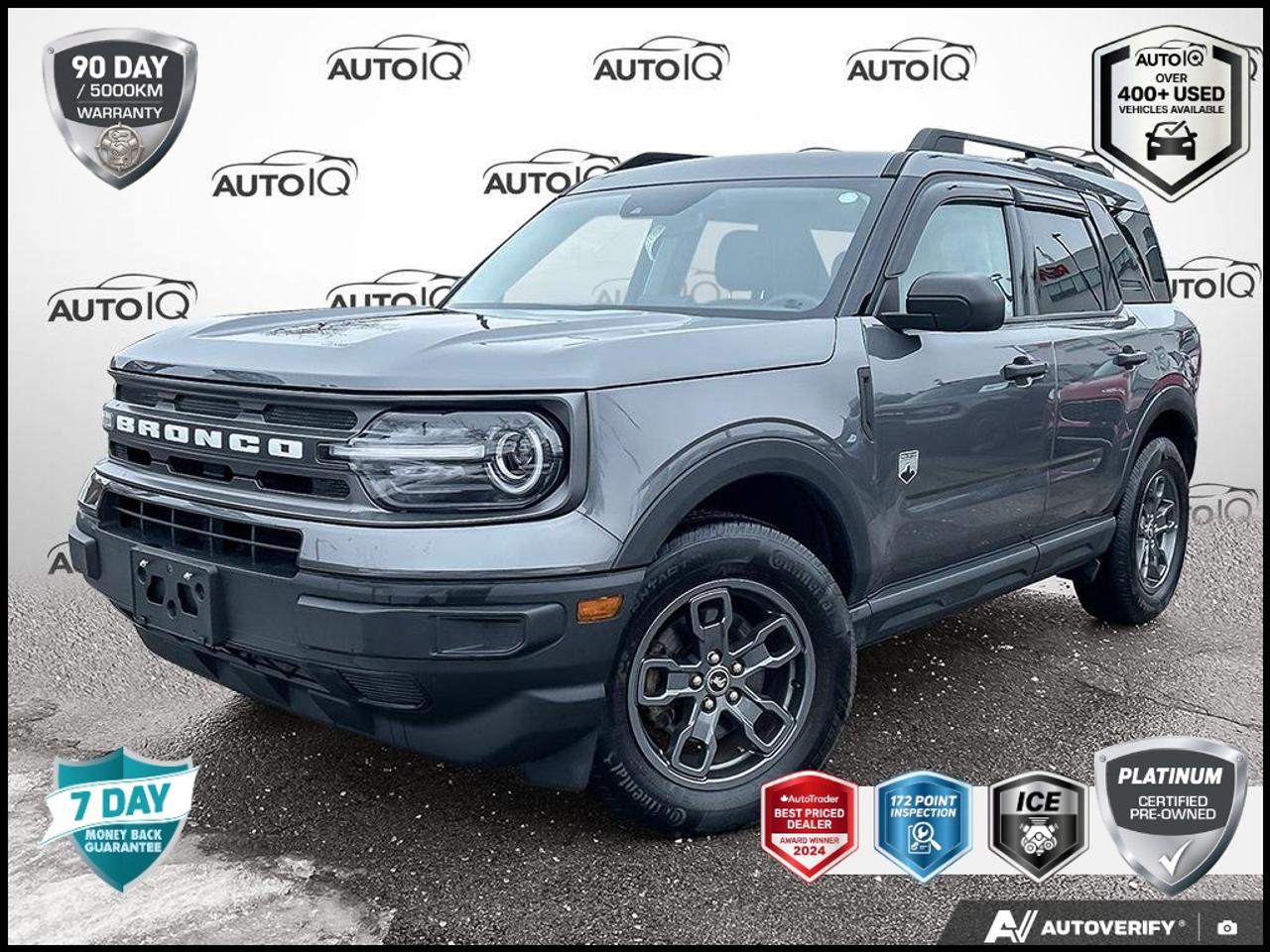 Recent Arrival!<br>Odometer is 30715 kilometers below market average! CARFAX Canada Low Kilometer<br><br>| Remote Start, Alloy wheels, Equipment Group 200A, Exterior Parking Camera Rear, Heated front seats, Power driver seat, Power steering.<br><br>Gray Metallic<br>2023 Ford Bronco Sport Big Bend LOW KMS 4X4 FACTORY WARRANTY 4D Sport Utility<br>1.5L EcoBoost 8-Speed Automatic<br>4WD<p> </p>

<h4>PLATINUM CERTIFIED PRE-OWNED VEHICLE</h4>

<p>
- 36-point Provincial Safety Inspection<br>
- 172-point inspection combined mechanical, aesthetic, functional inspection including a vehicle report card<br>
- Warranty: 90-days or 5,000 KM on inspected mechanical items, factory extended options eligible for warranty up to 200,000 KM<br>
- Complimentary CARFAX Vehicle History Report<br>
- 3X Provincial safety standard for tire tread depth<br>
- 3X Provincial safety standard for brake pad thickness<br>
- 7 Day Money Back Guarantee*<br>
- Market Value Report provided<br>
- Guaranteed 2 keys/key fobs and door code (if equipped)<br>
- Equipped vehicles include a complimentary 3 month Sirius satellite radio subscription!<br>
- Complimentary full interior detailing and carpet shampoo<br>
- Paintless dent repair and/or touch-ups for applicable body panels<br>
- Vehicle scanned for open recall notifications from manufacturer
</p>

<p>SPECIAL NOTE: This vehicle is reserved for AutoIQs retail customers only. Please, no dealer calls. Errors & omissions excepted.</p>

<p>*As-traded, specialty or high-performance vehicles are excluded from the 7-Day Money Back Guarantee Program (including, but not limited to Ford Shelby, Ford mustang GT, Ford Raptor, Chevrolet Corvette, Camaro 2SS, Camaro ZL1, V-Series Cadillac, Dodge/Jeep SRT, Hyundai N Line, all electric models)</p>