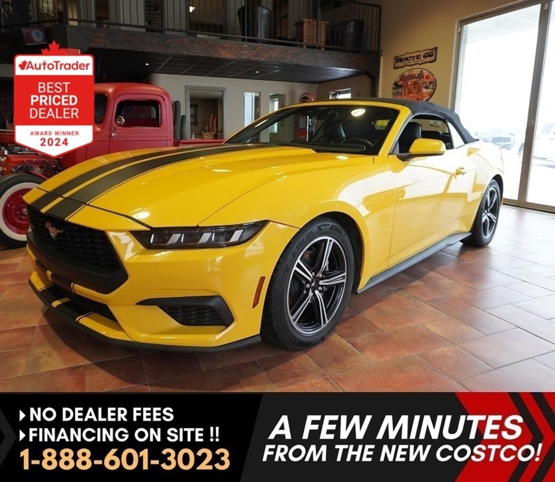 *** Dealer arranged financing on site! Quick, Simple,  no calls or waiting on bank appointments required!! Drive away today ***   NO ADMINISTRATION FEES!!

Turn Heads in This Stunning 2024 Ford Mustang Premium Convertible

Experience iconic American muscle with a modern edge in this 2024 Ford Mustang Premium Convertible EcoBoosta car that blends performance, technology, and unmistakable style.

Finished in a striking yellow exterior with bold black racing stripes and a sleek black power convertible top, this Mustang commands attention from every angle. Drop the top and let the world see you drive a true classic, re-imagined for today.

Under the hood, the 2.3L EcoBoost 4-cylinder engine delivers impressive turbocharged performance with excellent efficiency, giving you thrilling acceleration without sacrificing everyday drivability. Whether cruising the highway or carving through city streets, this Mustang delivers a confident, responsive ride.

Step inside and youre greeted by a premium leather interior and the all-new, fully digital dashboard, designed to put performance and technology right at your fingertips. The advanced cockpit features dual high-resolution displays, customizable drive modes, and an intuitive layout that feels both futuristic and driver-focused.

Key Features Include:

- 2.3L EcoBoost Turbocharged Engine
- Premium Trim Package
- Power Convertible Black Soft Top
- Eye-Catching Yellow Exterior with Black Stripes
- Premium Leather Seating
- All-New Digital Instrument Cluster and Center Display
- SYNC 4 Infotainment System with Touchscreen
- Apple CarPlay & Android Auto
- Push-Button Start
- Multiple Selectable Drive Modes
- Premium Wheels
- Advanced Safety and Driver-Assist Features
- Sport-Tuned Suspension for a Dynamic Drive

This Mustang isnt just a carits a statement. Sporty, aggressive, and refined, it offers the perfect balance of performance and comfort, making it ideal for both weekend fun and daily driving.

Available now at our dealership, If youre looking for a great-looking, head-turning convertible with modern tech and legendary Mustang DNA, this 2024 Mustang Premium EcoBoost is the one.

Contact us today to schedule a test drivethis beauty wont last long. Comes with a Manitoba Safety Certification, and we have many Extended Powertrain warranties available on your vehicle purchase up to 10-year coverage (on eligible vehicles see dealer for details). Financing on site with Zero down financing OAC. Trades accepted. View at Winnipeg West Automotive Group, 5195 Portage Ave. (only a couple of minutes past the new Costco) Dealer permit # 6007, Call now 1(888) 601-3023. This Car is located in Winnipeg Manitoba,  however we can have it shipped anywhere in North America relatively inexpensively.