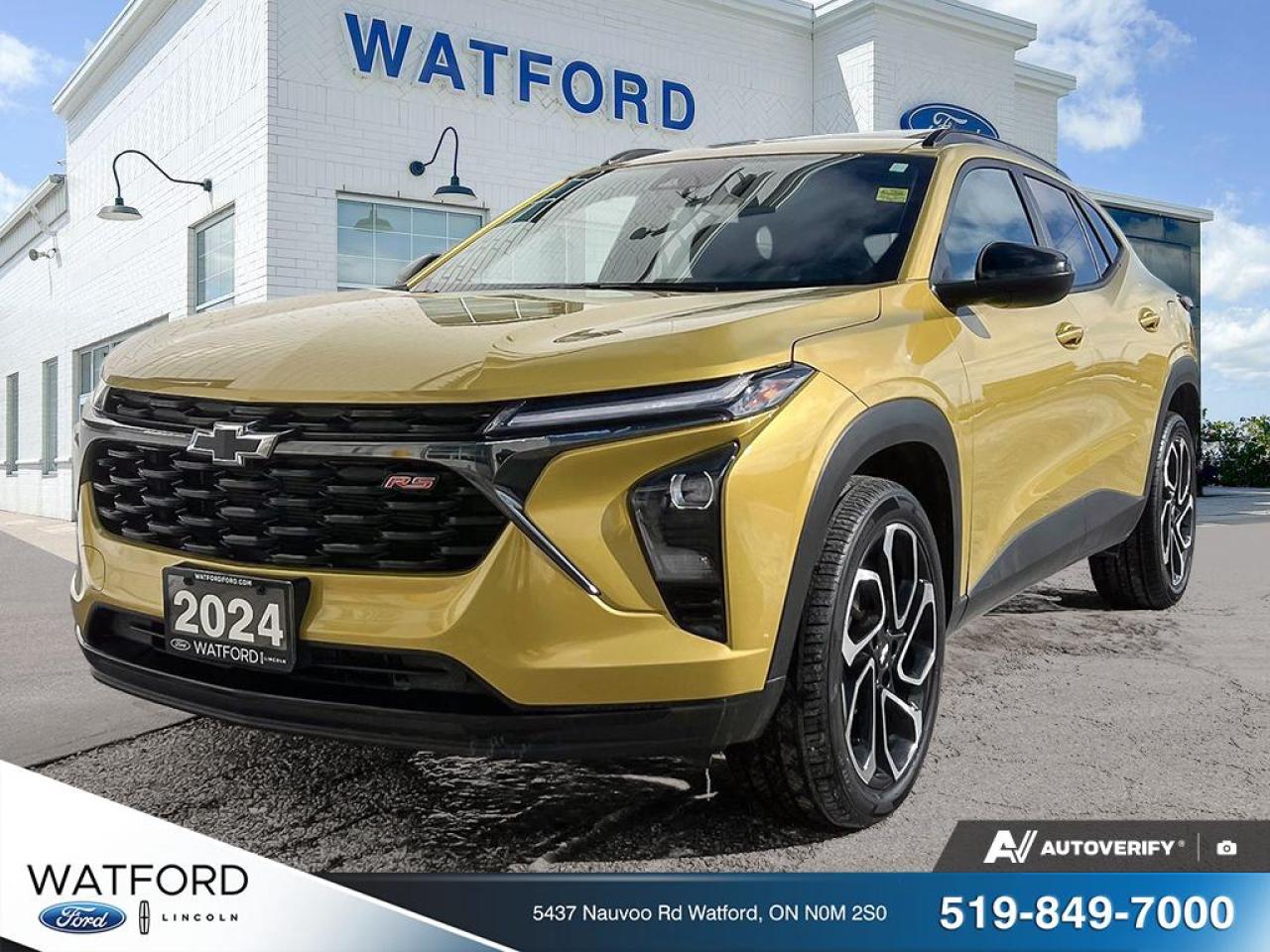 2024 Chevrolet Trax 2RS | FWD | Sunroof | Nitro Yellow | 1 Owner | 33,872 kms

Stand out from the crowd in this one-owner 2024 Chevrolet Trax 2RS, finished in eye-catching Nitro Yellow with bold RS styling. This sporty compact SUV delivers modern design, impressive fuel efficiency, and the latest technology perfect for city driving, commuting, or first-time buyers.

With just 33,872 kms, this Trax has been lightly driven and well maintained. The 2RS trim adds aggressive exterior accents and a refined, tech-forward interior, while front-wheel drive keeps ownership costs low and fuel economy high.

Key Features & Highlights:

1 Owner vehicle

2RS Sport Trim   blacked-out accents, RS badging, unique wheels

Sunroof   adds light and open-air driving enjoyment

Fuel-efficient turbocharged performance with smooth automatic transmission

Large touchscreen infotainment system

Apple CarPlay & Android Auto

Backup camera, lane keep assist, forward collision alert

Keyless entry, push-button start, and remote start

Comfortable sport-inspired interior with premium finishes

The 2024 Chevy Trax is known for its excellent value, updated styling, and advanced safety features, making it one of the most competitive compact SUVs on the market. This Nitro Yellow 2RS offers a rare color, low kms, and sporty appeal you wont find everywhere.

If youre looking for a modern, efficient, one-owner SUV with standout style, this 2024 Chevrolet Trax 2RS is a must-see.

REASONS TO BUY FROM WATFORD FORD

 Brake pads for life.
Receive free brake pads for life of your vehicle when you do all your regular service at 
Watford Ford.
* First oil change covered.
Return to Watford Ford for your complimentary first oil change with your New or Used 
vehicle.

 1 year road hazard tire protection.
Nails, screws, glass, potholes&no worries. $250 coverage per tire for any road hazards.
* Secure-gard theft protection.
Four thousand dollars ($4,000) or fifty percent (50%) of Actual Cash Value of the Vehicle on the 
Date of Loss, whichever is less, in the event that your Vehicle is stolen and not recovered and 
deemed to be a total loss