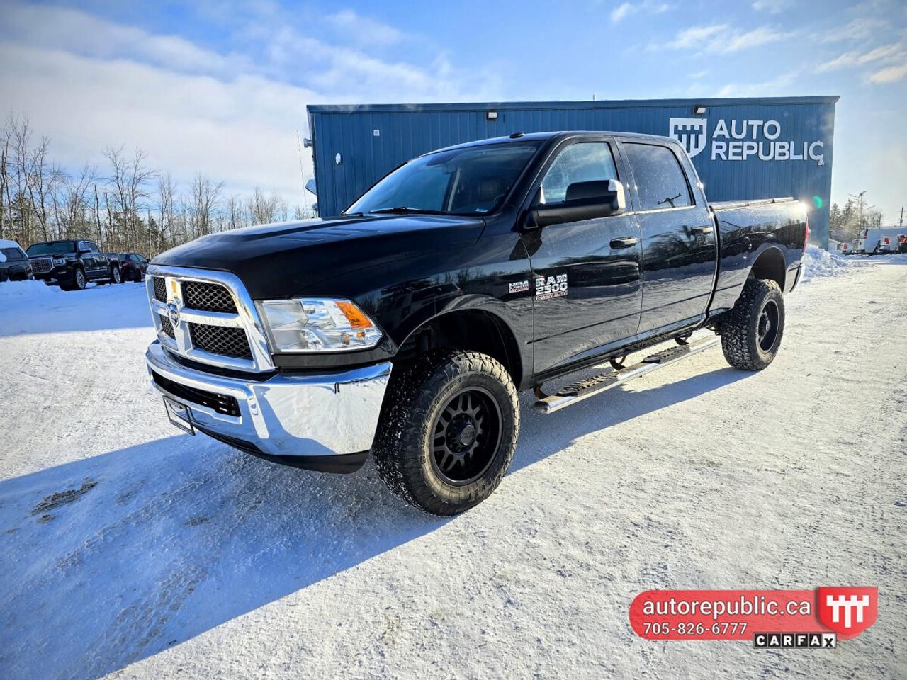 Very clean low mileage Ram 2500 with 4x4 and 5.7L Hemi engine, Crew cab, 6 seater with 6.5ft box <br/> Only 117800 kms - Carfax Verified <br/> Same owner from 2018 to 2025 <br/> <br/> <br/> Comes Certified with no extra charge <br/> <br/> <br/> Features include: AC, cruise control, power windows, locks and mirrors, alloy wheels, towing package with 5th wheel bracket, running boards, hard trifold tonneau cover, Toyo LT all terrain tires and more. <br/> <br/> <br/> Link to Carfax: <br/> https://vhr.carfax.ca/?id=ESejYOdd7SVMsgSVDMmo5gYF%2F37J7tyB <br/> <br/> <br/> Please call 705-826-6777 for appointments <br/> www.autorepublic.ca <br/> <br/> <br/> Available extended warranty up to 48 months <br/> <br/> <br/> WE FINANCE EVERYONE. 100% APPROVAL (downpayment might be required) <br/> <br/> <br/> Tax and Licensing extra <br/> <br/> <br/> Trade-ins are welcome! <br/> <br/> <br/> No Hidden Fees or Admin Fees! <br/> <br/> <br/> Do not hesitate to contact us with any questions. <br/> <br/> <br/> Please call us at 705-826-6777 for more details. <br/> www.autorepublic.ca <br/> <br/> <br/> AUTO REPUBLIC <br/> Quality Certified Pre-Owned Vehicles <br/> 5 Courtland st, Ramara, ON, L3V1A4 <br/>