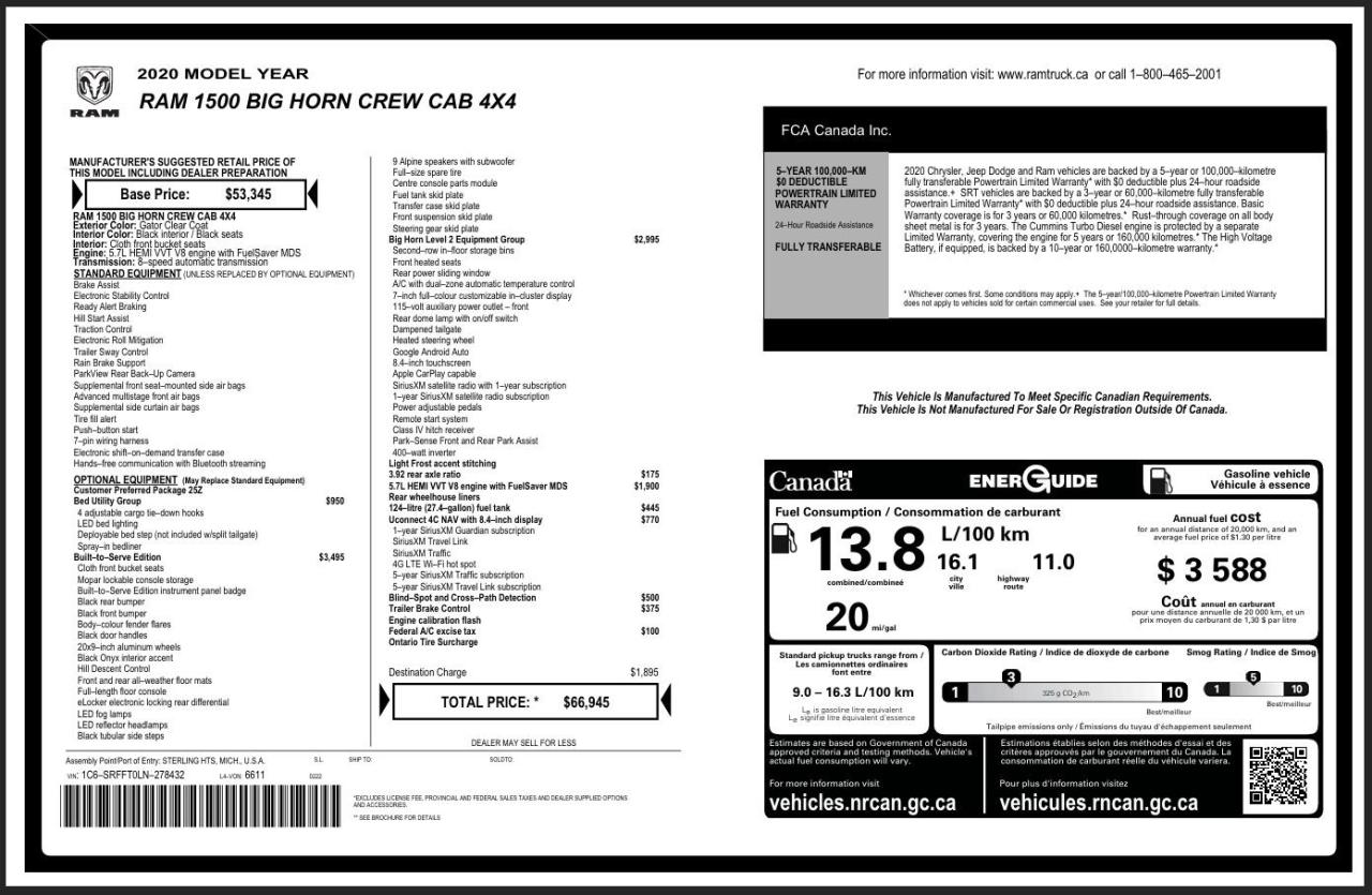 2020 RAM 1500 BIG HORN 4X4 | CREW | 5.7 HEMI | LVL 2 | BLIND SPOT Photo