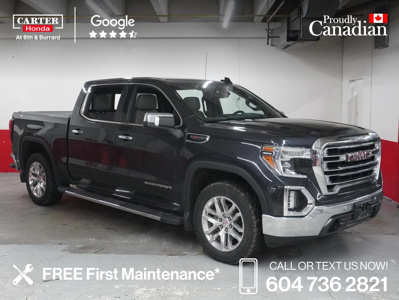 2020 GMC SIERRA 1500 SLT  NO ACCIDENTS "LOADED" THIS BEAUTIFUL BLACK ON SLATE GREY LEATHER 2020 GMC SIERRA SLT 4X4 HAS IT ALL:  NO (0) ACCIDENTS, 11 SERVICE RECORDS ON CARFAX. THIS 6.2 V-8 full size pickup has collision mitigation, blind spot monitoring, lane keeping assist and rear parking aid. It has a locking/limited slip differential, leather, sunroof, tow hitch, tonneau cover and too many more features to list.  Please get in touch for a full list of options (over $12,665 in useful features on this truck) All 4 tires are at 10.5/12 32nds or better. Front and rear brakes are at 6/10 mm. Book your drive before this No accident, very well kept truck,  is gone!

Free First Oil Change*

WHY CARTER HONDA? 

Exceeding our Customers Expectations for Over 30 Years.

Upfront Pricing, ZERO Hidden Fees and 7-Day Exchange Policy 
 
4.6 Google Star Rating with 3000+ Customer Reviews
 	2023, 2022 and 2021 Dealer of the Year Award from Dealer Rater
 	CARFAX - Full Vehicle Service History 
 	Vehicle Trades Welcome! Best Price Guaranteed!

Award-Winning Honda Vehicle Selection
 	Fast Approvals and 99% Acceptance Rates
 	Multilingual Consultants
 	Comfortable Non-Pressured Showroom

Were here to help you drive the vehicle you want, the vehicle you deserve!
 
QUESTIONS? GREAT! WEVE GOT ANSWERS!
CALL OR TEXT US NOW! (604) 736-2821
(Doc. Fee: $795.00 | Dealer Code: 1100)