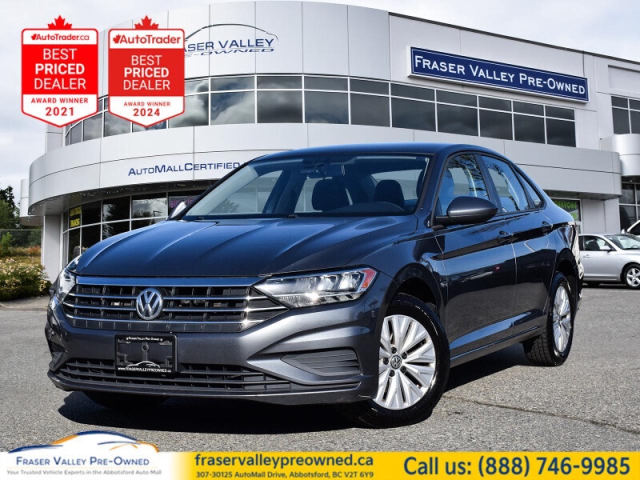 Android Auto, Apple CarPlay, Heated Seats, 6.5 in Touchscreen Infotainment, App Connect
 
 The 2019 Volkswagen Jetta is a roomy, comfortable, well-made, sedan with an exceptionally good value. This 2019 Volkswagen Jetta is fresh on our lot in Abbotsford. 
 
Redesigned. Not over designed. Rather than adding needless flash, the Jetta has been redesigned for a tasteful, more premium look and feel. One quick glance is all it takes to appreciate the result. Its sporty. Its sleek. It makes a statement without screaming. The overall effect stands out anywhere. Its roomy and well finished interior provides the best of comforts and will help keep this elegant sedan ageless and beautiful for many years to come. This sedan has 311,305 km. Its nice in colour. It has a 8 Speed Automatic transmission and is powered by a 147HP 1.4L 4 Cylinder Engine. 
 
 Our Jettas trim level is Comfortline Auto. This Volkswagen Jetta is the face of practical family sedans with features that include elegant alloy wheels, body colored heated side mirrors, chrome grille accents, heated wiper jets, fully automatic LED headlamps, heated front comfort seats with manual adjustment, manual air conditioning, cruise control, remote keyless entry, front and rear cup holders, a front center armrest, a rear view camera and much more.
 
To apply right now for financing use this link: https://www.fraservalleypreowned.ca/abbotsford-car-loan-application-british-columbia
 
 

| Our Quality Guarantee: We maintain the highest standard of quality that is required for a Pre-Owned Dealership to operate in an Auto Mall. We provide an independent 360-degree inspection report through licensed 3rd Party mechanic shops. Thus, our customers can rest assured each vehicle will be a reliable, and responsible purchase.  |  Purchase Disclaimer: Your selected vehicle may have a differing finance and cash prices. When viewing our vehicles on third party  marketplaces, please click over to our website to verify the correct price for the vehicle. The Sale Price on third party websites will always reflect the Finance Price of our vehicles. If you are making a Cash Purchase, please refer to our website for the Cash Price of the vehicle.  | All prices are subject to and do not include, a $995 Finance Fee, a $995 Document Fee, and a $150 GPS Lot Security fee.   These fees as well as taxes, are included in all listed listed payment quotes. Please speak with Dealer for full details and exact numbers.  o~o