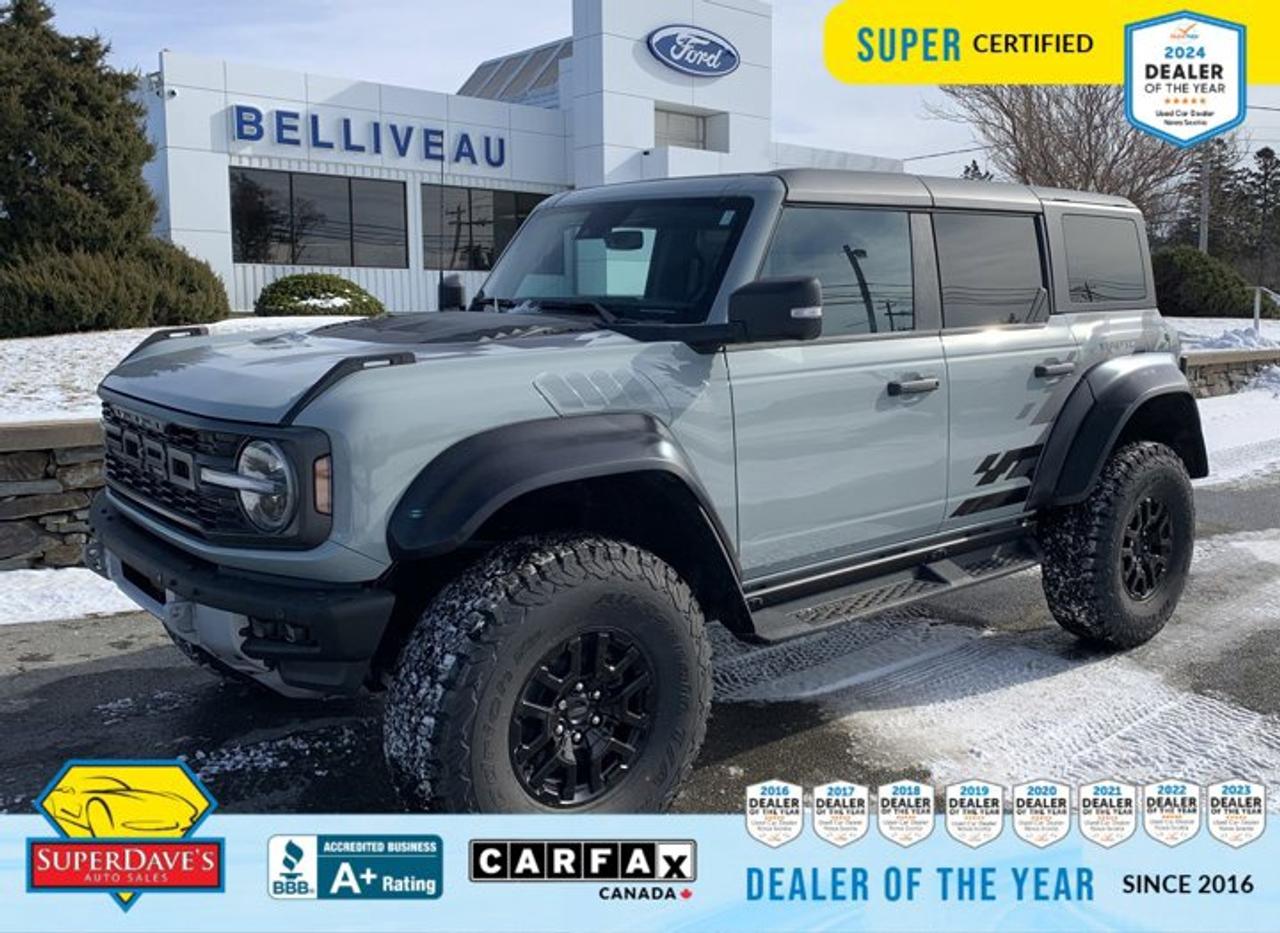 <p> Adaptive Cruise Control, Compass, Wireless Phone Connectivity, Voice Activated Dual Zone Front Automatic Air Conditioning, Vinyl/Rubber Floor Trim, Variable Intermittent Wipers, Upfitter Switches, Transmission w/Driver Selectable Mode, Sequential Shift Control w/Steering Wheel Controls and Oil Cooler, Trailer Wiring Harness, Tracker System. This Ford BRONCO has a powerful Twin Turbo Premium Unleaded V-6 3.0 L/183 engine powering this Automatic transmission. </p> <p>This Ford BRONCO RAPTOR Has Everything You Want <br /> Tire Specific Low Tire Pressure Warning, Swing-Out Rear Cargo Access, Streaming Audio, Splash Guards, Solid Axle Rear Suspension w/Coil Springs, Smart Device Remote Engine Start, Smart Device Integration, Side Steps, Side Impact Beams, Short And Long Arm Front Suspension w/Coil Springs, Safety Canopy System Curtain 1st And 2nd Row Airbags, Right Side Camera, Restricted Driving Mode/Alerts, Remote Keyless Entry w/Integrated Key Transmitter, Illuminated Entry, Illuminated Ignition Switch and Panic Button, Regular Amplifier, Regenerative 250 Amp Alternator, Redundant Digital Speedometer, Rear Child Safety Locks, Radio w/Seek-Scan, Clock, Speed Compensated Volume Control, Steering Wheel Controls and Radio Data System, Proximity Key For Doors And Push Button Start. </p><br><p>THE SUPER DAVES ADVANTAGE</p> <p>BUY REMOTE - No need to visit the dealership. Through email, text, or a phone call, you can complete the purchase of your next vehicle all without leaving your house!</p> <p>DELIVERED TO YOUR DOOR - Your new car, delivered straight to your door! When buying your car with Super Daves, well arrange a fast and secure delivery. Just pick a time that works for you and well bring you your new wheels!</p> <p>PEACE OF MIND WARRANTY - Every vehicle we sell comes backed with a warranty so you can drive with confidence.</p> <p>EXTENDED COVERAGE - Get added protection on your new car and drive confidently with our selection of competitively priced extended warranties.</p> <p>WE ACCEPT TRADES - We&rsquo;ll accept your trade for top dollar! We&rsquo;ll assess your trade in with a few quick questions and offer a guaranteed value for your ride. We&rsquo;ll even come pick up your trade when we deliver your new car.</p> <p>SUPER CERTIFIED INSPECTION - Every vehicle undergoes an extensive 120 point inspection, that ensure you get a safe, high quality used vehicle every time.</p> <p>FREE CARFAX VEHICLE HISTORY REPORT - If youre buying used, its important to know your cars history. Thats why we provide a free vehicle history report that lists any accidents, prior defects, and other important information that may be useful to you in your decision.</p> <p>METICULOUSLY DETAILED &ndash; Buying used doesn&rsquo;t mean buying grubby. We want your car to shine and sparkle when it arrives to you. Our professional team of detailers will have your new-to-you ride looking new car fresh.</p> <p>(Please note that we make all attempt to verify equipment, trim levels, options, accessories, kilometers and price listed in our ads however we make no guarantees regarding the accuracy of these ads online. Features are populated by VIN decoder from manufacturers original specifications. Some equipment such as wheels and wheels sizes, along with other equipment or features may have changed or may not be present. We do not guarantee a vehicle manual, manuals can be typically found online in the rare event the vehicle does not have one. Please verify all listed information with our dealership in person before purchase. The sale price does not include any ongoing subscription based services such as Satellite Radio. Any software or hardware updates needed to run any of these systems would also be the responsibility of the client. All listed payments are OAC which means On Approved Credit and are estimated without taxes and fees as these may vary from deal to deal, taxes and fees are extra. As these payments are based off our lenders best offering they may be subject to change without notice. Please ensure this vehicle is ready to be viewed at the dealership by making an appointment with our sales staff. We cannot guarantee this vehicle will be on premises and ready for viewing unless and appointment has been made.)</p>