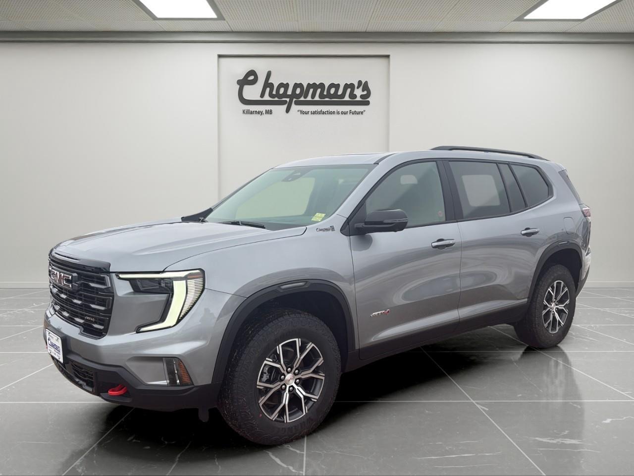 <p>The 2026 GMC Acadia AT4 AWD blends rugged AT4 styling with premium comfort, advanced safety technology, and confident all-wheel-drive performance. Finished in <strong>Sterling Metallic</strong> with a <strong>Forest Storm CoreTec interior</strong>, this Acadia AT4 is powered by a <strong>2.5L turbocharged engine</strong> paired with an <strong>8-speed automatic transmission</strong>, making it an excellent choice for families who want capability without sacrificing refinement.</p><p><strong>Performance & Capability</strong></p><p>Turbocharged power and AT4 hardware designed for confident all-season driving.</p><ul><li><p>2.5L Turbo DOHC Engine</p></li><li><p>8-Speed Automatic Transmission</p></li><li><p>All-Wheel Drive with Active Torque Control</p></li><li><p>Performance Suspension</p></li><li><p>Hill Descent Control</p></li><li><p>Trailering Package</p></li><li><p>Engine Stop/Start with Disable</p></li><li><p>Active Noise Cancellation</p></li><li><p>220-Amp Alternator</p></li><li><p>Engine Block Heater</p></li></ul><p><strong>Interior Comfort & Convenience</strong></p><p>A refined and functional AT4 cabin designed for family use and long trips.</p><ul><li><p>Heated and Ventilated Front Seats</p></li><li><p>Heated Steering Wheel</p></li><li><p>Heated Rear Outboard Seats</p></li><li><p>Tri-Zone Automatic Climate Control</p></li><li><p>7-Passenger Seating with Second-Row Bucket Seats</p></li><li><p>8-Way Power Driver Seat</p></li><li><p>6-Way Power Front Passenger Seat</p></li><li><p>Universal Home Remote</p></li><li><p>Remote Vehicle Start</p></li><li><p>AutoSense Power Liftgate</p></li><li><p>Carpeted Front and Rear Floor Mats</p></li></ul><p><strong>Technology & Connectivity</strong></p><p>Advanced displays and premium audio keep everyone connected and informed.</p><ul><li><p>15" Diagonal Premium GMC Infotainment System</p></li><li><p>Bose Premium 12-Speaker Audio System</p></li><li><p>Wireless Phone Charging</p></li><li><p>Rear Camera Mirror</p></li><li><p>Rear Camera Washer</p></li><li><p>Driver Information Centre</p></li><li><p>OnStar Basics (Up to 8 Years)</p></li><li><p>SiriusXM Audio (Trial Included)</p></li><li><p>Hitch Guidance and Hitch View</p></li></ul><p><strong>Safety & Driver Assistance</strong></p><p>A comprehensive suite of advanced safety technologies for added confidence.</p><ul><li><p>Adaptive Cruise Control</p></li><li><p>HD Surround Vision</p></li><li><p>Enhanced Automatic Emergency Braking</p></li><li><p>Intersection Automatic Emergency Braking</p></li><li><p>Forward Collision Alert</p></li><li><p>Following Distance Indicator</p></li><li><p>Blind Zone Steering Assist</p></li><li><p>Rear Cross Traffic Braking</p></li><li><p>Rear Pedestrian Alert</p></li><li><p>Front Pedestrian and Bicyclist Braking</p></li><li><p>Side Bicyclist Alert</p></li><li><p>Traffic Sign Recognition</p></li><li><p>Buckle to Drive</p></li><li><p>Rear Park Assist</p></li></ul><p><strong>Exterior Highlights</strong></p><p>Bold AT4 design with functional, adventure-ready details.</p><ul><li><p>18" Dark Machined Aluminum Wheels</p></li><li><p>Heated Power Outside Mirrors</p></li><li><p>Sterling Metallic Exterior Finish</p></li></ul><p>2 Year/24,000 kilometer* Complimentary Oil Changes (2 total)</p><p>3 Year/60,000 kilometer* Base Warranty Coverage</p><p>5 Year/100,000 kilometer* Powertrain Component Warranty Coverage</p><p>5 Year/100,000 kilometer* Courtesy Transportation and 24/7 Roadside Assistance</p><p>6 Year/160,000 kilometer* Sheet Metal (Rust Through) Perforation Warranty Coverage</p><p>*Whichever Comes First.</p><p>Price Includes Dealer Fee.</p><p>Price Excludes PST & GST.</p><p>Financing Options Available, Call For More Details.</p> <p><strong>*While every reasonable effort is made to ensure the accuracy of this information, we are not responsible for any error or omissions contained on these pages. Please verify any information in question with Chapman Motors Ltd.</strong></p>