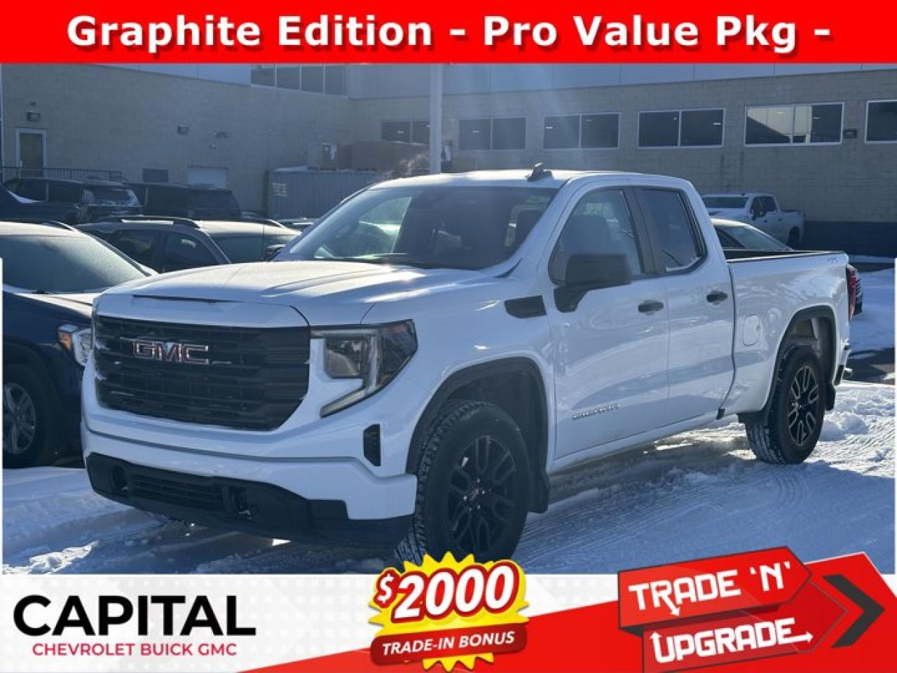 Recent Arrival!Ask for the Internet Department for more information or book your test drive today! Call 403-256-4960 for fast answers at your fingertips! Disclaimer: All prices are plus taxes. See dealer for details. AMVIC Licensed Dealer # B2020028.2024 Sierra 1500 8-Speed Automatic 4WD Sierra 1500 Pro, 4WD, 1SA Safety Plus Package, Body Colour Upper Grille, Body-Colour Lower Front Bumper, Chrome Mirror Caps, Colour-Keyed Carpeting Floor Covering, Front Rubberized-Vinyl Floor Mats, Graphite Edition, Hitch Guidance, Lane Change Alert w/Side Blind Zone Alert, Perimeter Lighting, Pro Value Package, Rear Body-Colour Bumper w/Corner Steps, Rear Cross Traffic Braking, Rear Rubberized-Vinyl Floor Mats, Remote Vehicle Starter System, SiriusXM, Theft Deterrent System (Unauthorized Entry), Trailering Package, Ultrasonic Front & Rear Park Assist.