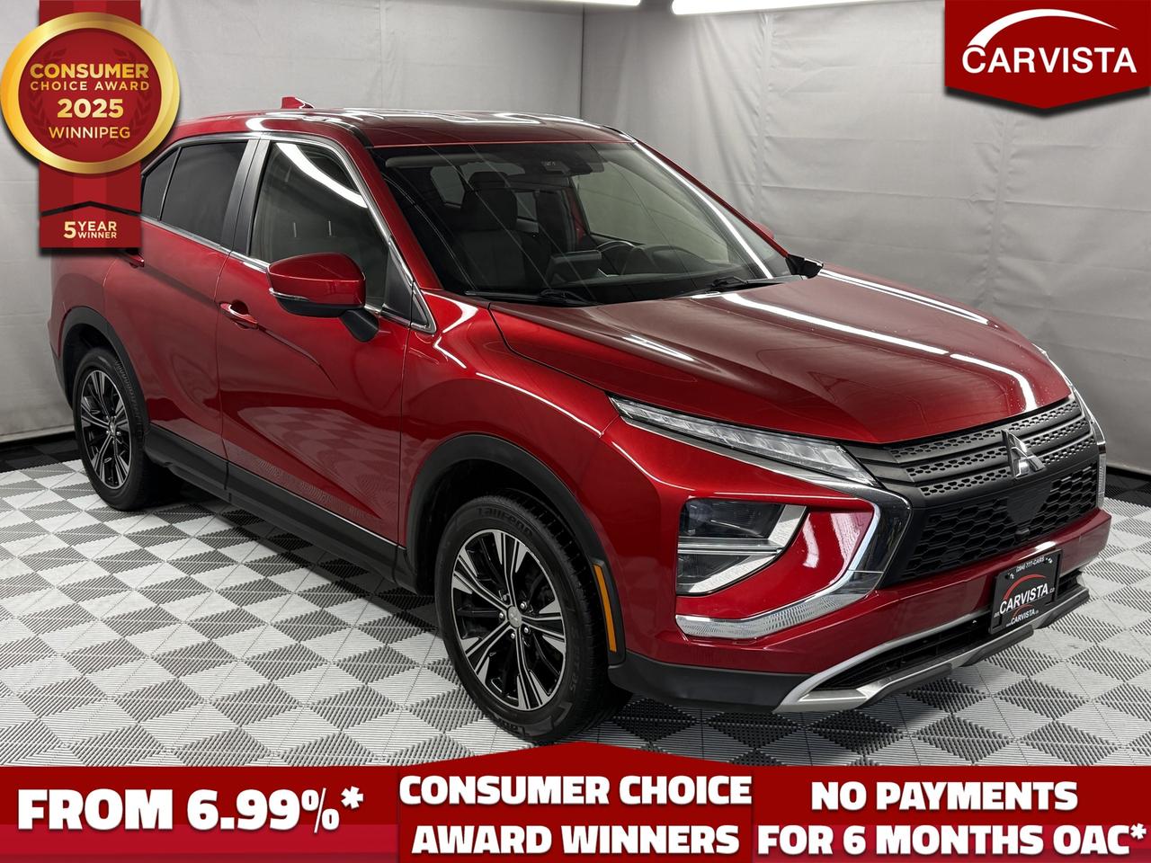 CONSECUTIVE COMSUMER CHOICE AWARD WINNERS!

2022 Mitsubishi Eclipse Cross SE S-AWC with only 48,000 km, a clean Carfax compact SUV that offers sharp styling, turbocharged performance, and year-round confidence. This is a great option for someone looking for a modern SUV that is easy to drive, well equipped, and backed by remaining warranty coverage until March 9, 2027 or 100,000 km. The SE S-AWC trim delivers a great mix of comfort, safety, and everyday practicality, making it an excellent choice for daily driving.

Under the hood, the Eclipse Cross is powered by a 1.5L turbocharged 4-cylinder engine paired with a CVT automatic transmission and Mitsubishis Super All-Wheel Control system. That setup gives this SUV a strong blend of efficiency, traction, and responsive performance, especially in changing road conditions. It is comfortable on the highway, easy to maneuver in the city, and confident in all types of weather.

The SE trim adds a strong list of upgrades that give this Eclipse Cross a more premium feel. It comes equipped with blind spot warning, rear cross traffic alert, heated steering wheel, keyless entry with push-button start, dual-zone automatic climate control, automatic high beams, LED fog lamps, paddle shifters, and an electronic parking brake. It also features 18-inch alloy wheels, heated front seats, heated power-folding mirrors with integrated turn signals, an 8-inch touchscreen display with Apple CarPlay and Android Auto, Bluetooth, SiriusXM, rearview camera, and a leather-wrapped steering wheel.

This 2022 Mitsubishi Eclipse Cross SE S-AWC is a great fit for anyone who wants the versatility of a compact SUV without giving up style, comfort, or confidence in the winter. With only 48,000 km, a clean Carfax, remaining warranty, turbo power, and a strong list of factory features, this Eclipse Cross is a smart and well-rounded SUV that is ready for its next owner.

Key features include:

1.5L turbocharged 4-cylinder engine
CVT automatic transmission
Super All-Wheel Control
Clean Carfax
Warranty until March 9, 2027 or 100,000 km
18-inch alloy wheels
Heated front seats
Heated steering wheel
Blind spot warning
Rear cross traffic alert
Dual-zone automatic climate control
Keyless entry with push-button start
Automatic high beams
LED fog lamps
Paddle shifters
Electronic parking brake
Heated power-folding mirrors with integrated turn signals
8-inch touchscreen display
Apple CarPlay
Android Auto
SiriusXM
Bluetooth
Rearview camera
Leather-wrapped steering wheel
60/40 split folding rear seats
Cargo cover

This Eclipse Cross offers a great balance of sporty styling, useful technology, comfort, and all-weather capability.

5 years running, consecutive receivers of the prestigious Consumer Choice Award in 2021, 2022, 2023, 2024 and 2025! Low rate dealer arranged financing available! 
At Carvista we offer a unique buying experience, with no deceiving finance gimmicks and trades are welcome but not required! Carvista is a family operated business that has been in business for over 25 years, and has earned a A+ BBB Accreditation and outstanding consumer accolades. Offering 175 quality pre-owned vehicles, all are certified and Carfax verified, most with remaining factory warranty and a modern facility located on Winnipegs Regent Ave strip. We welcome you to visit us at 1201 Regent Ave W, at Carvista, and drive away in a like new vehicle for less. In many cases we can offer no payments for 6 months! Dont let your trade or credit stop you, we accept any kind, any time. CARVISTA.CA, "Where the deals are".
 Prices and payments exclude GST OR PST Carvista Inc. 
Dealer Permit # 1211, Category: Used Vehicle 
Please verify all ad details with a Carvista sales person, vehicle may not be exactly as shown.
