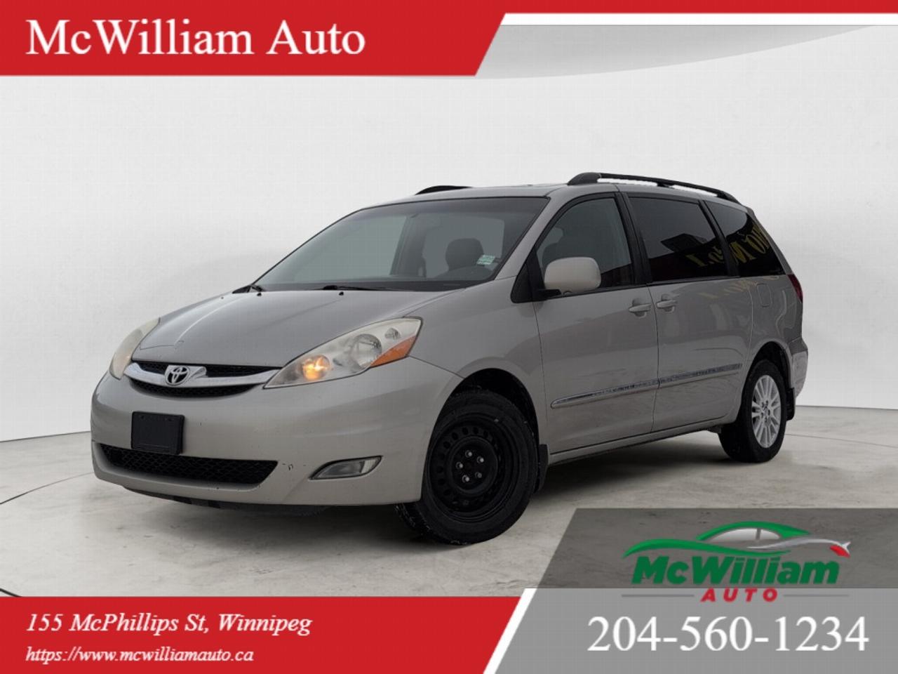 <br> 2008 Toyota Sienna Limited AWDThis 2008 Toyota Sienna Limited offers comfort, capability, and premium features in a reliable all-wheel-drive package. Equipped with AWD, it delivers confident handling in all weather conditions, making it a great choice for families and long trips.The interior is finished with elegant peach wood trim on the dashboard, steering wheel, and door panels, creating a refined and upscale feel. Enjoy premium audio through the JBL sound system, along with rear entertainment provided by the Alpine DVD player, perfect for keeping passengers entertained on the road.Convenience features include power sliding doors, power folding mirrors, and heated front seats for added comfort. Advanced safety and driving assistance features such as adaptive cruise control and pre-collision assist add peace of mind on every drive.<br><br> A well-equipped minivan that blends luxury, safety, and Toyota reliability.<br><br>DEALER PERMIT #4611<br><br>Call today: 204-560-1234<br><br>Visit us TODAY at 155 McPhillips St, Winnipeg, MB <br><br>Website: www.mcwiliamauto.ca<br><br>Email: winnipegcar@gmail.com<br><br>Click here to get pre approved:<br><br>https://www.mcwilliamauto.ca/car-loan-application/actual vehicle for the actual information. <br><br> <br><br> IMPORTANT DISCLAIMER : This vehicle is a used vehicle, all the features and information may not be accurate from the descriptions above, please check the