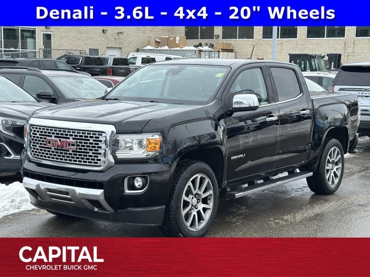 Recent Arrival! CARFAX Canada One Owner CARFAX Canada No Reported AccidentsAsk for the Internet Department for more information or book your test drive today! Call 403-256-4960 for fast answers at your fingertips! Disclaimer: All prices are plus taxes. See dealer for details. AMVIC Licensed Dealer # B2020028.2019 Canyon 8-Speed Automatic 4WD Canyon Denali, 4WD, 5 Rectangular Chrome Assist Steps, Black Spray-On Bed Liner w/GMC Logo, Bose Premium 7-Speaker Audio System Feature, Denali Chrome Grille, Driver Alert Package, Forward Collision Alert, Heated front seats, Heated Steering Wheel, Lane Departure Warning System, Polished Exhaust Tip, Preferred Equipment Group 4SD, Tow/Haul Mode, Trailering Assist Guideline Hitch Guidance, Trailering Package, Ultrasonic Rear Parking Assist, Ventilated front seats, Wheels: 20 x 8.5 Ultra-Bright Machined Aluminum.