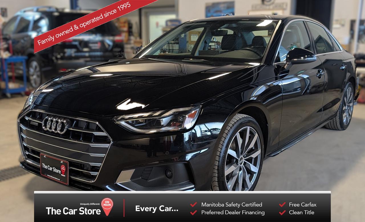 2021 Audi A4 Komfort Quattro &ndash; Clean Title 
 Key Features: 
 Quattro All-Wheel Drive 
 Komfort Trim 
 Leather Interior 
 Heated Front Seats 
 Power Adjustable Front Seats 
 Touchscreen Infotainment 
 Apple CarPlay & Android Auto 
 Backup Camera 
 Parking Sensors 
 Blind-Spot Monitoring 
 Dual-Zone Climate Control 
 No Accidents 
 
 
 Comfortable, Controlled, Confident 
 The A4 is known for its balanced ride and solid feel, its understated while still delivering more features than your typical sedan. It&rsquo;s confident in all conditions thanks to Quattro and remains very easy to live with day to day. 
 
 
 Straightforward Ownership History: 
 This one carries a clean title and presents nicely with low kms and good service history. Driving smoothly its a great low maintenance luxury option with year round practicality. 
 
 
 Our Take: 
 If you&rsquo;re looking for a well-built luxury sedan that prioritizes comfort, traction, and clean design, the A4 is a strong choice. Well cared for and proven Audi engineering make it an easy one to shortlist. 
 
 
 
 
 We are a local Family Owned business and we try to do things a little different. 
 
 At The Car Store on Main every vehicle is Manitoba Safety Certified. 
 Every vehicle sold is eligible for the Advantage Plan: 
 30 Day Warranty on all MB Safety certificate related items. 
 CarFax Vehicle History Report 
 2 sets of Keys 
 Wholesale access to all other Miscellaneous Accessories (i.e. Wtr Tires, Remote Starr, all misc vehicle accessories/parts, etc...) 
 And of course a Full tank of Gas. 
 
 There is no Gimmicks or games, we are always aggressive on our prices and try to separate ourselves from the rest. 
 We also have an on-site Certified Banker who shops to get the best possible interest rates in with all Major Banks and Credit Unions! 
 
 Come to our Brand New modern showroom and see what makes us Uniquely Different! 
 
 Located on Main St. just North of Chief Peguis Trail. 
 
 To schedule an appointment call us directly at 204-669-1248 or email sales@thecarstore.ca 
 
 The Car Store on Main 
 -Uniquely Different- 
 
 www.thecarstore.ca 
 Local: 204-669-1248 
 Toll Free: 877-634-2975 
 
 A local family owned business unlike typical car lots, there are no pressure tactics, no games, no gimmicks, no Sales Manager, General Manager or Used Car Manager, just straight answers and fair deals all the time! 
 
 *PRICE DOES NOT INCLUDE TAXES (G.S.T & P.S.T) 
 Dealer Permit # 4481