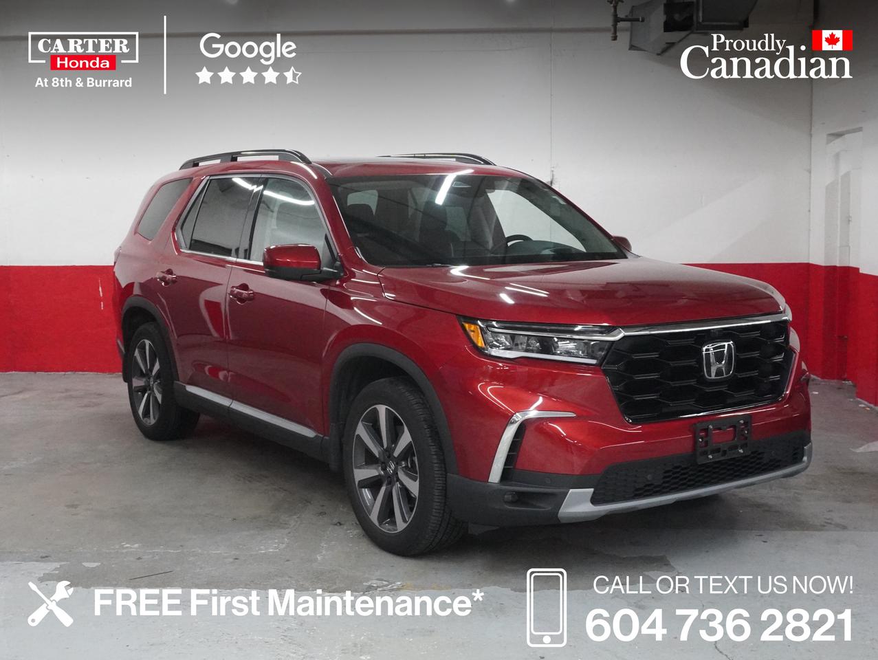 2024 PILOT TOURING RARE NO ACCIDENTS LOW KMS GPS, LEATHER. THIS LOW KMS 2024 rare  certified HONDA PILOT TOURING has factory warranty until November 14, 2030 or 160,000 kms, whichever comes first. No (0) accidents. All tires are at 8/10 32nds. All brakes are at 8/10 mm. This 2024 Pilot touring has remote start, Bluetooth, Apple car play, Android auto, 360 cameras,  GPS, leather, pan roof, fog lights, driver seat memory, ventilated and heated seats, heated wheel, 8 passenger seating,pre collision mitigation braking, lane assist, adaptive cruise control and too many more features to list. 

Free First Oil Change*

WHY CARTER HONDA? 

Exceeding our Customers Expectations for Over 30 Years.

Upfront Pricing, ZERO Hidden Fees and 7-Day Exchange Policy 
 
4.6 Google Star Rating with 3000+ Customer Reviews
 	2023, 2022 and 2021 Dealer of the Year Award from Dealer Rater
 	CARFAX - Full Vehicle Service History 
 	Vehicle Trades Welcome! Best Price Guaranteed!

Award-Winning Honda Vehicle Selection
 	Fast Approvals and 99% Acceptance Rates
 	Multilingual Consultants
 	Comfortable Non-Pressured Showroom

Were here to help you drive the vehicle you want, the vehicle you deserve!
 
QUESTIONS? GREAT! WEVE GOT ANSWERS!
CALL OR TEXT US NOW! (604) 736-2821
(Doc. Fee: $795.00 | Dealer Code: 1100)