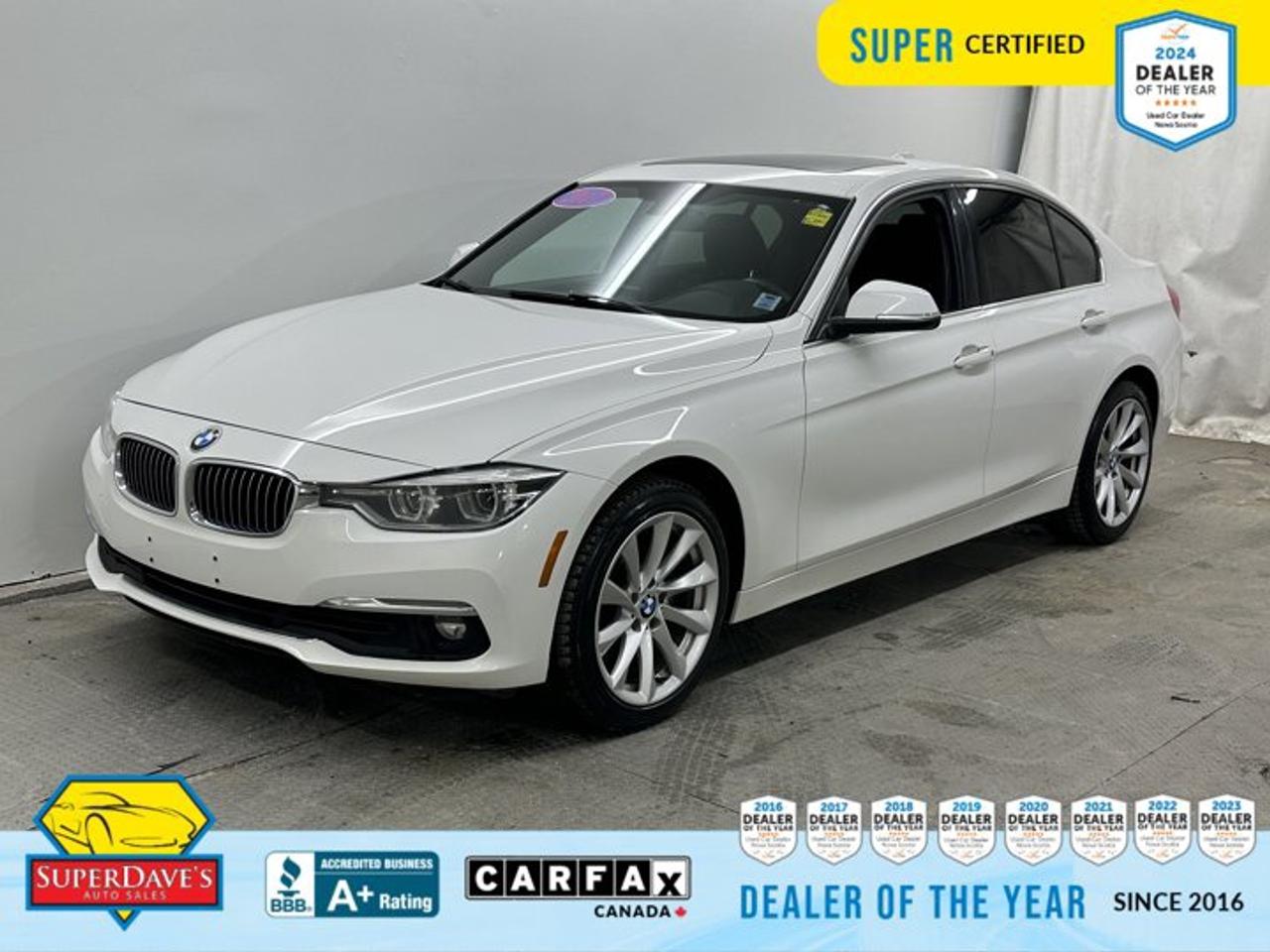Experience luxury, safety and spirited performance in this Super Certified 2017 BMW 330i xDrive. With a crisp White exterior and a black leather interior, this turbocharged 2.0L four-cylinder paired to an 8-speed automatic delivers eager acceleration while the xDrive AWD system gives confidence in all weather. This particular example is low mileage at 93,469 km and comes Super Certified for added assurance.<br><p>THE SUPER DAVES ADVANTAGE</p> <p>BUY REMOTE - No need to visit the dealership. Through email, text, or a phone call, you can complete the purchase of your next vehicle all without leaving your house!</p> <p>DELIVERED TO YOUR DOOR - Your new car, delivered straight to your door! When buying your car with Super Daves, well arrange a fast and secure delivery. Just pick a time that works for you and well bring you your new wheels!</p> <p>PEACE OF MIND WARRANTY - Every vehicle we sell comes backed with a warranty so you can drive with confidence.</p> <p>EXTENDED COVERAGE - Get added protection on your new car and drive confidently with our selection of competitively priced extended warranties.</p> <p>WE ACCEPT TRADES - We&rsquo;ll accept your trade for top dollar! We&rsquo;ll assess your trade in with a few quick questions and offer a guaranteed value for your ride. We&rsquo;ll even come pick up your trade when we deliver your new car.</p> <p>SUPER CERTIFIED INSPECTION - Every vehicle undergoes an extensive 120 point inspection, that ensure you get a safe, high quality used vehicle every time.</p> <p>FREE CARFAX VEHICLE HISTORY REPORT - If youre buying used, its important to know your cars history. Thats why we provide a free vehicle history report that lists any accidents, prior defects, and other important information that may be useful to you in your decision.</p> <p>METICULOUSLY DETAILED &ndash; Buying used doesn&rsquo;t mean buying grubby. We want your car to shine and sparkle when it arrives to you. Our professional team of detailers will have your new-to-you ride looking new car fresh.</p> <p>(Please note that we make all attempt to verify equipment, trim levels, options, accessories, kilometers and price listed in our ads however we make no guarantees regarding the accuracy of these ads online. Features are populated by VIN decoder from manufacturers original specifications. Some equipment such as wheels and wheels sizes, along with other equipment or features may have changed or may not be present. We do not guarantee a vehicle manual, manuals can be typically found online in the rare event the vehicle does not have one. Please verify all listed information with our dealership in person before purchase. The sale price does not include any ongoing subscription based services such as Satellite Radio. Any software or hardware updates needed to run any of these systems would also be the responsibility of the client. All listed payments are OAC which means On Approved Credit and are estimated without taxes and fees as these may vary from deal to deal, taxes and fees are extra. As these payments are based off our lenders best offering they may be subject to change without notice. Please ensure this vehicle is ready to be viewed at the dealership by making an appointment with our sales staff. We cannot guarantee this vehicle will be on premises and ready for viewing unless and appointment has been made.)</p>