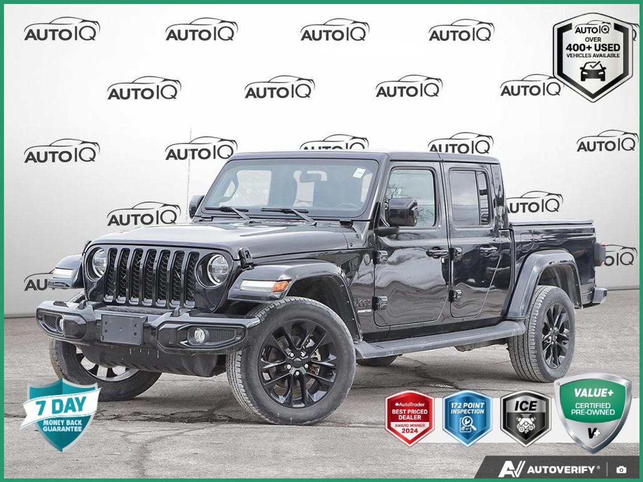 CARFAX Canada No Reported Accidents | Trailer Tow Package | Safety Group | Uconnect 4C NAV & Sound Group | High Altitude Package | 20x8-inch Wheels<br><br>Remote Start, 240-Amp Alternator, 3.73 Rear Axle Ratio, 4-Wheel Disc Brakes, 400-Watt Inverter, 5-Year SiriusXM Traffic Subscription, 5-Year SiriusXM Travel Link Subscription, 8 Speakers, 8.4 Touchscreen, ABS brakes, Air Conditioning, Alloy wheels, Alpine Premium Audio System, AM/FM radio: SiriusXM, Apple CarPlay/Android Auto, Auto-Dimming Rear-View Mirror, Automatic temperature control, Blind-Spot/Rear Cross-Path Detection, Block heater, Body-Colour 3-Piece Hard Top, Body-Colour Door & Tailgate Handles, Body-Colour Exterior Mirrors, Body-Colour Fender Flares, Body-Colour Front Bumper, Body-Colour Grille w/Gloss Black, Body-Colour Rear Bumper w/Step Pads, Brake assist, Caramel Interior Accents, Class IV Hitch Receiver, Cloth Bucket Seats w/Overland Logo, Cold Weather Group, Compass, Convertible HardTop, Dana M210 Wide Front Axle, Dana M220 Wide Rear Axle, Dark Premium Exterior Accents, Daytime Running Lights w/LED Accents, Delay-off headlights, Driver door bin, Driver vanity mirror, Dual front impact airbags, Dual front side impact airbags, Electronic Stability Control, For Details, Visit DriveUconnect.ca, Freedom Panel Storage Bag, Front anti-roll bar, Front Bucket Seats, Front dual zone A/C, Front fog lights, Front reading lights, Full-Length Premium Armrests, Fully automatic headlights, Garage door transmitter, Glass rear window, GPS Antenna Input, GPS Navigation, HD Radio, Heated Steering Wheel, Heavy-Duty Engine Cooling, High Altitude Package, Illuminated entry, Integrated Centre Stack Radio, Integrated roll-over protection, Leather steering wheel, Leather-Faced Bucket Seats, Leather-Wrapped Park Brake Handle, Leather-Wrapped Shift Knob, LED Fog Lamps, LED Lighting Group, LED Park Turn Lamps, LED Reflector Headlamps, LED Taillamps, Low tire pressure warning, Manual Rear Sliding Window, Normal-Duty Plus Suspension, Occupant sensing airbag, Off-Road Information Pages, Outside temperature display, Panic alarm, Park-Sense Rear Park Assist System, ParkView Rear Back-Up Camera, Passenger door bin, Passenger vanity mirror, Power door mirrors, Power steering, Power windows, Premium Door Trim Panel, Premium Wrapped IP Bezels w/Caramel, Quick Order Package 24N High Altitude, Radio data system, Radio: Uconnect 4 w/7 Display, Radio: Uconnect 4C Nav w/8.4 Display, Rear anti-roll bar, Rear reading lights, Rear Seat Armrest w/Cupholders, Rear Window Defroster, Rear window defroster, Remote keyless entry, Remote Proximity Keyless Entry, Safety Group, Security system, SiriusXM Traffic, SiriusXM Travel Link, SOS Call & Roadside Assistance Call, Speed control, Split folding rear seat, Sport Front Shock Absorbers, Sport Rear Shock Absorbers, Sport Suspension, Steering wheel mounted audio controls, Tachometer, Telescoping steering wheel, Tilt steering wheel, Traction control, Trailer Tow Package, Trip computer, Uconnect 4C Nav & Sound Group, Variably intermittent wipers, Voltmeter, Wheels: 18 x 7.5 Granite Crystal Aluminum, Wheels: 20 x 8 Painted Aluminum.<br><br>Black Clearcoat<br>2021 Jeep Gladiator High Altitude<br>4D Crew Cab<br>Pentastar 3.6L V6 VVT 8-Speed Automatic<br>4WD<p> </p>

<h4>VALUE+ CERTIFIED PRE-OWNED VEHICLE</h4>

<p>
- 36-point Provincial Safety Inspection<br>
- 172-point inspection combined mechanical, aesthetic, functional inspection including a vehicle report card<br>
- Warranty: 30 Days or 1500 KMS on mechanical safety-related items and extended plans are available<br>
- Complimentary CARFAX Vehicle History Report<br>
- 2X Provincial safety standard for tire tread depth<br>
- 2X Provincial safety standard for brake pad thickness<br>
- 7 Day Money Back Guarantee*<br>
- Market Value Report provided<br>
- Complimentary 3 months SIRIUS XM satellite radio subscription on equipped vehicles<br>
- Complimentary wash and vacuum<br>
- Vehicle scanned for open recall notifications from manufacturer
</p>

<p>SPECIAL NOTE: This vehicle is reserved for AutoIQs retail customers only. Please, No dealer calls. Errors & omissions excepted.</p>

<p>*As-traded, specialty or high-performance vehicles are excluded from the 7-Day Money Back Guarantee Program (including, but not limited to Ford Shelby, Ford mustang GT, Ford Raptor, Chevrolet Corvette, Camaro 2SS, Camaro ZL1, V-Series Cadillac, Dodge/Jeep SRT, Hyundai N Line, all electric models)</p>