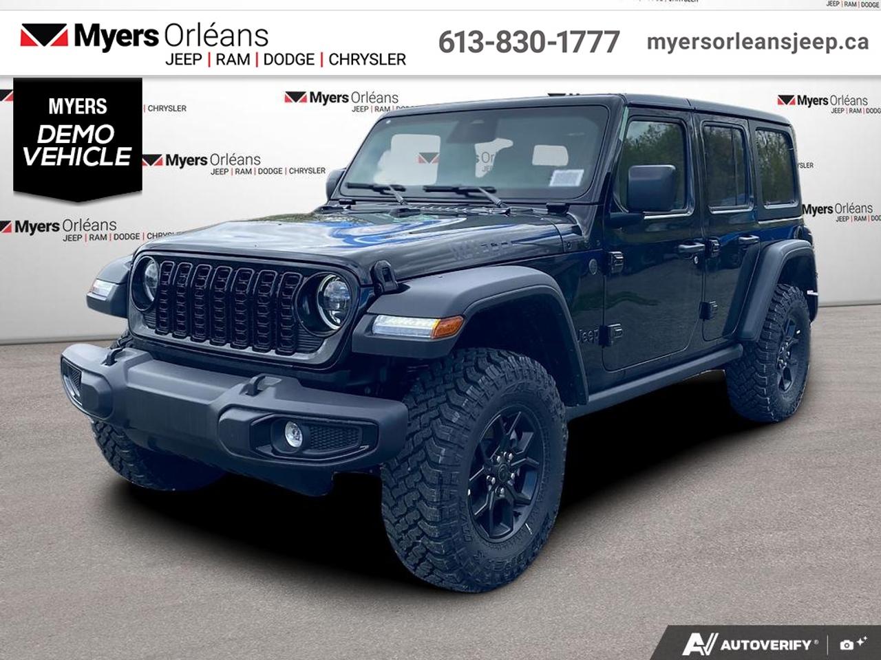 <b>Safety Group, Freedom Top!</b><br> <br> The 2026 Jeep Wrangler continues its legacy as the ultimate symbol of freedom, adventure, and off-road capability.<br> <br>The 2026 Jeep Wrangler blends iconic design with modern innovation to deliver an unmatched driving experience on and off the road. Its durable build, open-air freedom, and advanced off-road systems make it the go-to SUV for those who live for adventure. With refined comfort, cutting-edge technology, and Jeeps legendary capability, the Wrangler remains the benchmark for authentic, all-terrain performance.<br> <br>This Black SUV has an Automatic transmission and is powered by a 285HP 3.6L V6 Cylinder Engine. <br> <br> Our Wranglers trim level is Willys. This off-road icon in the Willys trim features off-road wheels with beefier suspension, comes standard with front and rear tow hooks, front fog lamps, and a manual convertible top with fixed rollover protection. Also standard include front and rear illuminated cupholders, air conditioning, full carpet floors with all-weather mats, an 8-speaker audio system, and a 12.3-inch infotainment screen powered by Uconnect 5W, with smartphone integration and mobile hotspot internet access. Additional features include cruise control, a rearview camera, and even more. This vehicle has been upgraded with the following features: Safety Group, Freedom Top.<br><br> View the original window sticker for this vehicle with this url <b><a href=http://www.chrysler.com/hostd/windowsticker/getWindowStickerPdf.do?vin=1C4PJXDGXTW237608 target=_blank>http://www.chrysler.com/hostd/windowsticker/getWindowStickerPdf.do?vin=1C4PJXDGXTW237608</a></b>.<br> <br>To apply right now for financing use this link: <a href=https://www.myersorleansjeep.ca/apply-for-financing/ target=_blank>https://www.myersorleansjeep.ca/apply-for-financing/</a><br> <br/>Weve discounted this vehicle $4000. Total rebate of $11850 is reflected in the price. Includes $1,850 Bonus Cash, applied after tax. 5.29% financing for 96 months. <br> Buy this vehicle now for the lowest weekly payment of <b>$176.29</b> with $0 down for 96 months @ 5.29% APR O.A.C. ( Plus applicable taxes - **Rebates may not be applicable on all purchase types [cash, lease, or finance]. Eligibility and conditions may vary. Please see dealer for full details and confirmation of eligibility. / Total Obligation of $73337 ). Incentives expire 2026-08-31. See dealer for details. <br><br>The road to new driving experiences begins in our inventory, where youll find an incredible array of brand-new cars, trucks, minivans, and SUVs, including two of our bestselling models, the Dodge Ram 1500 and the Dodge Grand Caravan. If you want to know what the cutting edge of automotive technology looks like, all you have to do is visit Myers Orleans Jeep! Each model comes loaded with the convenient features and cool technology that help make every trip memorable. Looking for additional everyday luxury at a price thats incredibly wallet-friendly? Choose from our selection of quality pre-owned models! If you can think of a road, our friendly and knowledgeable sales team will help you find the perfect vehicle to drive it.<br><br>We may be a well-established dealership thats been part of the community for many years, but that doesnt mean were stuck in the past! At Myers Orleans Jeep, were proud to provide a fresh, modern approach to car buying. Using our array of online tools, you can browse our extensive inventory, schedule a service appointment, order parts, and even apply for credit from wherever youve got a connection. Our goal is to create relationships that will last, and we know that the best way to do this is by providing a dealership experience thats based on honesty, transparency, trust, and a commitment to customers. Stop by today and discover all the ways we go above and beyond for you.<br><br> Come by and check out our fleet of 40+ used cars and trucks and 70+ new cars and trucks for sale in Orleans.  o~o