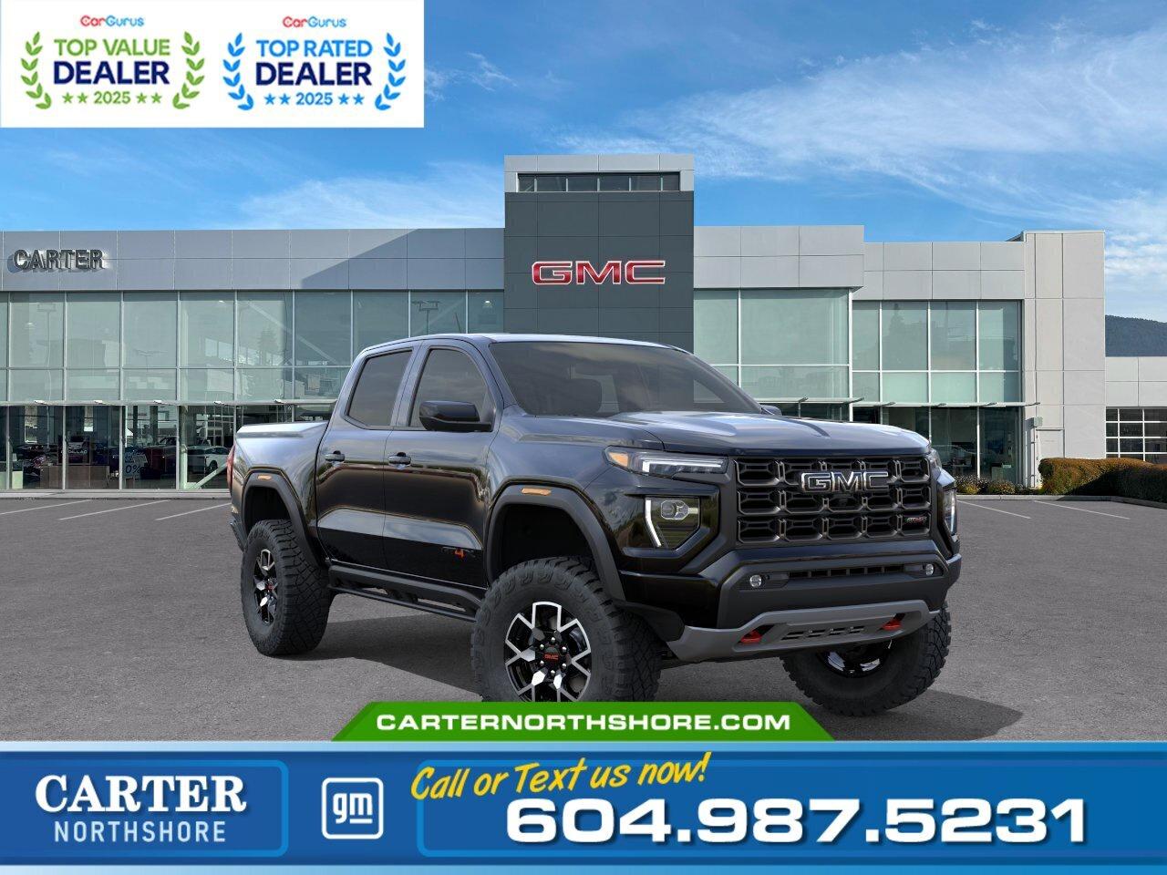Save up to $1,200 instantly with your Costco membership at Carter GM Northshore! Costco Executive Members can receive a $1,200 Bonus, while Non-Executive Members qualify for a $1,000 Bonus on select models. Combine your Costco member bonus with eligible manufacturer incentives for even greater value.  Visit us today or contact our team to confirm eligibility and secure your Costco member savings while this limited time offer lasts!  Built for off-road and daily use, this 2026 GMC Canyon AT4 Crew Cab 4WD offers strong 2.7L TurboMax power, 4WD confidence, and a lifted off-road suspension. It comes with modern tech like a large touchscreen, driver assist safety features, trailer package, and a spray-on bedliner for added durability. Heated seats, remote start, and premium comfort make every drive easy. Come take it for a test drive today and experience all this stylish vehicle has to offer!  WHY CARTER GM NORTHSHORE? - An unrivalled vehicle purchasing experience! - Exceeding our loyal customers expectations since 1990 - 4.7 Google star rating (with 1,700+ customer reviews) - CarGurus Top-Rated Dealer 2025 Award - CarGurus Top Value Dealer 2025 Award - Vehicle trades welcome! Best price guaranteed! - We provide upfront pricing, zero hidden fees, and 100% transparency - Fast approvals and 99% acceptance rates (no matter your current credit status!) - Multilingual staff (many languages spoken) - Comfortable non-pressured environment with in-store television, WIFI and a childrens play area!        Were here to help you drive the vehicle you want, the vehicle you deserve! QUESTIONS? GREAT! WEVE GOT ANSWERS! To speak with a friendly vehicle specialist - CALL NOW! The advertised price includes all standard dealer fees and any applicable manufacturer or dealer incentives. It does not include applicable taxes, licensing, insurance, or optional products or services. Dealer fees will be clearly broken out and itemized on the bill of sale, maximum total of fees $699.00. Prices are shown in Canadian dollars. While we make every effort to ensure accuracy, vehicle details, pricing, options, and availability are subject to change without notice. Please confirm all information with dealership sales management before purchase. Dealer Code: 81121