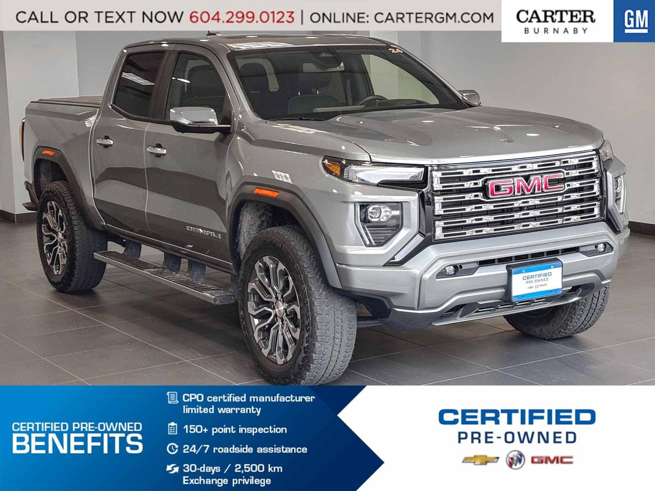 ONE OWNER

Refined power meets advanced technology in this 2024 GMC Canyon Denali 4WD. Driven by a responsive 2.7L TurboMax engine, it delivers confidence on and off the road. Enjoy premium comfort with a sunroof, heated steering wheel, heated power memory seats, automatic climate control, and navigation. Stay safe with HD Surround Vision, Forward Collision Alert, Lane Keep Assist, Rear Pedestrian Braking, and Low-Speed Auto Braking. Trailer-ready features like Hitch View and Guidance add convenience.

Come take it for a test drive today and experience all this stylish vehicle has to offer!

WHY CARTER GM BURNABY?

- An unrivalled vehicle purchasing experience!
- Exceeding our loyal customers expectations since 1963
- 4.5 Google star rating (with 2,300+ customer reviews)
- Cargurus Top-rated Dealer 2025 Award
- Cargurus Top Value Dealer 2025 Award
- Peace of mind - 150-point vehicle inspection
- CARFAX - full vehicle service history - purchase with confidence!
- Vehicle trades welcome! Best price guaranteed!
- We provide upfront pricing, zero hidden fees, and 100% transparency
- Fast approvals and 99% acceptance rates (no matter your current credit status!)
- Multilingual staff (many languages spoken)
- Comfortable non-pressured environment with in-store television, WIFI and a childrens play area!
- In-store restaurant: fresh daily menu





Were here to help you drive the vehicle you want, the vehicle you deserve!
QUESTIONS? GREAT! WEVE GOT ANSWERS!
To speak with a friendly vehicle specialist - CALL NOW!
The advertised price includes all standard dealer fees and any applicable manufacturer or dealer incentives. It does not include applicable taxes, licensing, insurance, or optional products or services. Dealer fees will be clearly broken out and itemized on the bill of sale, maximum total of fees $595.00. Prices are shown in Canadian dollars. While we make every effort to ensure accuracy, vehicle details, pricing, options, and availability are subject to change without notice. Please confirm all information with dealership sales management before purchase. Dealer Code: 81129