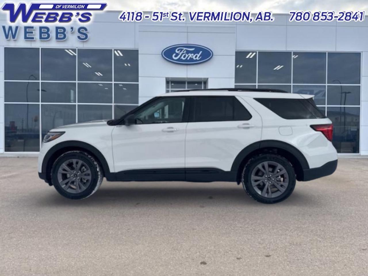 <b>Activex Seats, 20 Wheels, Remote Engine Start, Heated Steering Wheel, Fog Lamps!</b><br> <br> This 2026 Explorer was built to do more than just get groceries, with all-new technologies, this SUV was built for adventure.<br> <br>This Ford Explorer is the ultimate lifestyle vehicle with plenty of style and space for all of your passengers and cargo. It has the hauling capabilities of a midsize SUV combined with strong off-road capabilities. Whether your next family adventure is to the grocery store or over a high mountain pass, the Ford Explorer was built to get you there with ease.<br> <br>This Star White Metallic Tri-Coat SUV has a 10 Speed Automatic transmission and is powered by a 300HP 2.3L 4 Cylinder Engine. <br> <br> Our Explorers trim level is Active. Standard features on this Explorer Active include FordPass Connect 5G mobile hotspot internet access, adaptive cruise control, smart device remote engine start, and a power liftgate for rear cargo access. On the inside, occupants are treated to heated front seats, voice-activated dual-zone climate control, and a 13.2-inch infotainment screen with wireless Apple CarPlay and Android Auto. Safety features also include lane keep assist with lane departure warning, collision mitigation, automatic emergency braking, evasion assist, and rear parking sensors. This vehicle has been upgraded with the following features: Activex Seats, 20 Wheels, Remote Engine Start, Heated Steering Wheel, Fog Lamps, LED Signature Lighting.<br><br> View the original window sticker for this vehicle with this url <b><a href=http://www.windowsticker.forddirect.com/windowsticker.pdf?vin=1FMUK8DH3TGA82999 target=_blank>http://www.windowsticker.forddirect.com/windowsticker.pdf?vin=1FMUK8DH3TGA82999</a></b>.<br> <br>To apply right now for financing use this link: <a href=https://www.webbsford.com/financing/ target=_blank>https://www.webbsford.com/financing/</a><br> <br/>3.49% financing for 84 months. <br> Buy this vehicle now for the lowest bi-weekly payment of <b>$388.95</b> with $0 down for 84 months @ 3.49% APR O.A.C. ( taxes included, $199 documentation fee / Total cost of borrowing $8021 ). Incentives expire 2026-06-30. See dealer for details. <br><br>Webbs Ford is located at 4118 - 51st Street in beautiful Vermilion, AB. <br/>We offer superior sales and service for our valued customers and are committed to serving our friends and clients with the best services possible. If you are looking to set up a test drive in one of our new Fords or looking to inquire about financing options, please call (780) 853-2841 and speak to one of our professional staff members today.   Vehicle pricing offer shown expires 2026-06-30.  o~o