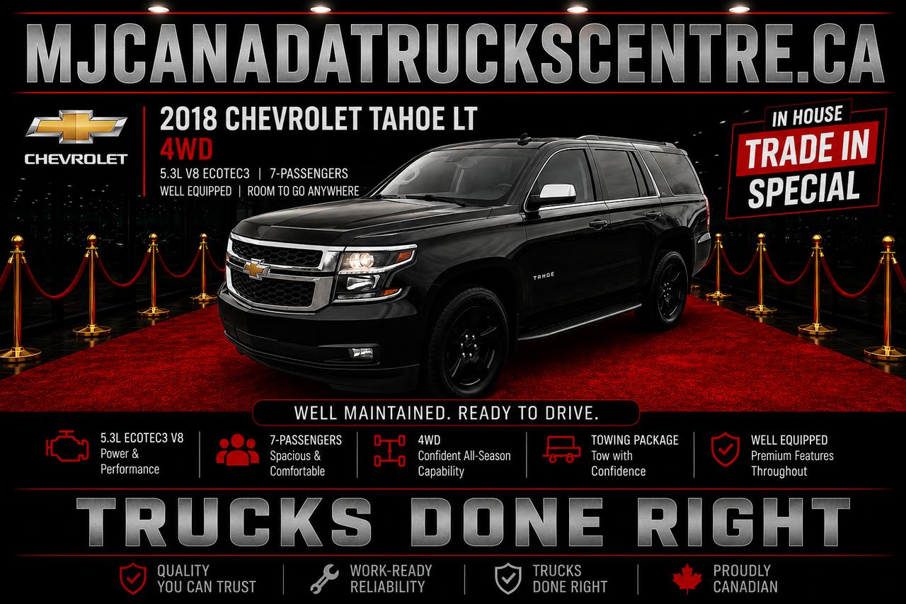 <p><strong data-start=235 data-end=296>2015 Chevrolet Tahoe LT 4WD &ndash; 7 Passengers &ndash; Triple Black</strong> Stunning Triple Black finish over Black Leather Interior, fully equipped with <strong data-start=375 data-end=400>GM Trailering Package</strong>, <strong data-start=402 data-end=437>Power Heated Front Bucket Seats</strong>, <strong data-start=439 data-end=477>Factory Navigation on Touch Screen</strong>, <strong data-start=479 data-end=516>Bose Premium Premium Audio System</strong>, <strong data-start=518 data-end=535 data-is-only-node=>Power Sunroof</strong>, <strong data-start=537 data-end=555>Middle Console</strong>, <strong data-start=557 data-end=577>Overhead Console</strong>, <strong data-start=579 data-end=612>Rear DVD Entertainment System</strong>, <strong data-start=614 data-end=633>Bi-LED Lighting</strong>, <strong data-start=635 data-end=667>20 Black Performance Wheels</strong>, <strong data-start=669 data-end=687>Running Boards</strong>, and loaded with premium comfort and convenience features throughout. Strong and reliable 5.3L V8 with 4WD system, runs and drives very strong and straight. Clean body and well-kept interior, clearly maintained with care. With 281,997 KM, this Tahoe proves that proper ownership and upkeep matter more than numbers &mdash; it performs exactly as it should. A sharp, powerful, full-size SUV ready for family use, winter driving, or towing.</p><p>&nbsp;<strong data-start=876 data-end=888>PRICING:</strong> Sale price <strong data-start=900 data-end=950>plus $299 Ontario Safety Standards Certificate</strong>,Plus <strong data-start=952 data-end=969>$22 OMVIC fee</strong>, Plus <strong data-start=971 data-end=978>HST</strong>, and Plus <strong data-start=984 data-end=1021>$91 licensing (incl. new plates).</strong></p><p data-start=1023 data-end=1281>At <strong data-start=1026 data-end=1056>M & J Canada Trucks Centre</strong>, we&rsquo;re proud to be your <strong data-start=1081 data-end=1117>Certified Pre-Owned Truck Centre</strong> with new arrivals daily, specializing in quality trucks and full-size SUVs. <strong data-start=1194 data-end=1241>Extended warranties available up to 3 years</strong> (extra charge &mdash; ask sales for details).</p><p data-start=1283 data-end=1399><strong data-start=1283 data-end=1309>PLEASE CALL 416-829-7525</strong> to confirm availability and book an appointment, or visit <strong data-start=1368 data-end=1399><a class=decorated-link cursor-pointer target=_new rel=noopener data-start=1370 data-end=1397>www.MJCanadaTrucksCentre.ca</a></strong></p><p>&nbsp;1820 Shawson Drive, Unit 6-7-8, Mississauga.</p><p>&nbsp;<strong data-start=1410 data-end=1468>A Tradition of Quality & Trust for More Than 30 Years.</strong></p>