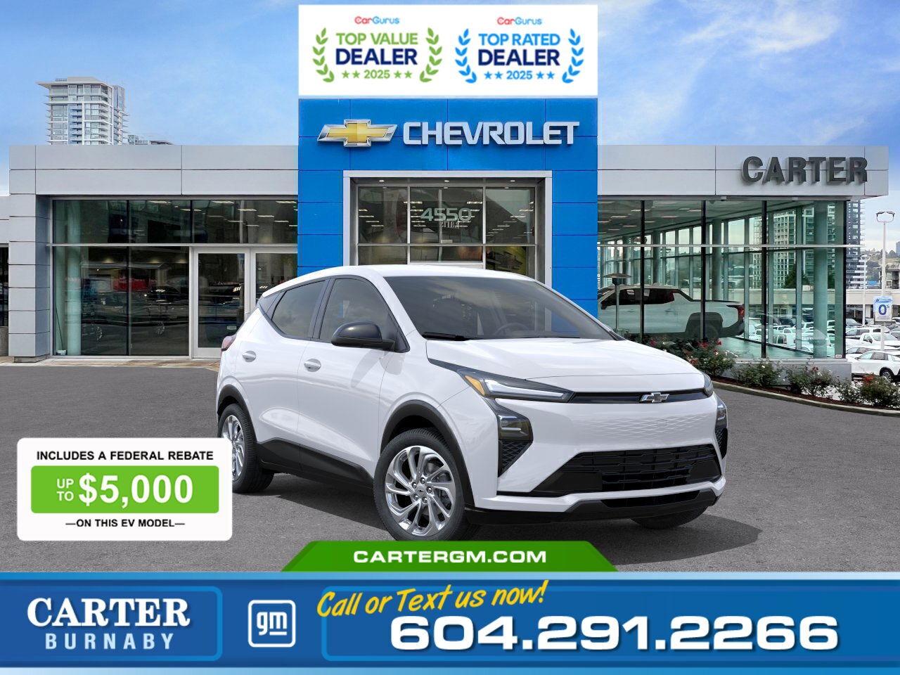 THE FEDERAL EV REBATE IS BACK! Receive up to $5,000 OFF the purchase of your new electric vehicle on eligible new EV models. This is your opportunity to make the switch to electric with meaningful federal savings applied directly to your purchase. Inventory is arriving now. Contact us today to confirm eligibility and secure your EV while funding remains available. Eligibility: Final transaction price must not exceed $50,000 (before taxes and fees).  Exclusive savings are back for Costco members at Carter GM Burnaby! Combining Costco bonuses with eligible manufacturer incentives for exceptional value. Receive a $1,200 Executive Member Bonus or your $1,000 Non-Executive Member Bonus on select models, plus additional manufacturer incentives for which members may qualify.   Visit us today or contact our team to confirm eligibility and secure your Costco member savings while this limited time offer lasts!  Efficient and fun to drive, this 2027 Chevrolet Bolt LT FWD delivers all-electric performance with an impressive 422 km driving range. Inside, enjoy a sporty feel with a flat-bottom wrapped steering wheel and the convenience of heated power-adjustable mirrors. Advanced safety features including Front Pedestrian and Bicyclist Braking, Reverse Automatic Braking, Rear Cross Traffic Braking, Blind Zone Steering Assist, Side Bicyclist Alert, and StabiliTrak stability control help keep you confident on every drive.  Come take it for a test drive today and experience all this stylish vehicle has to offer!  WHY CARTER GM BURNABY?  - An unrivalled vehicle purchasing experience! - Exceeding our loyal customers expectations since 1963 - 4.5 Google star rating with 2,300+ customer reviews) - CarGurus Top-Rated Dealer 2025 Award - CarGurus Top Value Dealer 2025 Award - Vehicle trades welcome! Best price guaranteed! - We provide upfront pricing, zero hidden fees, and 100% transparency - Fast approvals and 99% acceptance rates (no matter your current credit status!) - Multilingual staff (many languages spoken) - Comfortable non-pressured environment with in-store television, WIFI and a childrens play area! - In-store restaurant: fresh daily menu        Were here to help you drive the vehicle you want, the vehicle you deserve! QUESTIONS? GREAT! WEVE GOT ANSWERS! To speak with a friendly vehicle specialist - CALL NOW! The advertised price includes all standard dealer fees and any applicable manufacturer or dealer incentives. It does not include applicable taxes, licensing, insurance, or optional products or services. Dealer fees will be clearly broken out and itemized on the bill of sale, maximum total of fees $595.00. Prices are shown in Canadian dollars. While we make every effort to ensure accuracy, vehicle details, pricing, options, and availability are subject to change without notice. Please confirm all information with dealership sales management before purchase. Dealer Code: 81129