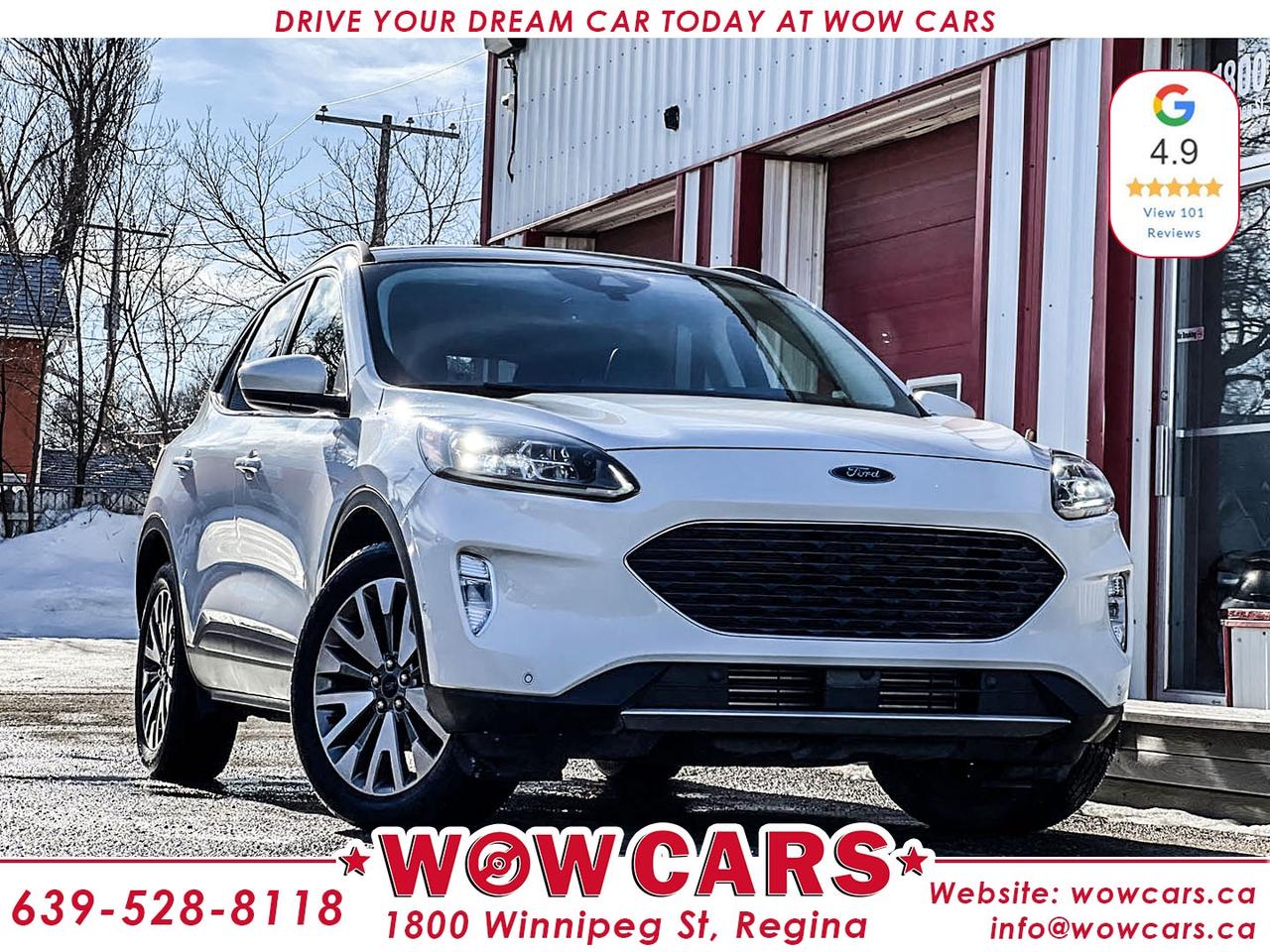 2021 Ford Escape Titanium AWD includes:Odometer:136,877 Km <br/> Price: $21,990+taxes <br/> <br/> Financing Available <br/> <br/> WOW Factors:- -Certified and mechanical inspection <br/> -No Accidents <br/> <br/> <br/> Highlight Features:--Apple Carplay, Android Auto <br/> -Front Collision Warning <br/> -Lane Keep Departure Warning <br/> -Blind Spot Monitoring <br/> -Cross Traffic Alert <br/> -Power Leather Memory Seats <br/> -Heated Seats <br/> -Heated Steering Wheel <br/> -Panoramic Sunroof <br/> -Navigation <br/> -All-Wheel Drive <br/> -Premium Alloy Wheels <br/> -Backup Camera <br/> -Parking Sensors (Front & Rear ) <br/> -Auto Start/ Stop <br/> -Auto Park Assist <br/> -Power Tailgate <br/> -Digital Speedometer <br/> -Push Button Start <br/> -Remote Start <br/> -Adaptive Cruise Control and much more. <br/> <br/> <br/> Financing Available <br/> <br/> Driven by Trust, Powered by Family  Your Destination for Quality Pre-Owned Vehicles <br/> At our family-owned dealership, customer satisfaction isnt just a goal  its our promise. We specialize in pre-owned Cars, SUVs, Vans, and Trucks, offering standout value with the WOW factors that set us apart. From exceptional Google reviews to unmatched after-sales service, we go above and beyond to make your experience seamless, transparent, and friendly. <br/> <br/> <br/> Visit WOWCARS Today at 1800 Winnipeg Street Regina, SK S4P1G2, or give us a call at (639) 528-8II8. <br/>