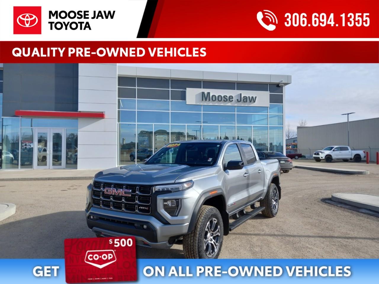 <p><strong>2024 GMC Canyon AT4  Premium Package</strong></p><p>Built to conquer. Designed to impress.</p><p>The <strong>2024 GMC Canyon AT4 with Premium Package</strong> delivers serious off-road capability with elevated refinement. Powered by a turbocharged engine and equipped with advanced 4WD, off-road suspension, and rugged AT4 styling, its ready for any terrain.</p><p>Inside, the Premium Package surrounds you with leather-appointed seating, a premium Bose® sound system, advanced safety tech, and a large touchscreen with wireless Apple CarPlay® and Android Auto.</p><p><strong>Bold. Capable. Refined.</strong> The truck that works hard  and plays even harder.</p><p>Test drive the 2024 GMC Canyon AT4 today.</p>