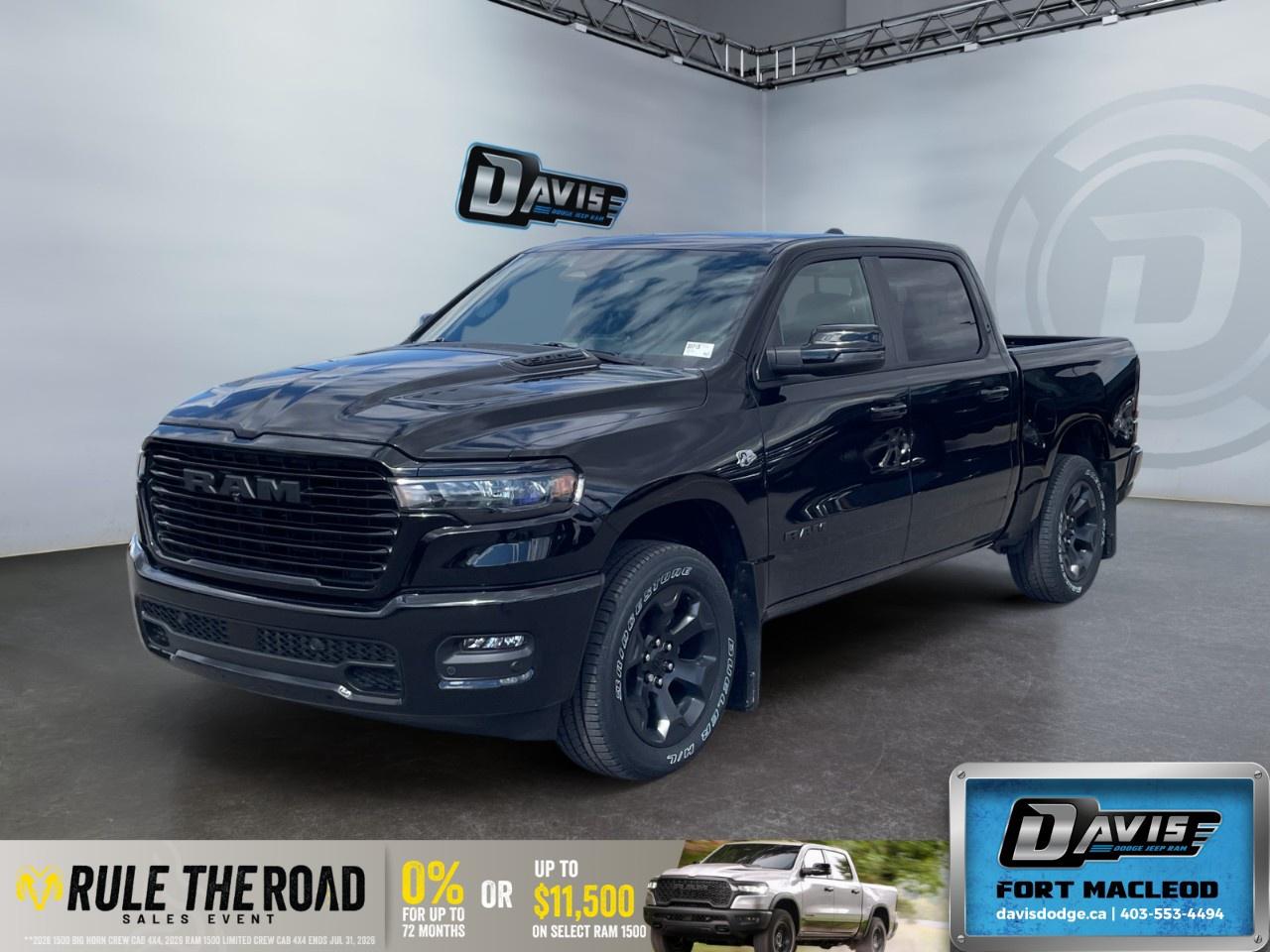 <p>Get behind the wheel of the stunning 2026 Ram 1500 Sport, dressed in a sleek black finish and boasting a powerful 4x4 drivetrain. This truck offers unmatched handling and performance, setting a new standard in driving excellence.</p><p><strong>Exterior Features:</strong></p><ul><li>Diamond Black Crystal Pearl exterior color</li><li>20" x 9" Aluminum Painted Clad Wheels</li><li>Dual-Pane Panoramic Sunroof with LED Dual Dome Reading Lamps</li></ul><p><strong>Interior Features:</strong></p><ul><li>Black, Leather-Faced Front Bucket Seats with Ventilation</li><li>Under Seat Lighting</li><li>Power 8-Way Adjustable Front Passenger Seat with Lumbar Adjust</li><li>Heated Front Seats and 2nd-Row Heated Seats</li><li>Leather Steering Wheel</li><li>Heated Steering Wheel</li><li>Heated Mirrors</li></ul><p><strong>Technology & Safety Features:</strong></p><ul><li>14.4" Uconnect 5 Nav Touchscreen Display</li><li>19-Speaker harman/kardon Premium Sound System</li><li>Front Passenger Interactive Display</li><li>Media Hub with Two USB Charging Ports</li><li>Dual Wireless Charging Pad</li><li>Backup Camera and Parking Sensors</li><li>Smart Device Integration and Wi-Fi Hotspot</li><li>Adaptive Cruise Control and Lane Assist</li><li>Power Tailgate</li><li>Security Alarm</li><li>Smartphone As A Key and Remote Start</li></ul><p>This 2026 Ram 1500 Sport is perfect for those who demand top-tier performance combined with advanced technology and luxurious comfort. Whether you're an adventurer seeking thrills or simply in need of a reliable workhorse, this truck is built to cater to your lifestyle. Contact Davis Dodge Fort Macleod today to experience this remarkable vehicle up close. Don't miss out on making it yours!</p>