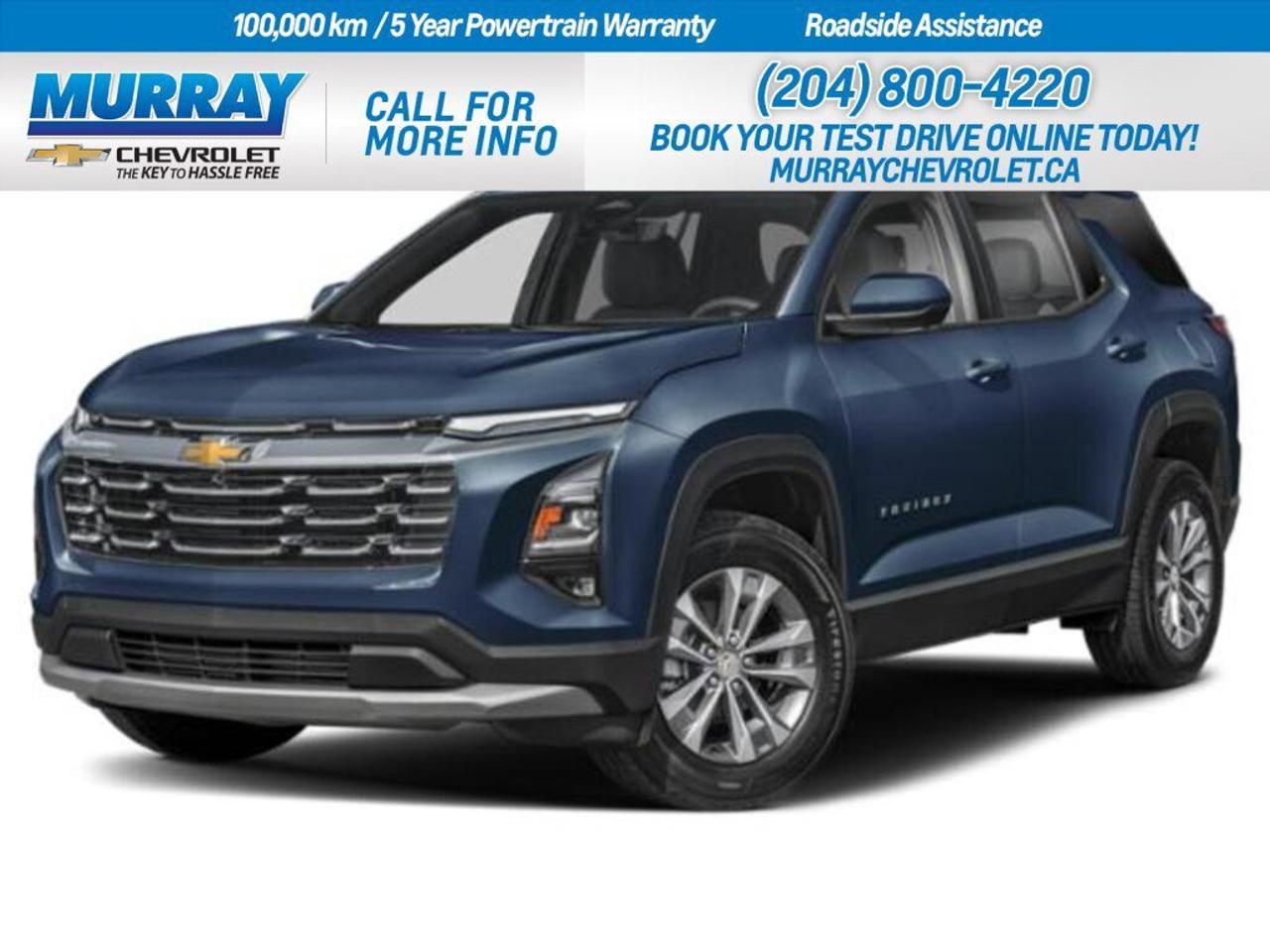 * TRANSMISSION CONTINUOUSLY VARIABLE (CVT) * * ENGINE BLOCK HEATER * * LAKESHORE BLUE METALLIC *  Discover the 2026 Chevrolet Equinox FWD LT in vibrant Lakeshore Blue Metallic, now available in Winnipeg. This sport utility vehicle offers the perfect blend of style and practicality, complemented by the turbocharged gas I4 1.5L engine for a dynamic driving experience. The 1-speed continuously variable transmission ensures a smooth and efficient ride, making it an ideal choice for both city commutes and weekend getaways.  Inside, enjoy the comfort of black cloth seats and a modern infotainment system featuring Bluetooth connectivity and smart device integration. Safety is paramount with features like front collision warning, lane departure warning, and a rear-view camera, making every journey as secure as it is enjoyable. The heated steering wheel and front seats provide extra comfort during colder months, while the aluminum wheels add a touch of sophistication.  With its advanced amenities and striking design, the Chevrolet Equinox FWD LT is ready to make a statement wherever you go. Visit Murray Chevrolet Winnipeg to experience this exceptional vehicle firsthand.  Dealer Permit #1740
