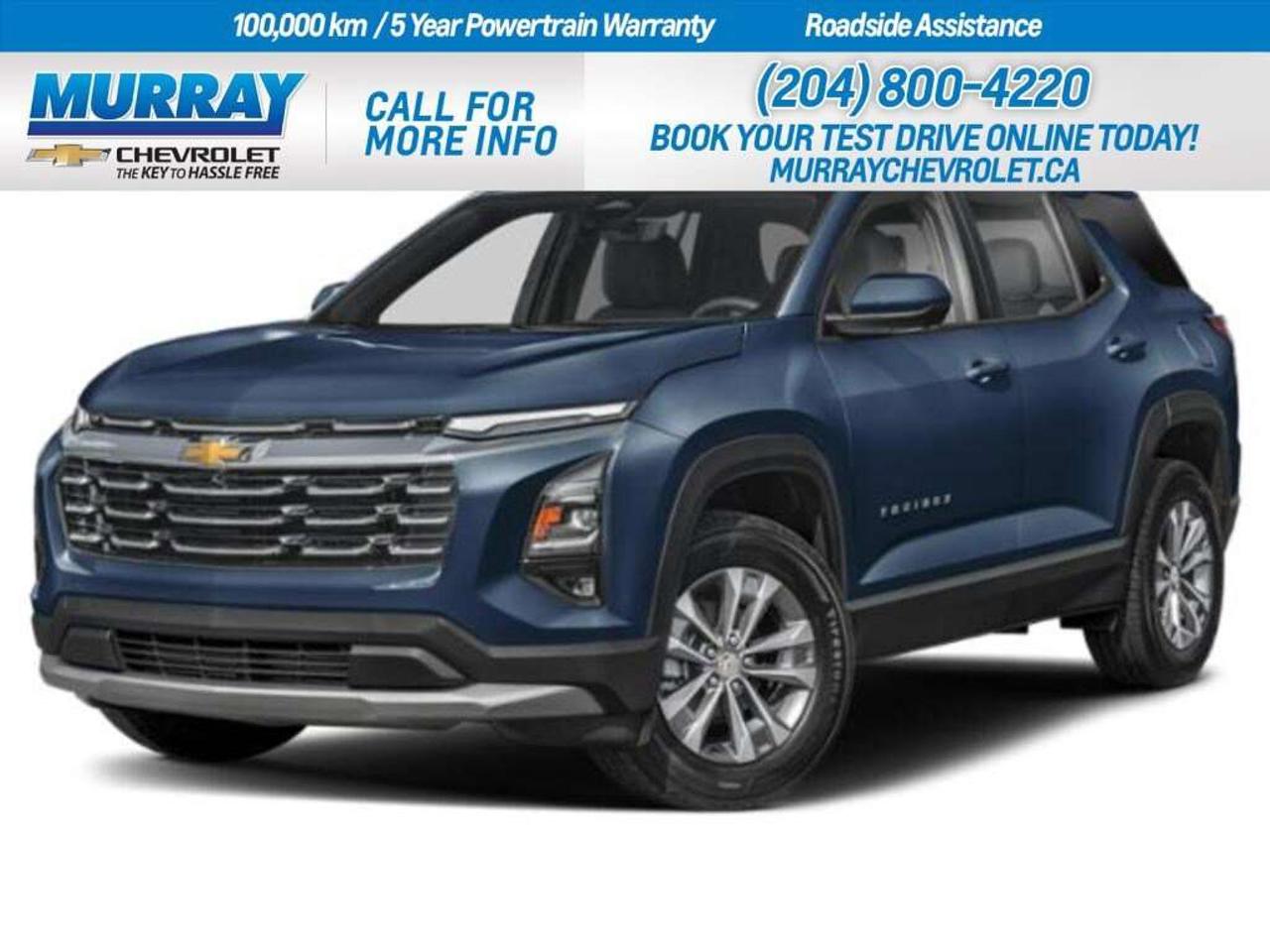 * TRANSMISSION CONTINUOUSLY VARIABLE (CVT) * * ENGINE BLOCK HEATER * * LAKESHORE BLUE METALLIC *  Discover the 2026 Chevrolet Equinox FWD LT in vibrant Lakeshore Blue Metallic, now available in Winnipeg. This sport utility vehicle offers the perfect blend of style and practicality, complemented by the turbocharged gas I4 1.5L engine for a dynamic driving experience. The 1-speed continuously variable transmission ensures a smooth and efficient ride, making it an ideal choice for both city commutes and weekend getaways.  Inside, enjoy the comfort of black cloth seats and a modern infotainment system featuring Bluetooth connectivity and smart device integration. Safety is paramount with features like front collision warning, lane departure warning, and a rear-view camera, making every journey as secure as it is enjoyable. The heated steering wheel and front seats provide extra comfort during colder months, while the aluminum wheels add a touch of sophistication.  With its advanced amenities and striking design, the Chevrolet Equinox FWD LT is ready to make a statement wherever you go. Visit Murray Chevrolet Winnipeg to experience this exceptional vehicle firsthand.  Dealer Permit #1740