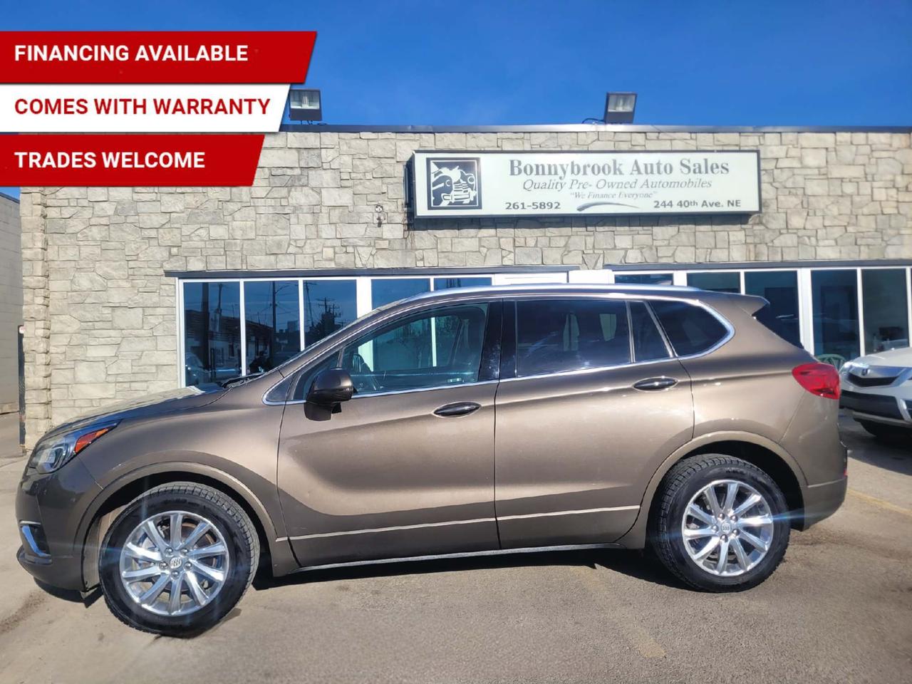 Need a vehicle that has style and class? Look at our Pre-Owned 2019 BUICK ENVISION ESSENCE AWD (Pictured in photo) Filled with top options including: Heated Leather, Panoramic Sunroof, Keyless Entry, Remote starter, Bluetooth, Blind spot indicators, Navigation, Power Mirrors, Power Locks, Power Windows. Rearview camera /Air /Tilt /Cruise/ All wheel drive system. Traction  like a 4 wheel drive. Comes with 6 month power train warranty with options to extend. Smooth ride at a great price thats ready for your test drive. Fully inspected and given a clean bill of health by our technicians. Fully detailed on the interior and exterior so it feels like new to you. There should never be any surprises when buying a used car, thats why we share our Mechanical Fitness Assessment and Carfax with our customers, so you know what we know. Bonnybrook Auto sales is helping thousands find quality used vehicles at prices they can afford. If you would like to book a test drive, have questions about a vehicle or need information on finance rates, give our friendly staff a call today! Bonnybrook auto sales is proudly one of the few car dealerships that have been serving Calgary for over Twenty years. /TRADE INS WELCOMED/ Amvic Licensed Business.  Due to the recent increase for used vehicles.  Demand and sales combined with  the U.S exchange rate, a lot  vehicles are being exported to the U.S. We are in need of pre-owned vehicles. We give top dollar for your trades.  We also purchase all makes and models of vehicles.