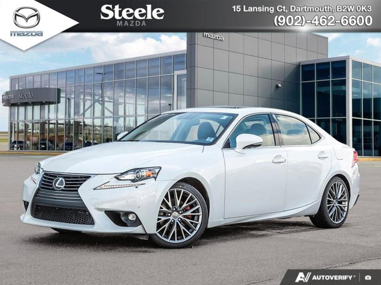 The 2015 Lexus IS 250 with 94,736 km has been reconditioned to meet Nova Scotia Motor Vehicle Inspection standards with an oil and filter change and a new vehicle battery. It has completed a full Nova Scotia Motor Vehicle Inspection, brake and tire measurements, a certified technician road test, and professional interior and exterior detailing. This All Wheel Drive sport sedan is powered by a 2.5L V6 DOHC 24-Valve engine with dual VVT-i and direct injection paired to a 6-Speed Automatic transmission, offering smooth, balanced performance. Finished in Ultra White with a black interior, the IS 250 includes leather upholstery, a power sunroof, heated front bucket seats, automatic headlights, dual zone climate control, and alloy wheels. CarFax reports one event totaling $1,703.00, and partial service records are available. For buyers comparing entry-luxury AWD sedans, this 2015 Lexus IS 250 presents a well-maintained example with recent service completed and inspection documentation available. We invite you to book a viewing and test drive to evaluate its condition and driving experience in person.