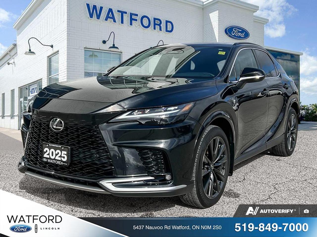 Experience refined luxury and advanced hybrid performance with this **2025 Lexus RX 350h F SPORT**, finished in sleek black and meticulously maintained by **one owner**. With only **47,802 km**, this premium SUV delivers the perfect blend of efficiency, power, and unmistakable F SPORT styling.

### Performance & Efficiency

Powered by Lexus advanced hybrid system, the RX 350h F SPORT offers responsive acceleration, smooth handling, and impressive fuel economy. The sport-tuned suspension and paddle shifters enhance driving dynamics, while the hybrid powertrain keeps fuel costs low without sacrificing performance.

### F SPORT Design

The bold black exterior is complemented by:

* Signature F SPORT mesh spindle grille
* Sport-inspired alloy wheels
* LED headlamps and taillights
* Aggressive body styling and aerodynamic accents

### Luxury Interior & Technology

Step inside a refined cabin featuring premium materials, F SPORT badging, and cutting-edge technology:

* Large touchscreen infotainment system
* Apple CarPlay & Android Auto
* Premium audio system
* Heated and ventilated sport seats
* Dual-zone climate control
* Advanced driver-assist and safety features

### Why Choose This 2025 Lexus RX 350h F SPORT?

  One Owner
  Only 47,802 km/  Hybrid fuel efficiency
  Sport performance package/  Luxury SUV reliability

This **2025 Lexus RX 350h F SPORT** offers the ideal combination of luxury, efficiency, and athletic styling. Perfect for drivers seeking a premium hybrid SUV with low kilometers and exceptional value.

Contact us today to schedule a test drive and experience Lexus performance at its finest.


REASONS TO BUY FROM WATFORD FORD
* Brake pads for life.
Receive free brake pads for life of your vehicle when you do all your regular service at 
Watford Ford.
* First oil change covered.
Return to Watford Ford for your complimentary first oil change with your New or Used 
vehicle.
* 1 year road hazard tire protection.
Nails, screws, glass, potholes&no worries. $250 coverage per tire for any road hazards.

 Secure-gard theft protection.
Four thousand dollars ($4,000) or fifty percent (50%) of Actual Cash Value of the Vehicle on the 
Date of Loss, whichever is less, in the event that your Vehicle is stolen and not recovered and 
deemed to be a total loss.