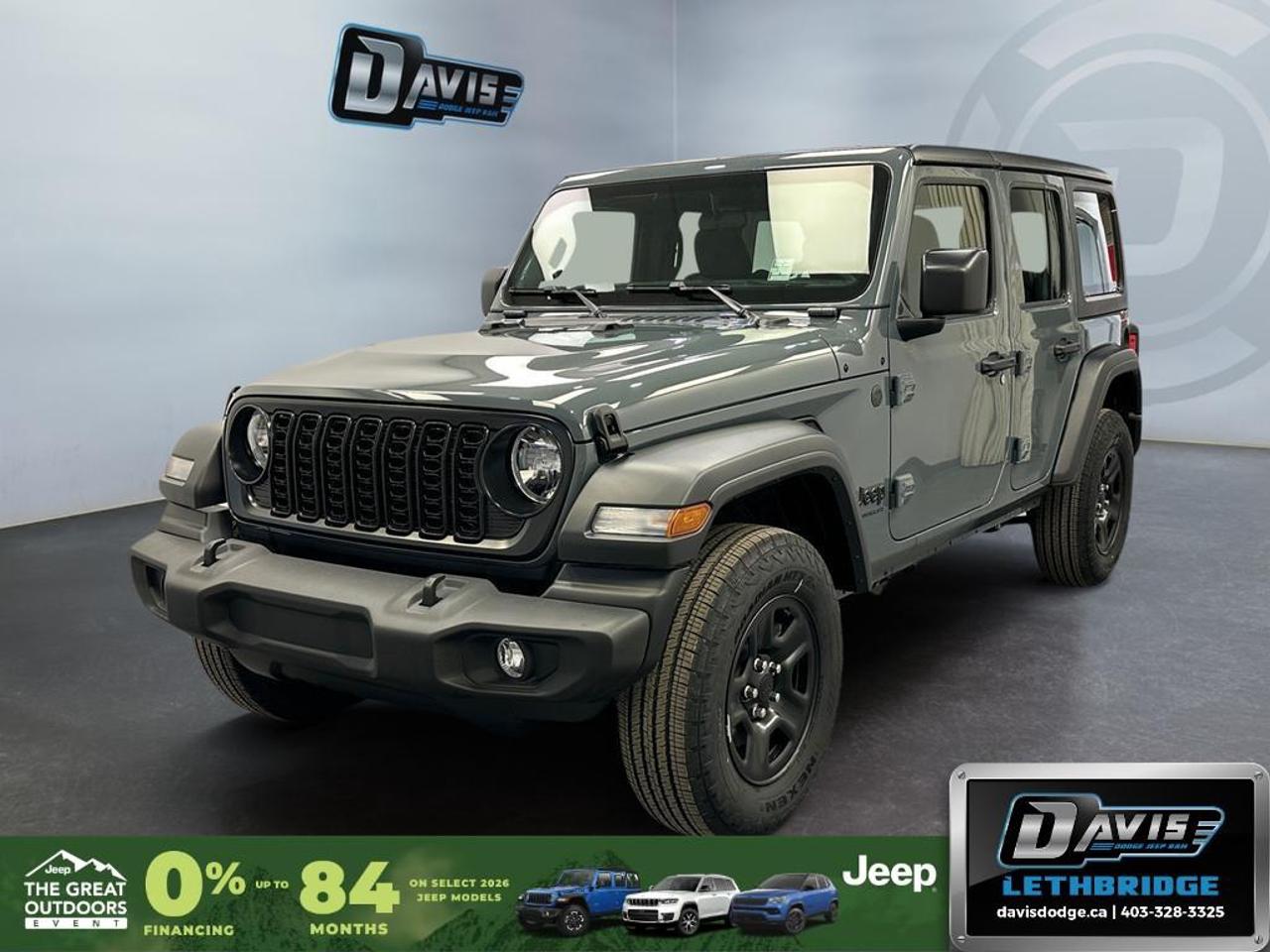 <b>Tow Hooks, Remote Keyless Entry, Wi-Fi Hotspot, Rear Camera!</b><br /> <br /> With unmistakable style and unmatched versatility, the 2026 Jeep Wrangler stands ready for every adventure you dare to take.<br /> <br />The 2026 Jeep Wrangler blends iconic design with modern innovation to deliver an unmatched driving experience on and off the road. Its durable build, open-air freedom, and advanced off-road systems make it the go-to SUV for those who live for adventure. With refined comfort, cutting-edge technology, and Jeeps legendary capability, the Wrangler remains the benchmark for authentic, all-terrain performance.<br /> <br />This Anvil SUV has an Automatic transmission and is powered by a 285HP 3.6L V6 Cylinder Engine. <br /> <br /> Our Wrangler's trim level is Sport. This off-road icon in the Sport trim comes standard with front and rear tow hooks, front fog lamps, and a manual convertible top with fixed rollover protection. Also standard include front and rear illuminated cupholders, air conditioning, an 8-speaker audio system, and a 12.3-inch infotainment screen powered by Uconnect 5W, with smartphone integration and mobile hotspot internet access. Additional features include cruise control, a rearview camera, and even more. This vehicle has been upgraded with the following features: Tow Hooks, Remote Keyless Entry, Wi-Fi Hotspot, Rear Camera.<br /><br /> <br />To apply right now for financing use this link: <a href=https://lethbridge.davisdodge.ca/free-credit-check/ target=_blank rel=nofollow noopener noreferrer>https://lethbridge.davisdodge.ca/free-credit-check/</a><br /> <br /><br />As a premier Chrysler, Dodge, Jeep and RAM dealership, Davis Dodge proudly offers an extensive selection of new and used vehicles to meet every drivers needs. Customers across Lethbridge, Fort Macleod, Taber, Claresholm, Coaldale, and beyond trust us for daily vehicle specials, certified service and parts, and a seamless online inventory experience. <br /><br /> With competitive financing options and expert support, we make car buying easy and enjoyable. <br /><br /> Ready to hit the road? Schedule your test drive today at Davis Dodge, your trusted Chrysler, Dodge, Jeep and RAM dealer in Lethbridge, Alberta.<br /><br /> Vehicle pricing offer shown expires 2026-06-30. <br /> Come by and check out our fleet of 60+ used cars and trucks and 100+ new cars and trucks for sale in Lethbridge. o~o
