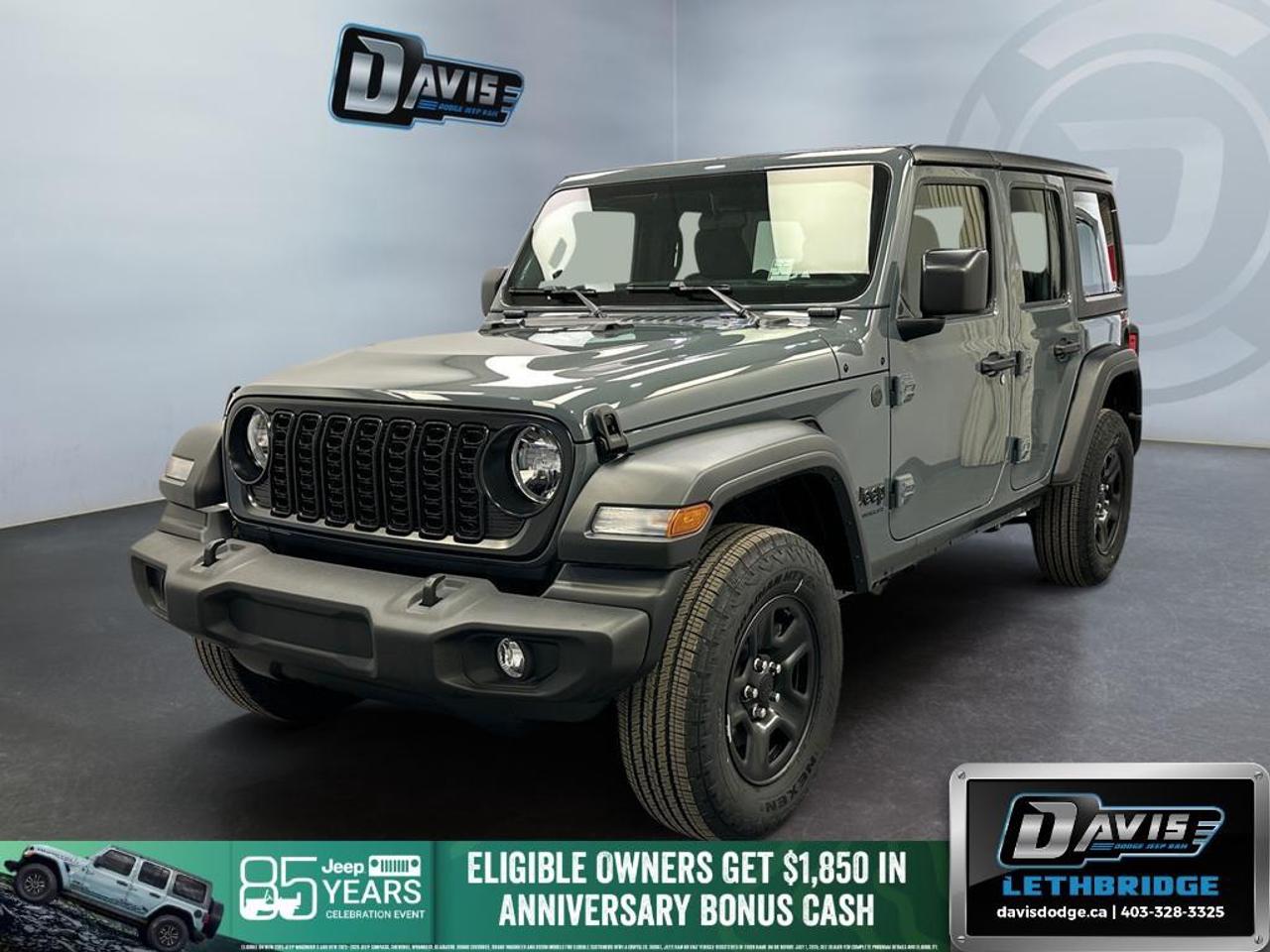 <b>Tow Hooks, Remote Keyless Entry, Wi-Fi Hotspot, Rear Camera!</b><br /> <br /> Inside, youll find a rugged yet comfortable cabin equipped with modern technology and intuitive controls for every journey.<br /> <br />The 2026 Jeep Wrangler blends iconic design with modern innovation to deliver an unmatched driving experience on and off the road. Its durable build, open-air freedom, and advanced off-road systems make it the go-to SUV for those who live for adventure. With refined comfort, cutting-edge technology, and Jeeps legendary capability, the Wrangler remains the benchmark for authentic, all-terrain performance.<br /> <br />This Anvil SUV has an Automatic transmission and is powered by a 285HP 3.6L V6 Cylinder Engine. <br /> <br /> Our Wrangler's trim level is Sport. This off-road icon in the Sport trim comes standard with front and rear tow hooks, front fog lamps, and a manual convertible top with fixed rollover protection. Also standard include front and rear illuminated cupholders, air conditioning, an 8-speaker audio system, and a 12.3-inch infotainment screen powered by Uconnect 5W, with smartphone integration and mobile hotspot internet access. Additional features include cruise control, a rearview camera, and even more. This vehicle has been upgraded with the following features: Tow Hooks, Remote Keyless Entry, Wi-Fi Hotspot, Rear Camera.<br /><br /> <br />To apply right now for financing use this link: <a href=https://lethbridge.davisdodge.ca/free-credit-check/ target=_blank rel=nofollow noopener noreferrer>https://lethbridge.davisdodge.ca/free-credit-check/</a><br /> <br /><br />As a premier Chrysler, Dodge, Jeep and RAM dealership, Davis Dodge proudly offers an extensive selection of new and used vehicles to meet every drivers needs. Customers across Lethbridge, Fort Macleod, Taber, Claresholm, Coaldale, and beyond trust us for daily vehicle specials, certified service and parts, and a seamless online inventory experience. <br /><br /> With competitive financing options and expert support, we make car buying easy and enjoyable. <br /><br /> Ready to hit the road? Schedule your test drive today at Davis Dodge, your trusted Chrysler, Dodge, Jeep and RAM dealer in Lethbridge, Alberta.<br /><br /> Vehicle pricing offer shown expires 2026-07-31. <br /> Come by and check out our fleet of 50+ used cars and trucks and 110+ new cars and trucks for sale in Lethbridge. o~o
