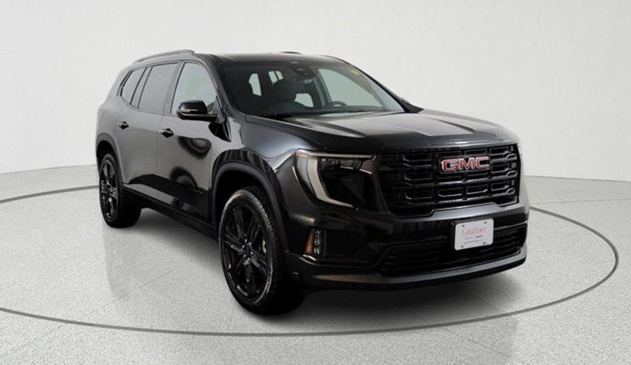 The 2026 Acadia Elevation impresses as a well-rounded, feature-rich 3-row SUV that seats up to eight and packs a spicy 2.5L turbocharged engine with 328 hp and 326 lb-ft of torque, paired to an 8-speed automatic transmission and offering a generous 5,000-lb towing capability. Inside, it delivers advanced tech including a 15-inch infotainment touchscreen with Google built-in, an 11-inch digital driver information center, Bose 12-speaker audio, heads-up display and a sunroof. Its eauipped with over 19 standard safety and driver-assist features. Its standout practicality continues outside with an AutoSense hands-free power liftgate, 18-inch Grazen-metallic aluminum wheels and an ensemble of exterior black roof rails and trim elements.