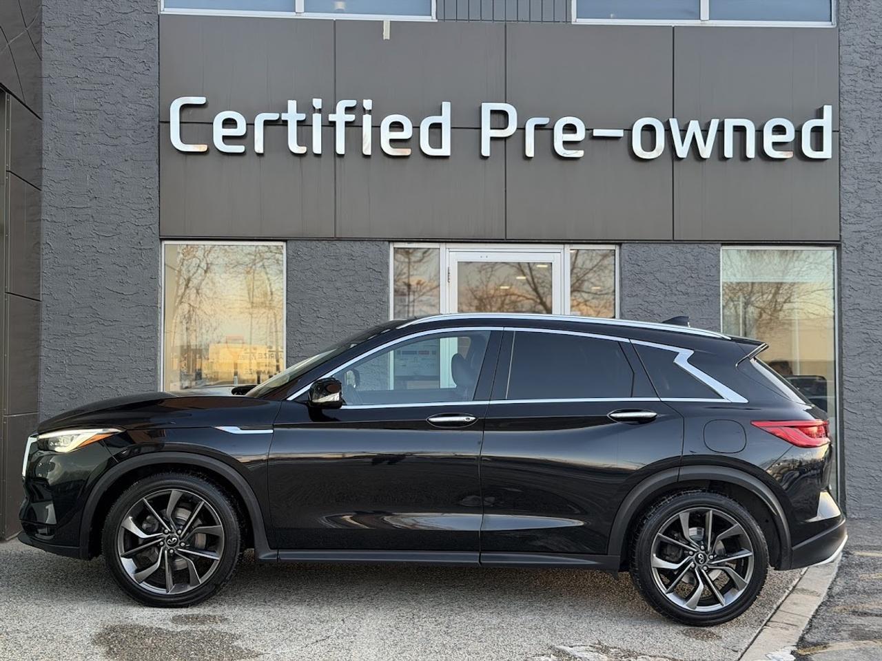 This ONE OWNER ACCIDENT FREE LOW KM Infiniti QX50 SENSORY comes fully loaded with a reliable and responsive 2.0L TURBOCHARGED motor, automatic transmission with selectable drive modes, an impressive ALL WHEEL DRIVE system, 20-inch alloy wheels, automatic LED headlights, front & rear parking sensors, premium 16-speaker BOSE sound system, Heads Up Display, heated / cooled power leather seats with memory, suede headliner, tri-zone automatic climate control, NAVIGATION system, 360-degree parking camera, PANORAMIC ROOF, LED fog lights, factory remote starter, auto dimming rearview mirror, adaptive cruise control, Blind Spot Detection system, Lane Keep Assist, APPLE CARPLAY / ANDROID AUTO, Forward Collision Mitigation, Lane Departure Warning and much more!!!<p>This ONE OWNER ACCIDENT FREE LOW KM Infiniti QX50 SENSORY comes fully loaded with a reliable and responsive 2.0L TURBOCHARGED motor</p>