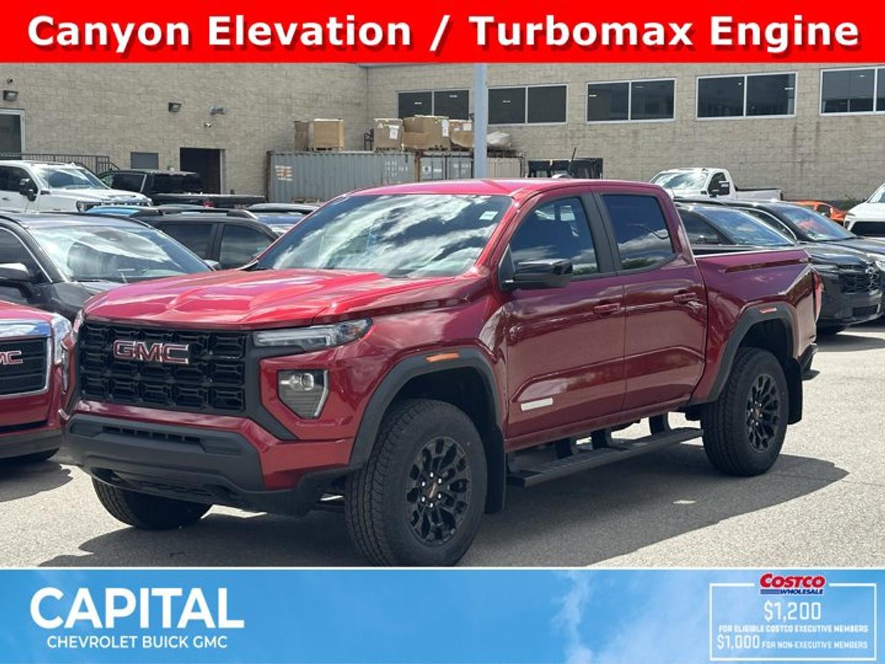 This GMC Canyon delivers a Turbocharged Gas I4 2.7L/ engine powering this Automatic transmission. VOLCANIC RED TINTCOAT, TRANSMISSION, 8-SPEED AUTOMATIC, 8L80 (STD), REAR AXLE, 3.42 RATIO.*This GMC Canyon Comes Equipped with These Options *LPO, BLACK ASSIST STEP (dealer-installed), LPO, ALL-WEATHER FLOOR LINER, 1ST AND 2ND ROWS includes GMC logo, (dealer-installed), ENGINE, TURBOMAX (310 hp [231 kW] @ 5600 rpm, 430 lb-ft of torque [583 Nm] @ 3000 rpm) (STD), ENGINE BLOCK HEATER, ELEVATION PREFERRED EQUIPMENT GROUP includes standard equipment, 3 YEARS SIRIUSXM, Wireless Apple CarPlay/Wireless Android Auto, Windows, remote Express-Down, all windows, Windows, power with driver Express-Up and Down, Windows, power rear, express down.* Stop By Today *Come in for a quick visit at Capital Chevrolet Buick GMC Inc., 13103 Lake Fraser Drive SE, Calgary, AB T2J 3H5 to claim your GMC Canyon!