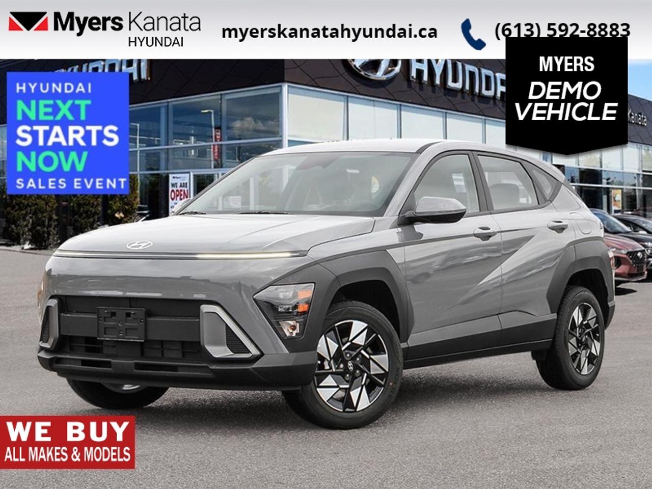<b>Heated Seats,  Adaptive Cruise Control,  Heated Steering Wheel,  Remote Start,  Lane Keep Assist!</b><br> <br> With incredible safety features that help you stay on the road, this Kona lets you get further and see more than ever before.<br> <br>With more versatility than its tiny stature lets on, this Kona is ready to prove that big things can come in small packages. With an incredibly long feature list, this Kona is incredibly safe and comfortable, compatible with just about anything, and ready for lifes next big adventure. For distilled perfection in the busy crossover SUV segment, this Kona is the obvious choice.<br> <br>This Cyber Gry coupe has an Automatic transmission and is powered by a 147HP 2.0L 4 Cylinder Engine. <br> <br> Our Konas trim level is Preferred AWD. This all-wheel-drive SUV offers a confident blend of capability, comfort, and technology designed for modern driving. Its sleek body-colored design with black accents and deep-tinted glass gives it a bold, contemporary presence, while the interior features heated front seats, a heated leather steering wheel, and smart connectivity through a 12.3-inch touchscreen with Apple CarPlay, Android Auto, and remote start. Advanced driver assists like Forward Collision Avoidance, Blind-Spot Collision Warning, and Lane Keep Assist enhance safety and confidence on every journey. With its refined handling, spacious cabin, and seamless tech integration, this vehicle delivers a smooth and secure driving experience for any road ahead. This vehicle has been upgraded with the following features: Heated Seats, Adaptive Cruise Control, Heated Steering Wheel, Remote Start, Lane Keep Assist, Collision Mitigation. This is a demonstrator vehicle driven by a member of our staff, so we can offer a great deal on it.<br><br> <br>To apply right now for financing use this link: <a href=https://www.myerskanatahyundai.com/finance/ target=_blank>https://www.myerskanatahyundai.com/finance/</a><br> <br/>This vehicle may qualify for $500 Military Program Bonus. 5.99% financing for 96 months. <br> Buy this vehicle now for the lowest weekly payment of <b>$119.02</b> with $0 down for 96 months @ 5.99% APR O.A.C. ( Plus applicable taxes - $2596 and licensing fees **Rebates may not be applicable on all purchase types [cash, lease, or finance]. Eligibility and conditions may vary. Please see dealer for full details and confirmation of eligibility. ). Incentives expire 2026-08-31. See dealer for details. <br><br>This vehicle is located at Myers Kanata Hyundai 400-2500 Palladium Dr Kanata, Ontario. <br><br> Come by and check out our fleet of 40+ used cars and trucks and 190+ new cars and trucks for sale in Kanata.  o~o